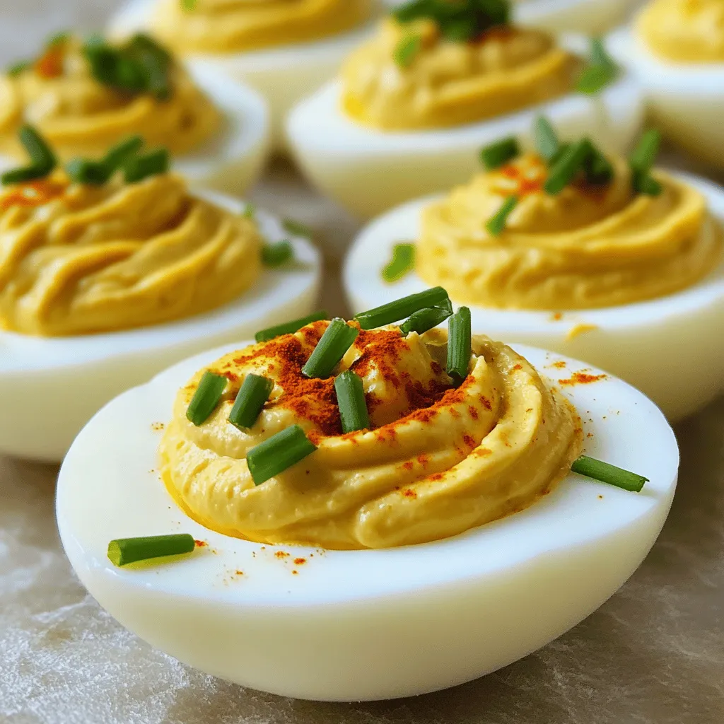 To make classic deviled eggs, you need a few simple ingredients. Here’s what you’ll need: - 6 large eggs - 3 tablespoons mayonnaise - 1 teaspoon Dijon mustard - 1 teaspoon apple cider vinegar - Salt and pepper to taste - 1/4 teaspoon smoked paprika - 1 tablespoon fresh chives, finely chopped - 1 tablespoon dill pickles, finely diced These ingredients create a creamy and tasty filling that packs a flavor punch. You can make your deviled eggs even more appealing with fun garnishes. Here are some ideas: - Extra smoked paprika for a pop of color - Fresh chives or parsley for a fresh look - A slice of olive or a caper on top - Crispy bacon bits for crunch These garnishes add flavor and make your dish stand out. You can customize your deviled eggs based on what you have at home. Try these swaps: - Use Greek yogurt instead of mayonnaise for a lighter option - Swap Dijon mustard for yellow mustard if you prefer a milder taste - Use vinegar options, like white wine or lemon juice, if you don’t have apple cider vinegar Each substitution can give your deviled eggs a new twist. Check out the Full Recipe for more details on making this classic dish! Start by placing the eggs in a saucepan. Cover them with cold water. Make sure there’s at least an inch of water above the eggs. Bring the water to a boil over medium-high heat. Once it boils, cover the saucepan and remove it from heat. Let the eggs sit for 12 minutes. This step is key for perfect yolks. After 12 minutes, move the eggs to a bowl of ice water. Let them cool for about 5 minutes. This helps keep the yolks bright and makes peeling easier. Now, peel the eggs carefully. Tap each egg on a flat surface to crack the shell. Peel under running water for a smoother process. Cut each egg in half lengthwise. Gently scoop out the yolks into a mixing bowl. Mash the yolks with a fork until they are crumbly. Add the mayonnaise, Dijon mustard, apple cider vinegar, salt, pepper, smoked paprika, chopped chives, and dill pickles. Mix everything until creamy. Taste and adjust the seasoning if needed. This filling is where the magic happens! Grab your egg white halves and fill them with the yolk mixture. You can use a spoon or a piping bag for this. A piping bag gives a nice touch. If you want a fancy look, use a star tip. Once filled, sprinkle a pinch of smoked paprika on top. Add extra chives for color and flavor. Arrange the deviled eggs on a platter. They are now ready to serve! For the full recipe, you can refer back to the section above. Enjoy your tasty creation! To cook eggs just right, start with cold water. Place eggs in a pot and cover them with water. Heat the pot on medium-high until it boils. Once it boils, cover the pot and remove it from heat. Let the eggs sit for 12 minutes. This method helps avoid green yolks. After 12 minutes, cool the eggs in ice water for five minutes. This step makes them easier to peel. Peeling eggs can be tricky. To make it easier, crack the shell gently. Roll each egg on a flat surface to break the shell. Then, peel them under running water. The water helps loosen any bits of shell that stick. Older eggs tend to peel better than fresh ones. If you plan ahead, buy eggs a week in advance. Presentation matters when serving deviled eggs. After you fill the egg whites, use a piping bag for a fancy touch. A star tip creates a nice swirl. For color, sprinkle smoked paprika on top. Fresh chives also add a pop of green. Arrange the eggs on a nice platter for a stunning display. Your guests will love the look as much as the taste! {{image_2}} Want a kick? Add spice to your deviled eggs. Mix in some hot sauce or cayenne pepper. You can also use jalapeño or sriracha in the filling. Adjust the amount based on your taste. Start with a small amount and add more if needed. The heat balances nicely with the creamy yolk mixture. Serve these at parties for a fun twist. Avocado brings a creamy texture to your deviled eggs. Mash ripe avocado with the yolks. Skip the mayonnaise for a healthier option. Combine it with lime juice, salt, and pepper for flavor. You can also add garlic powder for an extra kick. These eggs look great with a green hue and taste fresh and vibrant. Bacon and cheddar make a classic combo. Chop crispy bacon and mix it into your yolk filling. Grate some sharp cheddar cheese and add it in too. This gives your deviled eggs a savory, rich flavor. Top with extra bacon bits or cheese for a tasty touch. Everyone loves these at gatherings. They add a hearty twist that’s hard to resist. For more ideas, check the Full Recipe for classic deviled eggs. To store your leftover deviled eggs, place them in an airtight container. This keeps them fresh longer. If you have a plate of deviled eggs, cover it tightly with plastic wrap. Make sure they stay chilled in the fridge. They usually taste best within three days. I do not recommend freezing deviled eggs. Freezing changes their texture. The egg whites may become rubbery and watery. If you want to prepare in advance, make the filling only. Store it in the fridge. Fill the eggs just before serving. To keep deviled eggs fresh, avoid letting them sit out too long. The longer they sit, the more the flavors fade. If you are serving them at a party, keep them on ice. This helps maintain their coolness and taste. Always use fresh eggs for the best flavor. For more details, check the Full Recipe. Deviled eggs can last for about three to four days in the fridge. Make sure to store them in an airtight container. This keeps them fresh and tasty. If you notice any off smell or change in texture, it's best to toss them. Yes, you can make deviled eggs ahead of time. Prepare them a day before your event. Store them in the fridge until you're ready to serve. Just add the garnishes right before serving for the best look. If you want a mayo substitute, try Greek yogurt or mashed avocado. Both options add creaminess and flavor. You can also use hummus for a different twist. Just mix your chosen substitute with the yolks and season as usual. Deviled eggs are easy and fun to make. We explored the key ingredients, like the classic filling and tasty garnishes. I shared step-by-step instructions to guide you through preparing and assembling them. Useful tips can help you cook eggs perfectly and peel them smoothly too. You can even try spicy or avocado variations for a twist. Remember to store leftovers safely to enjoy later. No matter how you make them, deviled eggs are sure to impress! Enjoy your cooking and share these tasty treats with others.