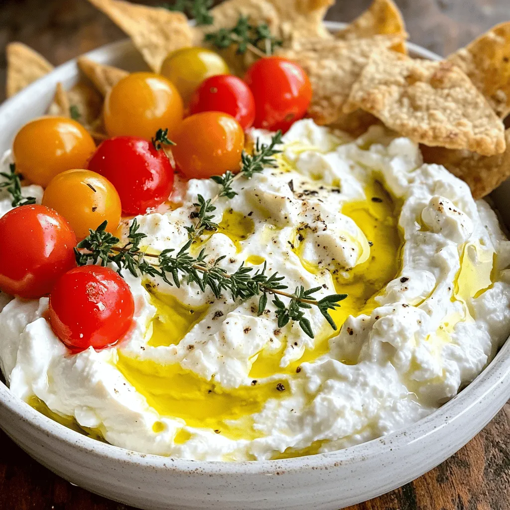- 1 cup feta cheese, crumbled - 1/2 cup cream cheese, softened - 1/4 cup Greek yogurt These three ingredients form the base of the whipped feta dip. Feta cheese gives it a rich, tangy taste. Cream cheese adds a smooth, creamy texture. Greek yogurt brings a bit of tang and lightness. Together, they create a wonderful blend that makes your dip stand out. - 2 tablespoons olive oil - 1 tablespoon lemon juice - 2 cloves garlic, minced You can add these optional ingredients to enhance the dip. Olive oil adds richness, making the dip silkier. Lemon juice gives a bright, fresh note. Minced garlic adds a punch of flavor. These ingredients are not required, but they boost the taste and add depth. - 1 teaspoon fresh thyme leaves (or 1/2 teaspoon dried) - Salt and pepper to taste - Optional toppings: cherry tomatoes, olives, or fresh herbs Seasonings make your dip pop. Fresh thyme adds an earthy note. Salt and pepper bring out all the flavors. Toppings like cherry tomatoes or olives add color and crunch. Fresh herbs can brighten the dish, making it more inviting. For the full recipe, check out the Whipped Feta Delight Dip section. Enjoy creating this tasty and simple appetizer! Combining the cheeses First, grab a large mixing bowl. Add 1 cup of crumbled feta cheese, 1/2 cup of softened cream cheese, and 1/4 cup of Greek yogurt. These three cheeses create the base for your dip. Their textures blend well together. Blending process Now, use an electric mixer or a food processor. Blend the cheeses for about 2-3 minutes. You want a creamy and smooth texture. This step is key to making the dip light and airy. Incorporating olive oil and lemon juice Next, add 2 tablespoons of olive oil and 1 tablespoon of lemon juice. These ingredients brighten the flavors. They add richness and zest, making your dip taste fresh. Mixing in garlic and thyme Then, add 2 cloves of minced garlic and 1 teaspoon of fresh thyme leaves. If you use dried thyme, just 1/2 teaspoon will work. Mix everything until it's well combined and fluffy. The garlic and thyme add a lovely aroma and taste. Adjusting seasoning After mixing, taste your dip. Add salt and pepper to your liking. It’s important to get the flavors just right. Don’t be shy about adjusting the seasoning. Serving presentation Transfer the whipped feta dip to a nice serving bowl. If you like, make a small well in the center. Drizzle a bit more olive oil in the well for extra richness. Top with cherry tomatoes, olives, or fresh herbs for a splash of color and flavor. Enjoy this whipped feta dip with pita chips, fresh veggies, or crusty bread for a delightful treat. For the complete recipe, check out the Full Recipe. To get that smooth and creamy dip, choose your blender wisely. I prefer using a food processor. It blends the feta, cream cheese, and yogurt well. If you use a hand mixer, you may not get the same result. For a lusciously creamy dip, blend the cheeses for at least 2-3 minutes. This helps whip air into the mix, giving it that lovely fluffiness. Want to spice things up? Try adding fresh herbs. Basil, dill, or oregano work well. You can also add spices like paprika or a pinch of cayenne for heat. If you want a twist, consider using goat cheese instead of feta. It brings a different taste while still being creamy. When it's time to serve, think about what to dip. Pita chips are a classic choice. Fresh veggies like carrots or cucumbers also pair nicely. If you want to impress, serve it with some crusty bread. For drinks, a crisp white wine or sparkling water complements the dip perfectly. This dip shines at parties and gatherings, making it a crowd favorite. Check out the Full Recipe for more details! {{image_2}} Whipped feta dip is easy to customize. If you want a dairy-free option, try using a plant-based cream cheese. You can also swap feta for a dairy-free feta. This keeps the dip creamy while catering to dietary needs. For alternative flavors, add spices like cayenne pepper for a kick. You can mix in smoked paprika for a savory taste. These changes will give your dip a new twist. To make a Mediterranean-style dip, add chopped sun-dried tomatoes. These add a rich flavor and a burst of color. You can also include sliced olives for a briny touch. Both ingredients bring the essence of the Mediterranean right to your table. If you want to try something different, think about themed variations. You could make a Greek-inspired version by adding oregano and lemon zest. This gives a fresh and zesty note that pairs well with the feta. Seasonal ingredients can elevate your whipped feta dip. In spring, add fresh herbs like basil or dill. These herbs brighten the dip and add a fresh taste. For fall, roasted garlic works wonders. It adds a warm, sweet flavor that complements the rich feta. Just roast the garlic until soft, then blend it into the dip for a cozy twist. These variations make whipped feta dip fun and exciting. Use the full recipe to try out these ideas and create your perfect version! To keep whipped feta dip fresh, store it in an airtight container. This will help keep out air and moisture. Always place it in the fridge right after serving. If you do this, the dip stays good for about 3 to 5 days. Check for any changes in smell or color before eating. If it looks or smells off, it's best to toss it. Can you freeze whipped feta dip? Yes, you can freeze it! However, the texture may change once thawed. To freeze, place the dip in a freezer-safe container. Leave some space at the top for expansion. It can last up to 2 months in the freezer. When you’re ready to eat it, thaw it overnight in the fridge. You can serve whipped feta dip cold or warm. If you prefer it warm, gently reheat it in a saucepan over low heat. Stir it often to avoid burning. You can also microwave it for just a few seconds. Check it often to get the right warmth without cooking it further. Enjoy it with pita chips or fresh veggies! Can I make whipped feta dip ahead of time? Yes, you can make this dip a day in advance. Store it in the fridge. This helps the flavors blend well. Just cover it tightly with plastic wrap. When you're ready to serve, give it a quick stir. It will still taste fresh and delicious. What can I substitute for feta cheese? If you can't find feta, try using goat cheese. It has a similar tangy flavor. You can also use ricotta for a milder taste. Just remember, the texture may change a bit. Adjust other ingredients if needed. What goes best with whipped feta dip? Pita chips are my favorite choice. Fresh veggies like carrots and cucumbers also work well. You can even serve it with crusty bread. The dip's creaminess pairs nicely with these dippers. How to serve it visually appealing? To make it look great, use a nice serving bowl. Drizzle olive oil on top for shine. Adding colorful toppings like cherry tomatoes or herbs makes it pop. Arrange your dippers around the bowl for a nice display. What’s the best way to adjust the dip's creaminess? To change the creaminess, add more cream cheese or Greek yogurt. If it’s too thick, a splash of olive oil helps. Mix well after each addition until you reach your desired texture. How is this dip different from regular feta spreads? This dip is lighter and airier than a regular feta spread. Blending makes it fluffy. The addition of cream cheese and yogurt gives it a unique twist. This mix makes it perfect for dipping and spreading. For more details, check out the Full Recipe. To make the perfect whipped feta dip, gather your main ingredients: feta cheese, cream cheese, and Greek yogurt. Blend them together for a creamy base, then add flavors like olive oil, lemon juice, and garlic. Remember to season well and garnish with fresh herbs and toppings. You can explore variations to suit your taste, from Mediterranean themes to seasonal twists. Store leftovers wisely and consider freezing for later use. This dip is versatile and pairs well with many snacks. Now, you have an easy, delicious dip for any occasion. Enjoy your culinary creation!