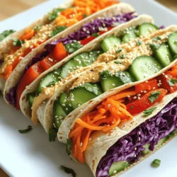 For my Rainbow Veggie Wraps, I use a mix of fresh and vibrant veggies. Here’s what you need: - 4 large whole wheat tortillas - 1 cup hummus (any flavor) - 1 cup shredded carrots - 1 cup red bell pepper, thinly sliced - 1 cup cucumbers, julienned - 1 cup purple cabbage, shredded - 1 ripe avocado, sliced - 1 cup fresh spinach leaves These veggies bring color and crunch to the wraps. Each one adds its own flavor and texture. The whole wheat tortillas hold everything together and provide fiber. You can add more flavor with some optional ingredients. Here are a few ideas: - 2 tablespoons sesame seeds (optional) - Salt and pepper to taste - Fresh herbs like cilantro or basil for garnish (optional) Feel free to mix in your favorite herbs or spices. This step can make your wrap even more special. These Rainbow Veggie Wraps are not only tasty, but they are also good for you. Here’s a quick look: - High in vitamins from fresh veggies - Good source of healthy fats from avocado - Rich in fiber from whole wheat tortillas Each wrap is a balanced meal. They provide energy and nutrients to keep you feeling great. This recipe is a fun way to enjoy healthy eating! For the complete recipe, check the [Full Recipe]. To make rainbow veggie wraps, start with fresh ingredients. Gather your veggies and wash them well. Slice the cucumbers into thin strips. Shred the carrots and purple cabbage. Thinly slice the red bell pepper and the ripe avocado. I like to keep everything in separate bowls. This way, it’s easy to grab what I need. It keeps my workspace neat and organized, too. Now, lay out your whole wheat tortillas on a clean surface. Spread a generous layer of hummus on each tortilla, leaving a little space at the edges. I love using different hummus flavors for fun. Next, add your layers of veggies. Start with a handful of fresh spinach leaves. Then, add the shredded carrots, red bell pepper slices, cucumber strips, purple cabbage, and avocado slices. Don’t forget to sprinkle a pinch of salt and pepper for taste. If you want a little crunch, add sesame seeds on top. Once you’ve rolled the wraps, slice each one in half at a diagonal. This makes them look nice and colorful. Arrange the wraps on a plate. If you have fresh herbs like cilantro or basil, add them for a pop of color. These wraps are perfect for lunch or a light snack. They are fresh, healthy, and fun to eat. For the full recipe, check the ingredients and instructions above! To roll wraps well, start with a flat tortilla. Spread hummus evenly, leaving space at the edges. Place your veggies in a line, but do not overfill. Roll from one end tightly, tucking in the sides as you go. This keeps all the yummy fillings inside. Practice makes it easier, so don’t worry if it isn’t perfect at first. If you have extra wraps, wrap them tightly in plastic. This keeps them fresh and tasty. Store them in the fridge for up to two days. If you won’t eat them soon, consider freezing. Just make sure to wrap them well to avoid freezer burn. To impress, cut your wraps at a diagonal. This shows off the colorful layers. Place them on a bright plate for a lovely look. You can drizzle some extra hummus or a dressing on top. Adding fresh herbs as a garnish makes it pop even more. These little touches make your meal feel special. {{image_2}} You can change the veggies in your wraps. Try using zucchini, yellow squash, or radishes. These add crunch and taste. For protein, add grilled chicken, tofu, or chickpeas. These options boost nutrition and flavor. You can also use sprouts for an extra bite. Mix and match to find your favorites. If you need gluten-free wraps, use corn tortillas or large lettuce leaves. Both options work great and keep the wraps light. Check the labels to ensure they are gluten-free. These wraps are still colorful and tasty. You won’t miss the gluten! Dressing can bring your wraps to life. Try a simple yogurt sauce or a tangy vinaigrette. You can also dip your wraps in salsa or guacamole. Each dip adds a fun twist. Experiment with flavors to find what you love. Check out the Full Recipe for more tasty ideas! Store your rainbow veggie wraps in the fridge. Wrap each one in plastic wrap. This keeps them fresh and prevents them from drying out. Place them in an airtight container if you have one. Enjoy them within a few days for the best flavor. If you have extra veggies, store them in a separate container. This stops them from getting soggy. You can freeze these wraps, but they will change. To freeze, wrap each one tightly in plastic wrap. Place them in a freezer-safe bag or container. They last up to three months in the freezer. When you are ready to eat, thaw them in the fridge overnight. You might want to freshen them up with more veggies or hummus. The shelf life varies for each ingredient. Hummus lasts about a week in the fridge. Fresh veggies like spinach and bell peppers stay good for about five days. Avocados should be used quickly, as they can brown fast. Plan your wraps around what you have on hand. This way, nothing goes to waste. For the full recipe, check out the Rainbow Veggie Wraps section above. To make rainbow veggie wraps healthier, focus on fresh, whole ingredients. Use more greens like kale or arugula. You can add protein too, like chickpeas or grilled chicken. Opt for low-fat hummus to cut calories. You may also skip the sesame seeds if you want fewer fats. Lastly, watch your portion sizes to keep them light and nutritious. Yes, you can use many types of tortillas! Whole wheat is great, but corn, spinach, or even gluten-free wraps work well too. Just make sure the tortillas are large enough to hold all the filling. Each type brings a unique flavor and texture to the wraps. If you want a substitute for hummus, try avocado spread. It adds creaminess and healthy fats. You can also use Greek yogurt or a bean spread. Another tasty option is a light cream cheese. Each of these options keeps the wrap moist and delicious. Rainbow veggie wraps last about 3 days in the fridge. Make sure to wrap them tightly in plastic wrap or foil. This keeps them fresh and prevents them from drying out. If you notice any wilting, eat them sooner for the best taste. Yes, adding fruit can enhance the flavor! Sliced apples or pears give a nice crunch. You might also try mango or strawberries for a sweet twist. Just be careful with juicy fruits, as they can make the wraps soggy. Absolutely! You can prep the veggies and spread the hummus in advance. Just roll them just before serving. This keeps the wraps fresh and crisp. If you make them a day ahead, store them in the fridge with parchment paper between layers to prevent sticking. Fresh herbs like cilantro or basil are perfect for wraps. They add bright flavors and freshness. You can also try dill or parsley for a different taste. Experiment with your favorite herbs to find the combination you love best. Kids can certainly help! It’s a fun activity for them. They can wash veggies, spread hummus, and layer the fillings. This is a great way to teach kids about healthy eating while having fun together in the kitchen. In this blog post, we explored how to create tasty rainbow veggie wraps. We discussed colorful vegetable choices, optional seasonings, and vital nutrition facts. You learned step-by-step instructions for prep, assembly, and slicing. We shared tips for making perfect wraps and storing leftovers. You can even try different veggies, proteins, and dips for variety. Remember, these wraps can be both fun and healthy. Enjoy making them your own, and don’t forget to have fun while eating bright, delicious food!