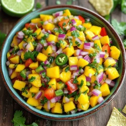 - 2 ripe mangos, peeled and diced - 1 small red onion, finely chopped - 1 red bell pepper, diced - 1 jalapeño pepper, seeded and minced - 2 tablespoons fresh lime juice - 1 tablespoon honey or agave syrup - 1/4 cup fresh cilantro, chopped - Salt and pepper to taste Mango salsa is a tasty and healthy choice. Mangos are rich in vitamins A and C. These vitamins help boost the immune system and improve skin health. The fresh cilantro adds antioxidants, while lime juice aids digestion. Plus, this salsa is low in calories and full of fiber. This makes it a great snack for any meal. You can enjoy it with tortilla chips or on grilled meats. The balance of sweet and spicy makes it a must-try! For the full recipe, check out my detailed instructions. First, take a medium bowl. Combine the diced mango, red onion, and red bell pepper. Use a gentle mixing motion to blend them together. This helps keep the mango intact. Next, it’s time to add the jalapeño. Adjust the amount based on your spice preference. If you like heat, add more; if not, use less. Now, drizzle fresh lime juice over the mixture. Lime juice adds a bright flavor. If you prefer sweetness, add honey or agave syrup. Stir well to coat all the fruits and veggies evenly. After that, fold in the chopped cilantro. This adds a fresh taste. Season with salt and pepper to your liking. Be careful not to mash the salsa; it should stay chunky. Let the salsa sit at room temperature for about 15 minutes. This step allows the flavors to meld together beautifully. For serving, enjoy it chilled or at room temperature. It pairs well with tortilla chips, grilled fish, or chicken. For the full recipe, check out the details above. Enjoy your fresh and flavorful spicy mango salsa! To pick ripe mangos, look for skin that is slightly soft when you press it. You want a mango that gives a little but isn’t mushy. The color can vary, so keep that in mind. If you can’t find fresh mangos, try frozen ones. They work well in salsa too. You can control the heat in your salsa. Start with a small jalapeño and taste it. If you want more heat, add more jalapeño or try a serrano pepper for extra kick. Peppers vary in spice, so experiment to find what you like best. Spicy mango salsa pairs great with tortilla chips. You can also serve it on top of grilled chicken or fish. Try it as a topping for tacos or burritos for a refreshing twist. For a fun twist, use it as a salad dressing or mix it into yogurt. Enjoy the burst of flavors! {{image_2}} You can give your salsa a fun twist with other fruits. Adding pineapple or kiwi makes it sweeter. Simply chop them up and mix them in. Other tropical fruits, like papaya or passion fruit, work well too. Each fruit adds its own flavor, making the salsa unique. Want more depth in your salsa? Try adding spices like cumin or garlic. Cumin gives a warm, earthy taste. Garlic adds a nice punch. Both elevate the overall flavor. You can also use fresh herbs, like mint or basil. They add a refreshing note and pair well with mango. Making the salsa vegan-friendly is easy! Use honey alternatives like agave syrup. This keeps the sweetness without using animal products. For gluten-free options, this salsa is naturally gluten-free. Pair it with corn tortilla chips for a perfect snack. Enjoy it guilt-free with any meal! Store your spicy mango salsa in an airtight container. Glass or plastic jars work well. These containers help keep the salsa fresh longer. Make sure to press out any air before sealing. This keeps the flavors intact and stops spoilage. Spicy mango salsa lasts about 3 to 5 days in the fridge. Keep it cold and covered. For long-term storage, you can freeze it. Use a freezer-safe bag or container. It can last up to 3 months in the freezer. You can get creative with leftover salsa! Use it on tacos or grilled meats. Mix it into rice or quinoa for added flavor. Try it as a topping on nachos for a tasty snack. The options are endless, making salsa a fun addition to many meals. For the full recipe, see above. To ripen mangos, put them in a paper bag. The bag keeps in the gas that helps them ripen. You can add an apple or banana to speed up this process. Leave the bag at room temperature for a few days. Check the mangos daily. When they feel soft but not mushy, they are ripe and ready to eat. Yes, you can make spicy mango salsa ahead of time. It tastes even better after resting. Make it a few hours before serving. Just cover it and chill in the fridge. The flavors will blend nicely. However, avoid making it too far in advance, as the mango might become mushy. To make the salsa less spicy, remove the seeds from the jalapeño. You can also use less jalapeño or substitute it with a milder pepper. Bell peppers are a great option. They add crunch without the heat. Taste as you go to find the right balance for your taste buds. Spicy mango salsa pairs well with many dishes. It complements grilled chicken and fish beautifully. You can also serve it with tortilla chips for a tasty snack. Try it on tacos or in a salad for an extra flavor boost. The fresh flavors make any meal feel special. In this blog post, we explored the vibrant world of spicy mango salsa. We covered the key ingredients, from ripe mangos to fresh cilantro. You learned step-by-step instructions for preparation and mixing. I shared tips for adjusting spice levels and serving suggestions. Variations with tropical fruits and spices added more flair. Lastly, we discussed storage tips, ensuring your salsa stays fresh. Spicy mango salsa is not only simple to make but also full of flavor. Enjoy your tasty creation!