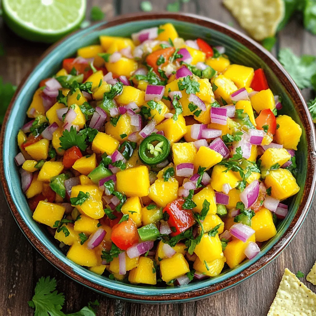 - 2 ripe mangos, peeled and diced - 1 small red onion, finely chopped - 1 red bell pepper, diced - 1 jalapeño pepper, seeded and minced - 2 tablespoons fresh lime juice - 1 tablespoon honey or agave syrup - 1/4 cup fresh cilantro, chopped - Salt and pepper to taste Mango salsa is a tasty and healthy choice. Mangos are rich in vitamins A and C. These vitamins help boost the immune system and improve skin health. The fresh cilantro adds antioxidants, while lime juice aids digestion. Plus, this salsa is low in calories and full of fiber. This makes it a great snack for any meal. You can enjoy it with tortilla chips or on grilled meats. The balance of sweet and spicy makes it a must-try! For the full recipe, check out my detailed instructions. First, take a medium bowl. Combine the diced mango, red onion, and red bell pepper. Use a gentle mixing motion to blend them together. This helps keep the mango intact. Next, it’s time to add the jalapeño. Adjust the amount based on your spice preference. If you like heat, add more; if not, use less. Now, drizzle fresh lime juice over the mixture. Lime juice adds a bright flavor. If you prefer sweetness, add honey or agave syrup. Stir well to coat all the fruits and veggies evenly. After that, fold in the chopped cilantro. This adds a fresh taste. Season with salt and pepper to your liking. Be careful not to mash the salsa; it should stay chunky. Let the salsa sit at room temperature for about 15 minutes. This step allows the flavors to meld together beautifully. For serving, enjoy it chilled or at room temperature. It pairs well with tortilla chips, grilled fish, or chicken. For the full recipe, check out the details above. Enjoy your fresh and flavorful spicy mango salsa! To pick ripe mangos, look for skin that is slightly soft when you press it. You want a mango that gives a little but isn’t mushy. The color can vary, so keep that in mind. If you can’t find fresh mangos, try frozen ones. They work well in salsa too. You can control the heat in your salsa. Start with a small jalapeño and taste it. If you want more heat, add more jalapeño or try a serrano pepper for extra kick. Peppers vary in spice, so experiment to find what you like best. Spicy mango salsa pairs great with tortilla chips. You can also serve it on top of grilled chicken or fish. Try it as a topping for tacos or burritos for a refreshing twist. For a fun twist, use it as a salad dressing or mix it into yogurt. Enjoy the burst of flavors! {{image_2}} You can give your salsa a fun twist with other fruits. Adding pineapple or kiwi makes it sweeter. Simply chop them up and mix them in. Other tropical fruits, like papaya or passion fruit, work well too. Each fruit adds its own flavor, making the salsa unique. Want more depth in your salsa? Try adding spices like cumin or garlic. Cumin gives a warm, earthy taste. Garlic adds a nice punch. Both elevate the overall flavor. You can also use fresh herbs, like mint or basil. They add a refreshing note and pair well with mango. Making the salsa vegan-friendly is easy! Use honey alternatives like agave syrup. This keeps the sweetness without using animal products. For gluten-free options, this salsa is naturally gluten-free. Pair it with corn tortilla chips for a perfect snack. Enjoy it guilt-free with any meal! Store your spicy mango salsa in an airtight container. Glass or plastic jars work well. These containers help keep the salsa fresh longer. Make sure to press out any air before sealing. This keeps the flavors intact and stops spoilage. Spicy mango salsa lasts about 3 to 5 days in the fridge. Keep it cold and covered. For long-term storage, you can freeze it. Use a freezer-safe bag or container. It can last up to 3 months in the freezer. You can get creative with leftover salsa! Use it on tacos or grilled meats. Mix it into rice or quinoa for added flavor. Try it as a topping on nachos for a tasty snack. The options are endless, making salsa a fun addition to many meals. For the full recipe, see above. To ripen mangos, put them in a paper bag. The bag keeps in the gas that helps them ripen. You can add an apple or banana to speed up this process. Leave the bag at room temperature for a few days. Check the mangos daily. When they feel soft but not mushy, they are ripe and ready to eat. Yes, you can make spicy mango salsa ahead of time. It tastes even better after resting. Make it a few hours before serving. Just cover it and chill in the fridge. The flavors will blend nicely. However, avoid making it too far in advance, as the mango might become mushy. To make the salsa less spicy, remove the seeds from the jalapeño. You can also use less jalapeño or substitute it with a milder pepper. Bell peppers are a great option. They add crunch without the heat. Taste as you go to find the right balance for your taste buds. Spicy mango salsa pairs well with many dishes. It complements grilled chicken and fish beautifully. You can also serve it with tortilla chips for a tasty snack. Try it on tacos or in a salad for an extra flavor boost. The fresh flavors make any meal feel special. In this blog post, we explored the vibrant world of spicy mango salsa. We covered the key ingredients, from ripe mangos to fresh cilantro. You learned step-by-step instructions for preparation and mixing. I shared tips for adjusting spice levels and serving suggestions. Variations with tropical fruits and spices added more flair. Lastly, we discussed storage tips, ensuring your salsa stays fresh. Spicy mango salsa is not only simple to make but also full of flavor. Enjoy your tasty creation!