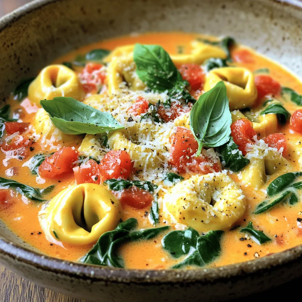 To make One-Pot Creamy Tomato Basil Tortellini, gather these simple ingredients: - 2 cups cheese tortellini (fresh or frozen) - 1 can (14 oz) diced tomatoes (with juices) - 2 cups vegetable broth - 1 cup heavy cream or coconut cream - 1 cup fresh spinach, chopped - 1/2 cup grated Parmesan cheese (plus more for serving) - 2 cloves garlic, minced - 1 teaspoon dried basil (or 1 tablespoon fresh basil, chopped) - 1 teaspoon onion powder - Salt and pepper to taste - 1 tablespoon olive oil - Fresh basil leaves for garnish Start by prepping your ingredients. Chop the spinach finely; it will blend well into the sauce. Mince the garlic to release its flavor. If using frozen tortellini, let it sit out for a bit. This helps it cook evenly. Measure out your diced tomatoes and vegetable broth. Having everything ready makes cooking smooth and fun. You can easily adjust this dish for dietary needs. For a gluten-free option, use gluten-free tortellini. If you want a vegan dish, swap heavy cream for coconut cream and use nutritional yeast instead of Parmesan cheese. You can also use vegetable broth to keep it plant-based. Have fun experimenting with flavors and textures! For the full recipe, refer to the section above. First, gather your ingredients. You need cheese tortellini, diced tomatoes, vegetable broth, and cream. Chop fresh spinach and garlic. Measure out your spices and cheese. It takes about ten minutes to prep everything. This makes cooking easier and faster. Start by heating the olive oil in a large pot over medium heat. Add the minced garlic and sauté it for one to two minutes. This step brings out the garlic's flavor. Next, pour in the diced tomatoes and vegetable broth. Stir everything together and bring it to a boil. Once boiling, add the tortellini. Reduce the heat and let it simmer for five to seven minutes. Stir occasionally to prevent sticking. When the tortellini is tender, lower the heat. Stir in the heavy cream and chopped spinach. Add the grated Parmesan cheese, dried basil, and onion powder. Mix well and let the sauce simmer for two to three minutes. It will thicken and become creamy. Season with salt and pepper to taste. Remove the pot from the heat and let it sit for a couple of minutes. This rest helps the flavors meld together. Serve the dish in shallow bowls. Sprinkle with extra Parmesan cheese and garnish with fresh basil leaves. This adds a pop of color and flavor. Enjoy your One-Pot Creamy Tomato Basil Tortellini Delight! For the complete recipe, check the Full Recipe section. To make your One-Pot Creamy Tomato Basil Tortellini even better, try a few tricks. First, use fresh basil leaves instead of dried ones. Fresh herbs have a brighter taste. Second, add a pinch of red pepper flakes for a mild heat. This adds depth without being too spicy. Consider using homemade vegetable broth for a richer flavor. You can also sauté onions with garlic for extra sweetness. Lastly, finish with a squeeze of lemon juice. This adds brightness to the creamy sauce. Many cooks make simple mistakes that can impact taste. One common mistake is overcooking the tortellini. Keep an eye on it and cook just until it's tender. Another mistake is not seasoning the dish enough. Taste as you cook and adjust salt and pepper. Don’t skip the resting time before serving. Letting the dish sit allows flavors to meld. Finally, avoid using low-quality canned tomatoes. Quality ingredients make a big difference. Serving your dish well can elevate the meal. Use shallow bowls to show off the colors of the dish. Sprinkle extra Parmesan cheese on top for a savory finish. Add fresh basil leaves as a bright garnish. Serve with crusty bread or a simple salad for balance. You can also pair it with a light white wine. This enhances the flavors and makes the meal feel special. For a fun twist, consider topping with toasted pine nuts for a crunchy bite. {{image_2}} You can easily change the taste of your tortellini. Try using different pasta types. Whole wheat or gluten-free tortellini works great. You can also swap out the heavy cream. Use almond milk or cashew cream for a lighter dish. For more zest, add a pinch of red pepper flakes. This will give your meal a nice kick. Looking to add some protein? Chicken or shrimp are fantastic choices. Cook them in the pot before adding the garlic. You can also use canned beans for a vegetarian option. Just stir them in when you add the cream. This gives your dish a hearty twist. Making this dish vegan is easy. Just replace cheese tortellini with a vegan version. Use coconut cream instead of heavy cream for the sauce. To keep it gluten-free, pick gluten-free tortellini. This way, everyone can enjoy this creamy delight. You still get that rich flavor without any dairy or gluten. For the complete recipe, check out the Full Recipe. To keep your One-Pot Creamy Tomato Basil Tortellini fresh, use an airtight container. Let the dish cool to room temperature before sealing it. Store it in the fridge for up to three days. Avoid leaving it at room temperature for more than two hours. If you want to eat it later, it's best to refrigerate right away. When you're ready to enjoy your leftovers, reheat them on the stove. Place the tortellini in a pot and add a splash of water or cream. Heat it over medium-low heat for about five minutes. Stir often to ensure even heating. You can also use the microwave. Place the tortellini in a microwave-safe bowl, cover it, and heat for 1-2 minutes. Stir halfway through for even warmth. You can freeze One-Pot Creamy Tomato Basil Tortellini for up to three months. Portion it into freezer-safe containers. Leave some space at the top for expansion. To thaw, place it in the fridge overnight. Reheat it on the stove or microwave, just like you would with leftovers. This meal keeps its flavor well, even after freezing. For the full recipe, check the earlier section. One-Pot Creamy Tomato Basil Tortellini lasts about 3 to 5 days in the fridge. Store it in an airtight container. To keep it fresh, make sure it cools down before sealing. If you eat it within this time, it will taste great! Yes, you can use fresh tortellini instead of frozen. Fresh tortellini cooks faster, so check it after about 3 to 5 minutes. This change will make the dish even more tasty and delightful. You can serve it with a simple salad or crusty bread. Garlic bread pairs well too! A sprinkle of extra Parmesan cheese makes it special. For a fresh touch, add a few basil leaves on top. These sides boost the meal and make it more filling. If you want to try this dish, you can find the Full Recipe [here](#). This blog post covers everything you need to know for a tasty One-Pot Creamy Tomato Basil Tortellini. We explored the key ingredients and helpful prep tips. You learned about cooking steps and techniques for the best results. Don’t forget to try the many variations to fit your needs. Lastly, proper storage and reheating will keep your dish fresh. Follow these tips for a delicious meal every time. Enjoy cooking, and let your own flavors shine!