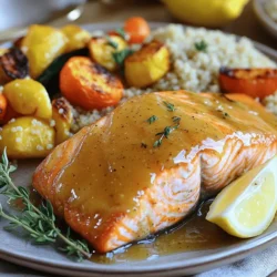To make Maple Dijon Glazed Salmon, you need a few simple ingredients. Here’s what you will need: - 4 salmon fillets (6 ounces each) - 1/4 cup pure maple syrup - 2 tablespoons Dijon mustard - 2 tablespoons soy sauce (or tamari for gluten-free option) - 1 tablespoon olive oil - 2 cloves garlic, minced - 1 tablespoon fresh lemon juice - Salt and pepper to taste - Fresh thyme or parsley for garnish Each ingredient plays a key role in creating that perfect sweet and savory glaze. The salmon fillets are the star of the dish. They provide a rich and buttery flavor. The maple syrup adds sweetness, while the Dijon mustard gives a pleasant tang. Soy sauce brings a salty depth, and olive oil helps with cooking. Garlic and lemon juice add freshness to the mix. Finally, don’t forget the salt and pepper to enhance all the flavors. You can find the full recipe at the beginning of this article. Let's move on to the next steps in making this delightful dish! To start, you want to whisk together the marinade ingredients. In a small bowl, combine the pure maple syrup, Dijon mustard, soy sauce, olive oil, minced garlic, and fresh lemon juice. Mix well until everything is smooth and blended. You should see a nice glossy mixture. This glaze is what makes the salmon shine and taste great. Next, place your salmon fillets in a shallow dish or a zip-top bag. Pour the marinade over the salmon. Make sure each piece gets a good coat. Cover the dish or seal the bag, then put it in the fridge. Let the salmon marinate for at least 30 minutes. If you have time, you can let it sit for up to 2 hours. The longer it marinates, the more flavor it will soak up. Now it’s time to cook! Preheat your oven to 400°F (200°C). While the oven heats, line a baking sheet with parchment paper or lightly grease it with cooking spray. Take the salmon out of the marinade and place it skin-side down on the baking sheet. Don’t throw away that marinade; you will use it to baste the salmon. Bake the salmon for about 12 to 15 minutes. The cooking time can change based on the thickness of your fillets. Every 5 minutes, brush the salmon with the reserved marinade to keep it moist and enhance the flavor. To check if the salmon is done, use a fork. It should flake easily. You can also check the internal temperature; it should be 145°F (63°C). This tells you it’s safe to eat. Make sure to enjoy the Full Recipe for complete details on the process! To get the best flavor from the glaze, use high-quality maple syrup. The syrup adds a rich sweetness that pairs well with the tangy Dijon mustard. Mix the syrup and mustard until smooth. This combination creates a perfect balance of flavors. Basting is crucial for a moist and flavorful salmon. Use a brush to apply the reserved marinade every five minutes while it cooks. This adds layers of flavor and keeps the fish juicy. Pair your Maple Dijon Glazed Salmon with simple sides. Roasted vegetables, like carrots and asparagus, work well. Quinoa or brown rice adds a nice texture. For a beautiful presentation, serve the salmon on warm plates. Drizzle any leftover glaze over the fish for a shiny look. Add a lemon wedge on the side for color and a fresh taste. Each serving of Maple Dijon Glazed Salmon has about 350 calories. This dish is rich in protein, providing around 30 grams per serving. You also get healthy fats from olive oil. The garlic and lemon juice add antioxidants and vitamin C. This meal is not only delicious but also nutritious and satisfying. For the Full Recipe, check out the earlier sections! {{image_2}} You can easily change the flavors in this dish. Try adding a splash of orange juice for a fruity twist. You may also swap Dijon mustard with whole grain mustard for some crunch. If you want a spicy kick, mix in a dash of cayenne pepper or red pepper flakes. For fish options, use trout or halibut instead of salmon. Both work well with the glaze and bring their unique taste. If you need gluten-free options, replace soy sauce with tamari. Tamari gives the same flavor without gluten. For low-carb variations, skip the maple syrup and use a sugar-free sweetener. This keeps the dish tasty while hitting your dietary goals. You can still enjoy the glaze without the sugar. You can grill or bake the salmon. Grilling adds a smoky taste, while baking keeps it moist. If you grill, preheat the grill to medium heat. Cook the salmon for about 6-8 minutes on each side. When baking, set your oven to 400°F. Bake for 12-15 minutes until it flakes easily. If you prefer pan-searing, heat a non-stick skillet over medium heat. Add olive oil, then sear the salmon skin-side down for about 5-6 minutes. Flip and cook for another 4-5 minutes. This method gives a crisp skin and a juicy inside. For the full recipe, check out the Maple Dijon Glazed Salmon. To keep your Maple Dijon Glazed Salmon fresh, use these steps: - Refrigeration: Place the salmon in an airtight container. This keeps it moist and flavorful. Store it in the fridge for up to three days. - Freezing: For longer storage, wrap each piece in plastic wrap. Then put them in a freezer bag. This helps prevent freezer burn. You can freeze the salmon for up to three months. - Reheating: Thaw the salmon in the fridge overnight. Reheat in the oven at 350°F (175°C) for about 10 minutes. This warms it gently and keeps it tender. In the fridge, your glazed salmon will last about three days. After that, it might spoil. Look for these signs: - Smell: If it smells sour or fishy, it’s best to throw it away. - Texture: If it feels slimy, that’s a bad sign. - Color: If it looks dull or gray, it may not be safe to eat. You can use your leftover salmon in fun ways: - Salmon Meal Prep Bowls: Break the salmon into pieces. Add it to a bowl with quinoa and veggies. Drizzle more maple glaze for flavor. - New Recipes: Mix salmon into salads or pasta. You can create a tasty salmon salad with mayo and lemon. It’s great in sandwiches too. Using leftovers keeps meals fresh and exciting. Check out the Full Recipe for more ideas! The best type of salmon for Maple Dijon Glazed Salmon is wild-caught salmon. It has a rich flavor and firm texture. Sockeye and King salmon are both great choices. They add a nice taste to the sweet glaze. Farmed salmon can also work, but it may not have the same depth of flavor. Yes, you can use honey or agave syrup. Both options will add sweetness to your glaze. Each will bring a slightly different flavor, but they will still taste great. If you want a lower-calorie sweetener, try using a sugar substitute. Just be sure to adjust the amount since they can be sweeter than maple syrup. Salmon is fully cooked when it flakes easily with a fork. It should also reach an internal temperature of 145°F (63°C). To check, insert a fork at the thickest part of the fillet. If it separates easily, it’s ready to eat. If it's still raw or very soft, give it a few more minutes in the oven. Absolutely! You can make the glaze a day ahead. Just mix all the ingredients and store them in the fridge. This lets the flavors blend well. When you’re ready to cook, simply whisk it again to combine. It’s a great way to save time on busy days. Many sides go well with this dish. Here are some great options: - Roasted vegetables like asparagus or Brussels sprouts - Quinoa for a healthy grain - Rice or couscous for a filling option - A fresh green salad with lemon vinaigrette These sides complement the sweet and tangy flavors of the salmon perfectly. Enjoy your meal! This article covered how to create a perfect Maple Dijon Glazed Salmon. We discussed the key ingredients, step-by-step instructions, and tips for flawless results. You'll impress your friends and family with your cooking skills. Remember, you can customize this recipe with different flavors and cooking methods. Enjoy exploring variations to keep every meal exciting. Store leftovers wisely and use them in meal prep to make life easier. Dive into the world of salmon and enjoy every bite!