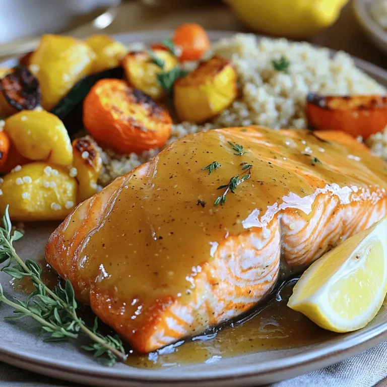 To make Maple Dijon Glazed Salmon, you need a few simple ingredients. Here’s what you will need: - 4 salmon fillets (6 ounces each) - 1/4 cup pure maple syrup - 2 tablespoons Dijon mustard - 2 tablespoons soy sauce (or tamari for gluten-free option) - 1 tablespoon olive oil - 2 cloves garlic, minced - 1 tablespoon fresh lemon juice - Salt and pepper to taste - Fresh thyme or parsley for garnish Each ingredient plays a key role in creating that perfect sweet and savory glaze. The salmon fillets are the star of the dish. They provide a rich and buttery flavor. The maple syrup adds sweetness, while the Dijon mustard gives a pleasant tang. Soy sauce brings a salty depth, and olive oil helps with cooking. Garlic and lemon juice add freshness to the mix. Finally, don’t forget the salt and pepper to enhance all the flavors. You can find the full recipe at the beginning of this article. Let's move on to the next steps in making this delightful dish! To start, you want to whisk together the marinade ingredients. In a small bowl, combine the pure maple syrup, Dijon mustard, soy sauce, olive oil, minced garlic, and fresh lemon juice. Mix well until everything is smooth and blended. You should see a nice glossy mixture. This glaze is what makes the salmon shine and taste great. Next, place your salmon fillets in a shallow dish or a zip-top bag. Pour the marinade over the salmon. Make sure each piece gets a good coat. Cover the dish or seal the bag, then put it in the fridge. Let the salmon marinate for at least 30 minutes. If you have time, you can let it sit for up to 2 hours. The longer it marinates, the more flavor it will soak up. Now it’s time to cook! Preheat your oven to 400°F (200°C). While the oven heats, line a baking sheet with parchment paper or lightly grease it with cooking spray. Take the salmon out of the marinade and place it skin-side down on the baking sheet. Don’t throw away that marinade; you will use it to baste the salmon. Bake the salmon for about 12 to 15 minutes. The cooking time can change based on the thickness of your fillets. Every 5 minutes, brush the salmon with the reserved marinade to keep it moist and enhance the flavor. To check if the salmon is done, use a fork. It should flake easily. You can also check the internal temperature; it should be 145°F (63°C). This tells you it’s safe to eat. Make sure to enjoy the Full Recipe for complete details on the process! To get the best flavor from the glaze, use high-quality maple syrup. The syrup adds a rich sweetness that pairs well with the tangy Dijon mustard. Mix the syrup and mustard until smooth. This combination creates a perfect balance of flavors. Basting is crucial for a moist and flavorful salmon. Use a brush to apply the reserved marinade every five minutes while it cooks. This adds layers of flavor and keeps the fish juicy. Pair your Maple Dijon Glazed Salmon with simple sides. Roasted vegetables, like carrots and asparagus, work well. Quinoa or brown rice adds a nice texture. For a beautiful presentation, serve the salmon on warm plates. Drizzle any leftover glaze over the fish for a shiny look. Add a lemon wedge on the side for color and a fresh taste. Each serving of Maple Dijon Glazed Salmon has about 350 calories. This dish is rich in protein, providing around 30 grams per serving. You also get healthy fats from olive oil. The garlic and lemon juice add antioxidants and vitamin C. This meal is not only delicious but also nutritious and satisfying. For the Full Recipe, check out the earlier sections! {{image_2}} You can easily change the flavors in this dish. Try adding a splash of orange juice for a fruity twist. You may also swap Dijon mustard with whole grain mustard for some crunch. If you want a spicy kick, mix in a dash of cayenne pepper or red pepper flakes. For fish options, use trout or halibut instead of salmon. Both work well with the glaze and bring their unique taste. If you need gluten-free options, replace soy sauce with tamari. Tamari gives the same flavor without gluten. For low-carb variations, skip the maple syrup and use a sugar-free sweetener. This keeps the dish tasty while hitting your dietary goals. You can still enjoy the glaze without the sugar. You can grill or bake the salmon. Grilling adds a smoky taste, while baking keeps it moist. If you grill, preheat the grill to medium heat. Cook the salmon for about 6-8 minutes on each side. When baking, set your oven to 400°F. Bake for 12-15 minutes until it flakes easily. If you prefer pan-searing, heat a non-stick skillet over medium heat. Add olive oil, then sear the salmon skin-side down for about 5-6 minutes. Flip and cook for another 4-5 minutes. This method gives a crisp skin and a juicy inside. For the full recipe, check out the Maple Dijon Glazed Salmon. To keep your Maple Dijon Glazed Salmon fresh, use these steps: - Refrigeration: Place the salmon in an airtight container. This keeps it moist and flavorful. Store it in the fridge for up to three days. - Freezing: For longer storage, wrap each piece in plastic wrap. Then put them in a freezer bag. This helps prevent freezer burn. You can freeze the salmon for up to three months. - Reheating: Thaw the salmon in the fridge overnight. Reheat in the oven at 350°F (175°C) for about 10 minutes. This warms it gently and keeps it tender. In the fridge, your glazed salmon will last about three days. After that, it might spoil. Look for these signs: - Smell: If it smells sour or fishy, it’s best to throw it away. - Texture: If it feels slimy, that’s a bad sign. - Color: If it looks dull or gray, it may not be safe to eat. You can use your leftover salmon in fun ways: - Salmon Meal Prep Bowls: Break the salmon into pieces. Add it to a bowl with quinoa and veggies. Drizzle more maple glaze for flavor. - New Recipes: Mix salmon into salads or pasta. You can create a tasty salmon salad with mayo and lemon. It’s great in sandwiches too. Using leftovers keeps meals fresh and exciting. Check out the Full Recipe for more ideas! The best type of salmon for Maple Dijon Glazed Salmon is wild-caught salmon. It has a rich flavor and firm texture. Sockeye and King salmon are both great choices. They add a nice taste to the sweet glaze. Farmed salmon can also work, but it may not have the same depth of flavor. Yes, you can use honey or agave syrup. Both options will add sweetness to your glaze. Each will bring a slightly different flavor, but they will still taste great. If you want a lower-calorie sweetener, try using a sugar substitute. Just be sure to adjust the amount since they can be sweeter than maple syrup. Salmon is fully cooked when it flakes easily with a fork. It should also reach an internal temperature of 145°F (63°C). To check, insert a fork at the thickest part of the fillet. If it separates easily, it’s ready to eat. If it's still raw or very soft, give it a few more minutes in the oven. Absolutely! You can make the glaze a day ahead. Just mix all the ingredients and store them in the fridge. This lets the flavors blend well. When you’re ready to cook, simply whisk it again to combine. It’s a great way to save time on busy days. Many sides go well with this dish. Here are some great options: - Roasted vegetables like asparagus or Brussels sprouts - Quinoa for a healthy grain - Rice or couscous for a filling option - A fresh green salad with lemon vinaigrette These sides complement the sweet and tangy flavors of the salmon perfectly. Enjoy your meal! This article covered how to create a perfect Maple Dijon Glazed Salmon. We discussed the key ingredients, step-by-step instructions, and tips for flawless results. You'll impress your friends and family with your cooking skills. Remember, you can customize this recipe with different flavors and cooking methods. Enjoy exploring variations to keep every meal exciting. Store leftovers wisely and use them in meal prep to make life easier. Dive into the world of salmon and enjoy every bite!