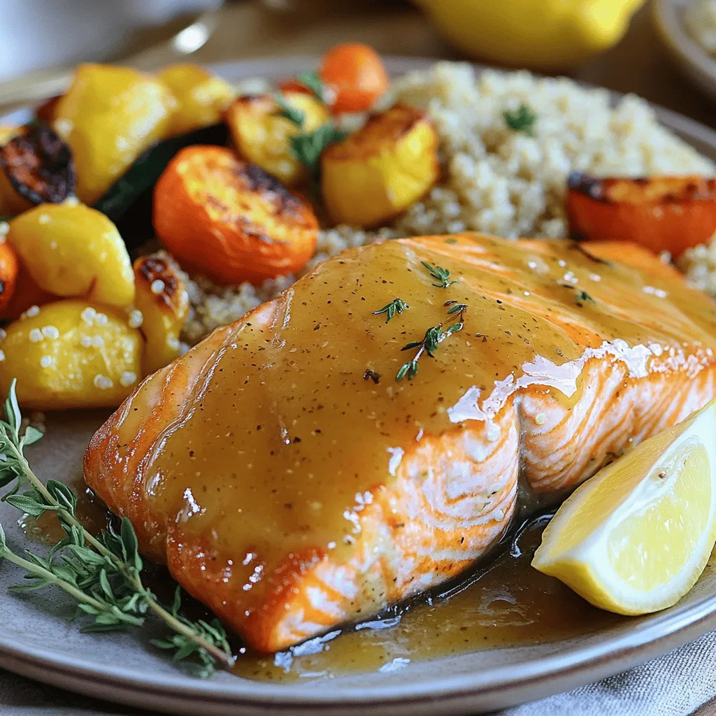 To make Maple Dijon Glazed Salmon, you need a few simple ingredients. Here’s what you will need: - 4 salmon fillets (6 ounces each) - 1/4 cup pure maple syrup - 2 tablespoons Dijon mustard - 2 tablespoons soy sauce (or tamari for gluten-free option) - 1 tablespoon olive oil - 2 cloves garlic, minced - 1 tablespoon fresh lemon juice - Salt and pepper to taste - Fresh thyme or parsley for garnish Each ingredient plays a key role in creating that perfect sweet and savory glaze. The salmon fillets are the star of the dish. They provide a rich and buttery flavor. The maple syrup adds sweetness, while the Dijon mustard gives a pleasant tang. Soy sauce brings a salty depth, and olive oil helps with cooking. Garlic and lemon juice add freshness to the mix. Finally, don’t forget the salt and pepper to enhance all the flavors. You can find the full recipe at the beginning of this article. Let's move on to the next steps in making this delightful dish! To start, you want to whisk together the marinade ingredients. In a small bowl, combine the pure maple syrup, Dijon mustard, soy sauce, olive oil, minced garlic, and fresh lemon juice. Mix well until everything is smooth and blended. You should see a nice glossy mixture. This glaze is what makes the salmon shine and taste great. Next, place your salmon fillets in a shallow dish or a zip-top bag. Pour the marinade over the salmon. Make sure each piece gets a good coat. Cover the dish or seal the bag, then put it in the fridge. Let the salmon marinate for at least 30 minutes. If you have time, you can let it sit for up to 2 hours. The longer it marinates, the more flavor it will soak up. Now it’s time to cook! Preheat your oven to 400°F (200°C). While the oven heats, line a baking sheet with parchment paper or lightly grease it with cooking spray. Take the salmon out of the marinade and place it skin-side down on the baking sheet. Don’t throw away that marinade; you will use it to baste the salmon. Bake the salmon for about 12 to 15 minutes. The cooking time can change based on the thickness of your fillets. Every 5 minutes, brush the salmon with the reserved marinade to keep it moist and enhance the flavor. To check if the salmon is done, use a fork. It should flake easily. You can also check the internal temperature; it should be 145°F (63°C). This tells you it’s safe to eat. Make sure to enjoy the Full Recipe for complete details on the process! To get the best flavor from the glaze, use high-quality maple syrup. The syrup adds a rich sweetness that pairs well with the tangy Dijon mustard. Mix the syrup and mustard until smooth. This combination creates a perfect balance of flavors. Basting is crucial for a moist and flavorful salmon. Use a brush to apply the reserved marinade every five minutes while it cooks. This adds layers of flavor and keeps the fish juicy. Pair your Maple Dijon Glazed Salmon with simple sides. Roasted vegetables, like carrots and asparagus, work well. Quinoa or brown rice adds a nice texture. For a beautiful presentation, serve the salmon on warm plates. Drizzle any leftover glaze over the fish for a shiny look. Add a lemon wedge on the side for color and a fresh taste. Each serving of Maple Dijon Glazed Salmon has about 350 calories. This dish is rich in protein, providing around 30 grams per serving. You also get healthy fats from olive oil. The garlic and lemon juice add antioxidants and vitamin C. This meal is not only delicious but also nutritious and satisfying. For the Full Recipe, check out the earlier sections! {{image_2}} You can easily change the flavors in this dish. Try adding a splash of orange juice for a fruity twist. You may also swap Dijon mustard with whole grain mustard for some crunch. If you want a spicy kick, mix in a dash of cayenne pepper or red pepper flakes. For fish options, use trout or halibut instead of salmon. Both work well with the glaze and bring their unique taste. If you need gluten-free options, replace soy sauce with tamari. Tamari gives the same flavor without gluten. For low-carb variations, skip the maple syrup and use a sugar-free sweetener. This keeps the dish tasty while hitting your dietary goals. You can still enjoy the glaze without the sugar. You can grill or bake the salmon. Grilling adds a smoky taste, while baking keeps it moist. If you grill, preheat the grill to medium heat. Cook the salmon for about 6-8 minutes on each side. When baking, set your oven to 400°F. Bake for 12-15 minutes until it flakes easily. If you prefer pan-searing, heat a non-stick skillet over medium heat. Add olive oil, then sear the salmon skin-side down for about 5-6 minutes. Flip and cook for another 4-5 minutes. This method gives a crisp skin and a juicy inside. For the full recipe, check out the Maple Dijon Glazed Salmon. To keep your Maple Dijon Glazed Salmon fresh, use these steps: - Refrigeration: Place the salmon in an airtight container. This keeps it moist and flavorful. Store it in the fridge for up to three days. - Freezing: For longer storage, wrap each piece in plastic wrap. Then put them in a freezer bag. This helps prevent freezer burn. You can freeze the salmon for up to three months. - Reheating: Thaw the salmon in the fridge overnight. Reheat in the oven at 350°F (175°C) for about 10 minutes. This warms it gently and keeps it tender. In the fridge, your glazed salmon will last about three days. After that, it might spoil. Look for these signs: - Smell: If it smells sour or fishy, it’s best to throw it away. - Texture: If it feels slimy, that’s a bad sign. - Color: If it looks dull or gray, it may not be safe to eat. You can use your leftover salmon in fun ways: - Salmon Meal Prep Bowls: Break the salmon into pieces. Add it to a bowl with quinoa and veggies. Drizzle more maple glaze for flavor. - New Recipes: Mix salmon into salads or pasta. You can create a tasty salmon salad with mayo and lemon. It’s great in sandwiches too. Using leftovers keeps meals fresh and exciting. Check out the Full Recipe for more ideas! The best type of salmon for Maple Dijon Glazed Salmon is wild-caught salmon. It has a rich flavor and firm texture. Sockeye and King salmon are both great choices. They add a nice taste to the sweet glaze. Farmed salmon can also work, but it may not have the same depth of flavor. Yes, you can use honey or agave syrup. Both options will add sweetness to your glaze. Each will bring a slightly different flavor, but they will still taste great. If you want a lower-calorie sweetener, try using a sugar substitute. Just be sure to adjust the amount since they can be sweeter than maple syrup. Salmon is fully cooked when it flakes easily with a fork. It should also reach an internal temperature of 145°F (63°C). To check, insert a fork at the thickest part of the fillet. If it separates easily, it’s ready to eat. If it's still raw or very soft, give it a few more minutes in the oven. Absolutely! You can make the glaze a day ahead. Just mix all the ingredients and store them in the fridge. This lets the flavors blend well. When you’re ready to cook, simply whisk it again to combine. It’s a great way to save time on busy days. Many sides go well with this dish. Here are some great options: - Roasted vegetables like asparagus or Brussels sprouts - Quinoa for a healthy grain - Rice or couscous for a filling option - A fresh green salad with lemon vinaigrette These sides complement the sweet and tangy flavors of the salmon perfectly. Enjoy your meal! This article covered how to create a perfect Maple Dijon Glazed Salmon. We discussed the key ingredients, step-by-step instructions, and tips for flawless results. You'll impress your friends and family with your cooking skills. Remember, you can customize this recipe with different flavors and cooking methods. Enjoy exploring variations to keep every meal exciting. Store leftovers wisely and use them in meal prep to make life easier. Dive into the world of salmon and enjoy every bite!