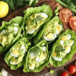 - 4 large eggs, hard-boiled and chopped - 1 ripe avocado, peeled and mashed - 2 tablespoons plain Greek yogurt The main ingredients create a creamy and rich base for the egg salad. Hard-boiled eggs provide protein and texture. The ripe avocado adds healthy fats and a smooth feel. Greek yogurt offers creaminess and a slight tang. Together, they make a tasty mix that fills the lettuce wraps perfectly. - 1 tablespoon Dijon mustard - 1 tablespoon lemon juice - 2 green onions, finely chopped These seasonings bring extra flavor to the dish. Dijon mustard gives a mild kick that contrasts with the smooth avocado. Lemon juice brightens the salad, adding freshness. Green onions add crunch and a pop of color. Each ingredient enhances the overall taste while keeping it light and healthy. - 8 large butter lettuce leaves (or romaine for crunch) - Fresh dill or parsley for garnish (optional) The choice of lettuce matters. Butter lettuce is soft and easy to wrap. It holds the filling well and tastes sweet. If you prefer a crunch, try romaine. Fresh dill or parsley adds a nice touch of color and flavor to the wraps. It’s a simple way to make your dish look even better. For the full recipe, check out the complete instructions. To start, you need to hard-boil the eggs. Place the eggs in a saucepan and cover them with water. Bring the water to a boil. Once boiling, cover the pan and remove it from the heat. Let the eggs sit for 12 minutes. After that, drain the hot water and cool the eggs in cold water. Once cool, peel the eggs and chop them into small pieces. Next, grab a mixing bowl. In this bowl, combine the mashed avocado with Greek yogurt. Then add Dijon mustard and lemon juice. Toss in the chopped green onions. Mix everything until it's smooth and well combined. Gently fold in the chopped hard-boiled eggs. Be careful not to break them too much. Season the mixture with salt and pepper to taste. Now it's time to build your wraps. Take a butter lettuce leaf and spoon a generous amount of the avocado egg salad onto the center. If you want, garnish with fresh dill or parsley for extra flavor. Finally, roll or fold the lettuce leaf over the filling. This creates a tasty wrap that is easy to hold and eat. For the full recipe, check out the detailed instructions above. Enjoy your healthy and simple meal! To get the best texture in your egg salad, use gentle folding. After mixing the avocado and seasonings, add the chopped eggs. Carefully fold them in with a spatula. This way, you keep the eggs chunky. Avoid mashing the avocado too much. A few small lumps will add creaminess to your salad. When serving your wraps, a colorful platter is key. Arrange the lettuce wraps side by side on a large plate. Drizzle some lemon juice on top for a fresh touch. You can pair these wraps with cherry tomatoes or carrot sticks. These sides add crunch and balance the meal. Don’t hesitate to play with flavors! You can swap herbs like dill for basil or cilantro. If you want a kick, add a pinch of cayenne or red pepper flakes. Adjusting these flavors makes the dish uniquely yours. Remember, cooking should be fun and personal! {{image_2}} You can easily boost the protein in your avocado egg salad. For a savory twist, add shredded chicken or canned tuna. Both options blend well with the creamy avocado. If you prefer a vegetarian route, try chickpeas or black beans. They add great texture and flavor. While butter lettuce is soft and easy to wrap, you can switch it up for crunch. Romaine lettuce offers a satisfying bite. Other options include green leaf or even cabbage leaves. These variations can change your meal's texture and taste. To make your salad pop, think about spices or hot sauce. A dash of cayenne can add heat, while paprika gives a smoky flavor. You can also create unique dressings. Try adding a splash of balsamic vinegar or a hint of garlic. These additions can elevate your dish to new heights. For the full recipe, check out the details above and enjoy crafting your own avocado egg salad lettuce wraps! To store your avocado egg salad, keep it in the fridge. Always use an airtight container. This helps to keep the flavors fresh and the salad safe. If you leave it uncovered, it can dry out or pick up other odors. When you seal it well, the salad stays tasty for a longer time. Egg salad generally lasts about 3 to 5 days in the fridge. If you notice any odd smells or changes in color, it's best to toss it. Keep an eye out for separation or a watery layer on top, which can mean spoilage. Always check before you eat! You can prepare your avocado egg salad in advance. Make it a day before serving for great flavors. If you want to freeze it, think twice. Freezing can change the texture of the eggs and avocado. Instead, prepare the salad fresh when you can. This way, you enjoy the best taste and texture. For the full recipe, check out the complete guide. Avocado brings many health benefits to this dish. First, it is rich in essential nutrients. A ripe avocado has vitamins like E, K, and several B vitamins. It also contains fiber, which helps with digestion. Avocados are known for their healthy fats. These fats are monounsaturated, which can help lower bad cholesterol. They support heart health and keep you feeling full longer. This makes avocado a smart choice in meals. Yes, you can make this recipe vegan! To do this, you can substitute the eggs. Use mashed chickpeas or silken tofu instead. They give a similar texture and protein. For the dairy, swap Greek yogurt with a plant-based yogurt. Almond or coconut yogurt works well here. You can also add a splash of lemon juice for a tangy taste. To make this recipe low-carb, consider using other wraps. Cucumber slices or bell pepper halves can work well as a base. You can also use zucchini boats for a fun twist. Adjust the ingredients by reducing the avocado if you like. You can also cut back on the yogurt. This keeps the flavor while lowering the carbs. Avocado egg salad lettuce wraps combine healthy ingredients for a tasty meal. We explored the main components, from hard-boiled eggs to creamy avocado and Greek yogurt. You learned how to prepare, mix, and serve them with tips for texture and flavor. Remember, you can customize these wraps to fit your taste or dietary needs. Storing them properly ensures freshness for upcoming meals. Enjoy creating this simple dish that offers nutrition and flavor in every bite!