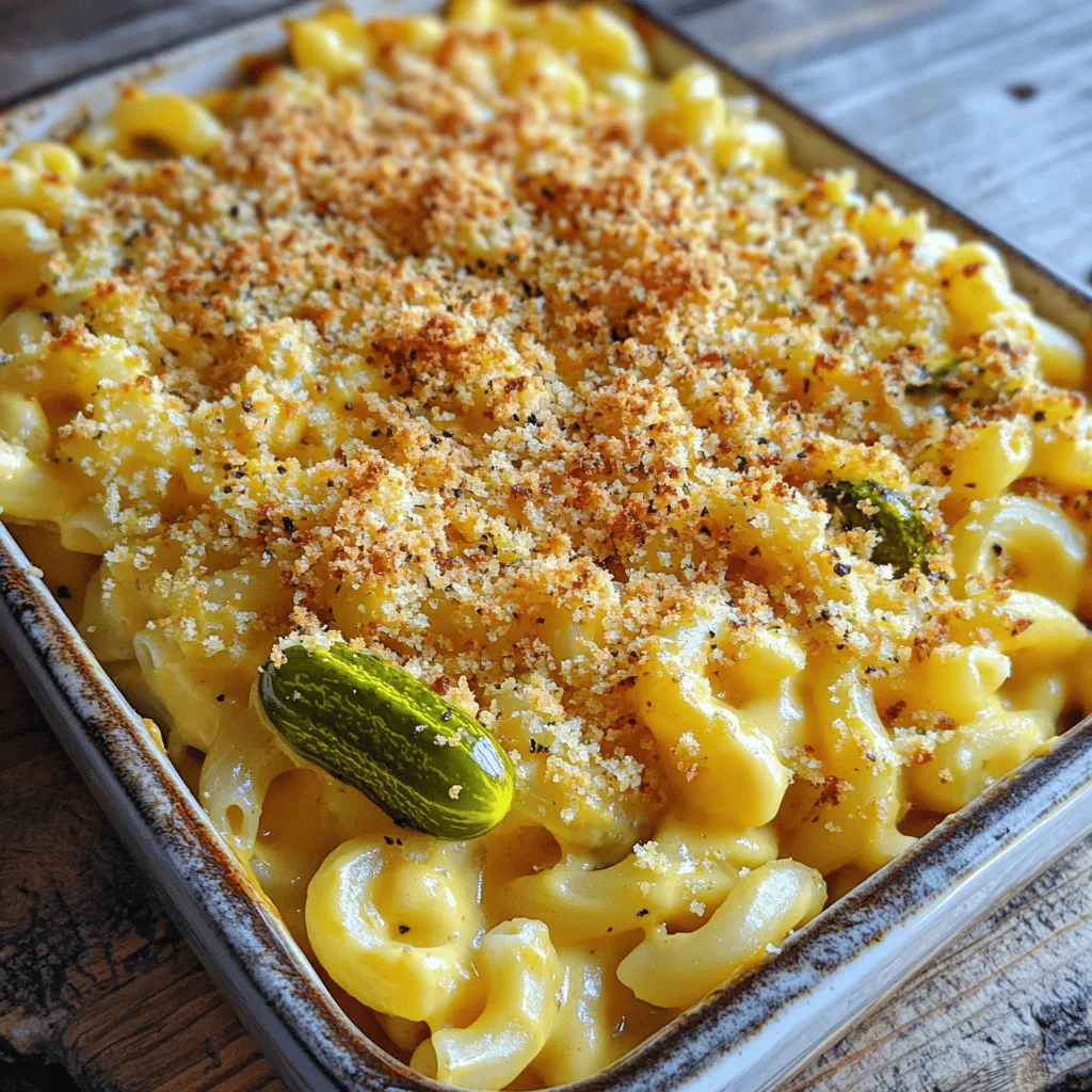 To create the perfect Pickle Mac and Cheese, gather these items: - 8 oz elbow macaroni - 2 cups shredded sharp cheddar cheese - 1 cup dill pickles, finely chopped - 1/2 cup pickle juice - 2 tbsp unsalted butter - 2 tbsp all-purpose flour - 2 cups milk - 1 tsp garlic powder - 1 tsp onion powder - Salt and pepper, to taste - 1/2 cup breadcrumbs (optional, for topping) These ingredients come together for a flavor explosion. The sharp cheddar cheese gives a rich taste, while dill pickles add a tangy crunch. The pickle juice enhances the dish, making it unique and fun. Using elbow macaroni makes it easy to mix and serve. Each bite offers comfort and excitement. For a crispy top, consider the breadcrumbs. They add a lovely texture contrast. Enjoy the process of gathering these ingredients! You can find the full recipe outlined in detail to guide you through cooking this delightful dish. - Boil salted water and cook macaroni according to package instructions. This step is key for a good base. Make sure you cook until it is al dente. This means it should still have a bit of bite to it. Drain the macaroni and set it aside. - Create a roux with butter and flour. In the same pot, melt two tablespoons of unsalted butter over medium heat. Once the butter melts, add two tablespoons of flour. Whisk it for about one minute. This roux helps thicken your sauce. - Gradually whisk in milk until thickened. Now, slowly add two cups of milk while whisking. Keep stirring to avoid lumps. Cook this mixture for about two to three minutes until it thickens just a bit. - Stir in cheddar cheese until melted. Lower the heat and add two cups of shredded sharp cheddar cheese. Stir until it melts into a smooth sauce. - Add pickle juice and chopped pickles. Next, pour in half a cup of pickle juice and one cup of finely chopped dill pickles. Also, add one teaspoon of garlic powder, one teaspoon of onion powder, salt, and pepper. Stir everything well to combine. - Fold in cooked macaroni. Take the cooked macaroni and gently fold it into the cheese sauce. Make sure every piece is coated. - Optional baking steps for breadcrumb topping. If you want a crunchy topping, transfer the mixture to a baking dish. Sprinkle half a cup of breadcrumbs on top. Bake in a preheated oven at 350°F for 15 to 20 minutes until golden and bubbly. For the full recipe, check the cooking steps above. Enjoy your flavorful Pickle Mac and Cheese! To make the best cheese sauce, start by using the right cheese. I recommend sharp cheddar. It melts nicely and adds great flavor. Use fresh milk for a smooth sauce. When making the roux, whisk the butter and flour well. Cook it for about one minute to remove the raw taste. Next, when you add the milk, do it slowly. This method helps to avoid lumps. Keep whisking as the sauce thickens. If it seems too thick, add a bit more milk. You want a creamy texture that coats the pasta well. For flavor, feel free to adjust the spices. Garlic powder and onion powder add depth. If you like a kick, add some cayenne or smoked paprika. Taste the sauce before mixing in the pasta. This way, you can tweak the flavors to your liking. A common mistake is overcooking the pasta. You want it al dente, so it holds up in the dish. Remember, it will cook a bit more when you bake it, if you choose to. Another mistake is skipping the roux. This step is key for a thick sauce. Without it, your cheese sauce may be runny. Always take the time to make a proper roux for the best results. These tips will help you create a delicious Pickle Mac and Cheese. For the full recipe, check out [Full Recipe]. {{image_2}} You can switch up the cheese in your Pickle Mac and Cheese for extra taste. Try mozzarella for a gooey texture or pepper jack for a spicy kick. Cream cheese adds a smooth richness. Mixing different cheeses can create a fun flavor burst. Protein can take this dish to new heights. Adding crispy bacon gives a smoky flavor. Cooked chicken adds heartiness. You could even try diced ham for a savory twist. Each option brings its unique taste to the table. If you need gluten-free options, choose gluten-free pasta. Many brands now offer great shapes that mimic regular pasta. Look for options made from rice or quinoa. These will cook up just like traditional pasta. For the sauce, you can use cornstarch or arrowroot powder instead of flour. Mix it with cold milk before adding to your pot. This helps thicken the sauce without gluten. Your Pickle Mac and Cheese will still be creamy and rich. Check out the [Full Recipe] to explore all the tasty details! To keep your Pickle Mac and Cheese fresh, store it in an airtight container. Make sure to cool it to room temperature first. Then, place it in the fridge for up to three days. If you need to store it longer, consider freezing. For freezing, divide it into portions. Use freezer-safe bags or containers, but leave some space for expansion. This way, you can enjoy your tasty dish even after a few weeks. When you're ready to eat again, reheating is key. For best results, use the oven. Preheat it to 350°F (175°C). Place the mac and cheese in a baking dish and cover it with foil. Heat for about 20 minutes or until warm. You can also microwave it. Place a portion in a microwave-safe bowl and cover it loosely with a lid. Heat for one minute, stir, then heat for another minute. Add a splash of milk if it seems dry. Enjoy your comforting dish just as you made it! Pickles add a few health perks to your dish. They are low in calories, so they won’t add much to your meal. Pickles also provide probiotics, which are good for your gut health. They can help with digestion too. Plus, dill pickles have vitamin K, which is great for your bones. Just remember to enjoy them in moderation, as they can be high in sodium. Yes, you can easily make this dish vegetarian. First, ensure your cheese is vegetarian-friendly, as some cheeses use animal rennet. You can also substitute the butter with a plant-based spread. For a creamier texture, try using plant-based milk like almond or soy milk. This way, you still get a rich and tasty Pickle Mac and Cheese. To make fewer servings, you can cut the ingredient amounts in half. For example, use 4 oz of elbow macaroni instead of 8 oz. Adjust the cooking time slightly, but keep an eye on it. You want the pasta to be al dente. Cooking the cheese sauce will stay mostly the same. Just mix everything well, and you’ll have a smaller batch of delicious Pickle Mac and Cheese. For the full recipe, check the earlier section. This recipe for Pickle Mac and Cheese mixes sharp cheddar and tangy pickles for a fun dish. We covered the ingredients and shared easy steps to make it tasty. I gave tips to keep your sauce thick and avoid common mistakes. You can also switch up flavors with different cheeses or proteins. This dish is great warm and is fun to share. Try it out and enjoy a new twist on a classic!