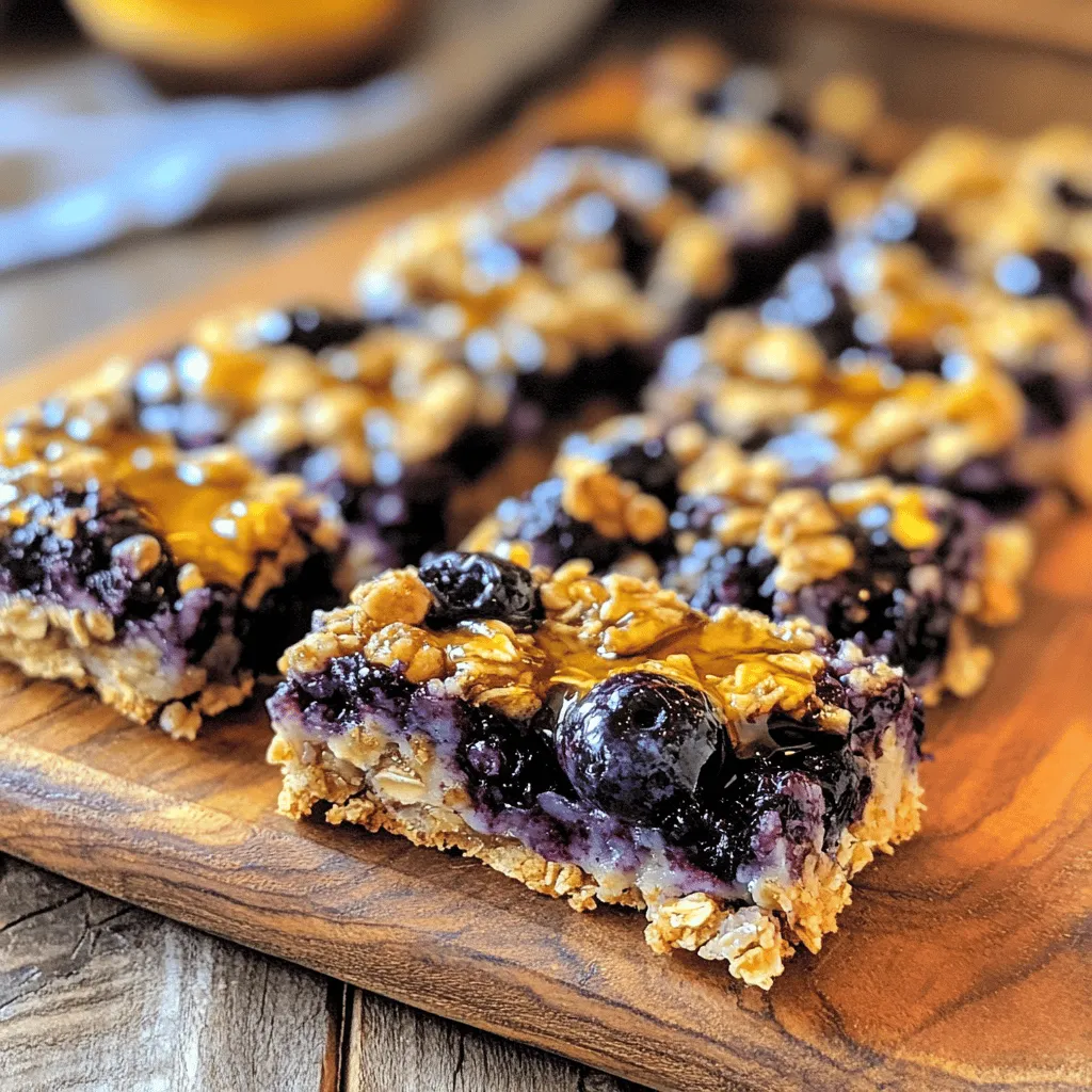 Here are the key ingredients you need for these tasty bars: - 2 cups rolled oats - 1 cup almond flour - 1/2 cup mashed bananas (about 1 large banana) - 1/4 cup honey or maple syrup - 1/2 cup almond milk (or any milk of choice) - 1 teaspoon vanilla extract - 1 teaspoon baking powder - 1/2 teaspoon cinnamon - 1 cup fresh or frozen blueberries - 1/4 cup chopped nuts (walnuts or almonds) for added crunch These ingredients come together to create a nutritious and filling snack. You can add some extra elements to boost flavor: - 1/4 cup shredded coconut for sweetness - 1/4 cup chocolate chips for a fun twist - 1/4 cup dried fruit like cranberries or raisins Feel free to mix and match based on your taste. If you have allergies or dietary needs, here are some options: - Use oat flour instead of almond flour for a gluten-free option. - Replace honey with agave syrup for a vegan choice. - Swap bananas for applesauce if you dislike bananas. These swaps keep the bars tasty while fitting your needs! For the full recipe, check the section above. First, gather your ingredients. You will need rolled oats, almond flour, bananas, honey or maple syrup, almond milk, vanilla extract, baking powder, cinnamon, blueberries, and nuts. Preheat your oven to 350°F (175°C). Next, take an 8x8 inch baking dish and line it with parchment paper. This makes it easy to lift out the bars later. In a large bowl, mix the rolled oats, almond flour, baking powder, cinnamon, and chopped nuts. Stir them well to combine. In another bowl, mash your banana until smooth. Then, add honey or maple syrup, almond milk, and vanilla extract. Whisk these wet ingredients until they blend well. Now, pour the wet mix into the dry mix. Stir gently until they come together. Finally, fold in the blueberries carefully to keep them intact. Spread the mixture into your prepared baking dish. Use a spatula to smooth the top evenly. Bake in your preheated oven for 25 to 30 minutes. You will know they are ready when the edges turn golden brown. Insert a toothpick in the center; if it comes out clean, they are done! After baking, let the bars cool for about 10 minutes in the dish. Then, lift them out using the parchment paper and cool completely on a wire rack. Once cool, cut into squares or rectangles. Enjoy your Blueberry Oatmeal Breakfast Bars as a healthy and tasty snack! For the complete recipe, check out the Full Recipe section. To get the best texture in Blueberry Oatmeal Breakfast Bars, focus on the oats. Use rolled oats instead of quick oats. Rolled oats give a chewier bite. Make sure the mixture is not too wet. If it seems runny, add a bit more almond flour. This helps to bind everything together. Bake until the edges are golden brown. This step ensures a firm base. One mistake is not measuring ingredients properly. Too much liquid makes the bars mushy. Another common error is overmixing. Mix just until combined to keep the bars fluffy. Let them cool fully before cutting. Cutting them too soon may lead to crumbling. Finally, don’t skip the parchment paper. It makes removing the bars much easier. To boost the flavor, add spices like nutmeg or ginger. These spices pair well with blueberries. You can also sprinkle some nuts on top before baking. This adds crunch and extra taste. Drizzling honey or maple syrup on top before serving adds sweetness. For a fun twist, try adding coconut flakes or chocolate chips. Each option gives a unique flavor to your breakfast bars. {{image_2}} You can make these breakfast bars gluten-free with a simple switch. Use gluten-free rolled oats and almond flour. This way, everyone at the table can enjoy them. They taste just as good and keep their nice texture. Feel free to get creative with fruit! You can swap blueberries for other fruits. Strawberries, raspberries, or even diced apples work well. Each fruit brings its own flavor and sweetness. This helps change things up while keeping the bars healthy and tasty. Boost the nutrition of your bars easily. You can add protein powder or chia seeds. This will make them more filling and keep you satisfied longer. Another option is to mix in some ground flaxseed or hemp seeds. These add fiber and healthy fats to your snack. For the full recipe, be sure to check out the Blueberry Oatmeal Breakfast Bars recipe. To keep your blueberry oatmeal breakfast bars fresh, store them in an airtight container. Place parchment paper between the bars to prevent sticking. This helps maintain their shape and texture. Keep the container in a cool, dry place for up to five days. If you want them to last longer, consider freezing them. Freezing these bars is easy and a great way to save them for later. First, cut the bars into pieces once they are completely cool. Then, wrap each bar tightly in plastic wrap. You can also place them in a freezer-safe bag or container. They will stay fresh for up to three months in the freezer. When you’re ready to eat, just thaw them in the fridge overnight. To enjoy your leftover bars, you can reheat them quickly. Place a bar in the microwave for about 15 to 20 seconds. This warms it up nicely without drying it out. You can also heat them in the oven at 350°F (175°C) for about 5 minutes. Enjoy them warm for a delicious snack or breakfast treat! Yes, you can use frozen blueberries in this recipe. They work well and save time. Just add them straight from the freezer. No need to thaw first. They may make the batter a bit wetter, but that’s okay. This can add moisture to your breakfast bars. Plus, frozen blueberries often taste just as good as fresh ones. These breakfast bars last about 5 days when stored properly. Keep them in an airtight container at room temperature. If you want them to last longer, you can freeze them. They will stay fresh for up to three months in the freezer. Just remember to wrap them well to avoid freezer burn. If you want to replace bananas, try unsweetened applesauce. It gives a nice moisture and sweetness. You can also use pureed pumpkin or yogurt. Each option will change the flavor a bit, but they work well. Just use about the same amount as the bananas in the recipe. These blueberry oatmeal breakfast bars are easy to make and full of flavor. We covered key ingredients, prep steps, and tips for the best results. Remember to experiment with variations and substitutions that suit your taste. Proper storage helps keep these tasty bars fresh longer. Enjoy your homemade snacks and share them with friends or family. Start baking today and delight in the health benefits and flavors of your creation!