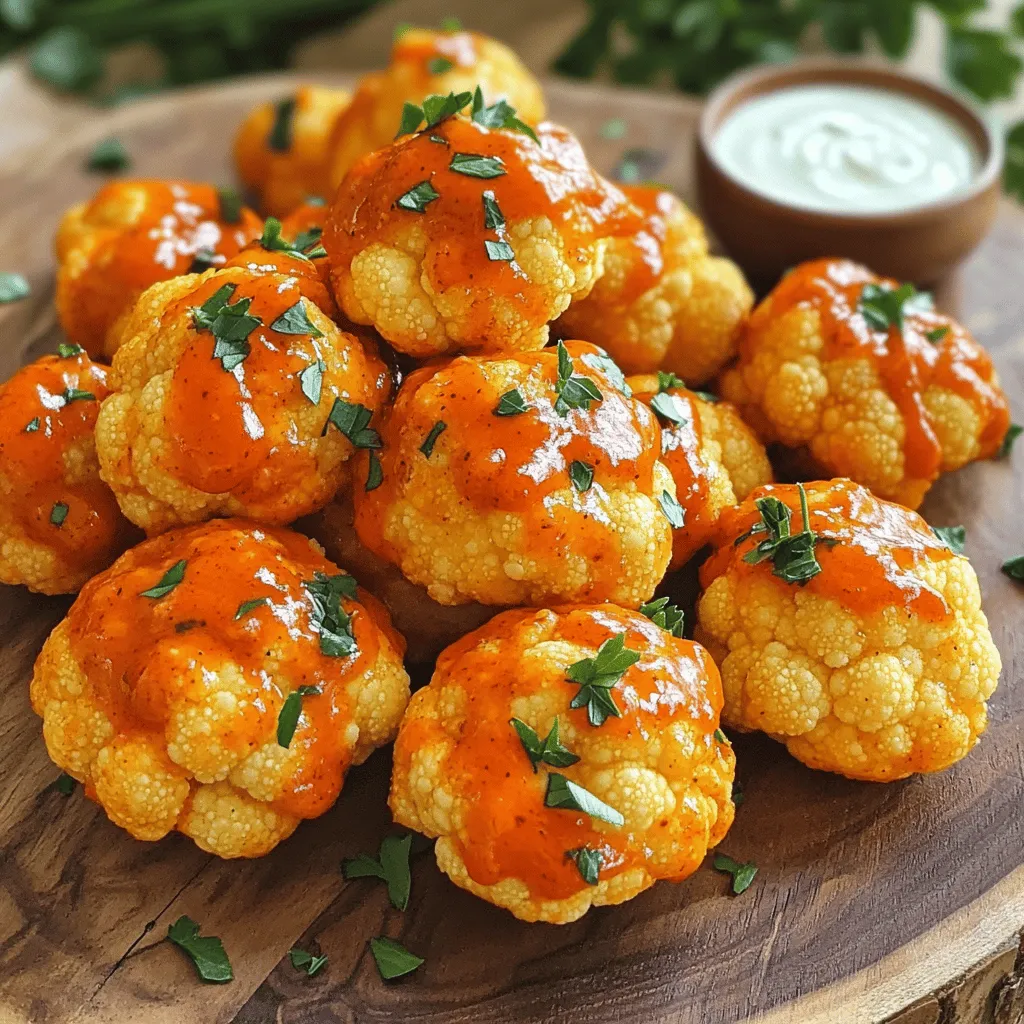 To make Buffalo Cauliflower Bites, you need fresh ingredients that pack a punch. Here’s what you will need: - 1 large head of cauliflower, cut into bite-sized florets - 1 cup all-purpose flour - 1 cup almond milk (or any preferred milk) - 1 teaspoon garlic powder - 1 teaspoon onion powder - 1 teaspoon smoked paprika - 1/2 teaspoon salt - 1/2 teaspoon black pepper - 1 cup buffalo sauce (store-bought or homemade) - 2 tablespoons coconut oil, melted These ingredients create a crunchy and spicy treat that is sure to impress. You can elevate your Buffalo Cauliflower Bites with some optional ingredients. Consider adding: - 1/2 teaspoon cayenne pepper for extra heat - 1 tablespoon nutritional yeast for a cheesy flavor - Fresh herbs like parsley or cilantro for a fresh taste These ingredients can add a twist to the classic recipe. Before you start cooking, check for these common pantry staples: - Baking sheet - Parchment paper - Mixing bowls - Whisk These items will help you prepare and bake your Buffalo Cauliflower Bites with ease. You can find the Full Recipe above to guide you through the cooking process. Start with one large head of cauliflower. Cut it into bite-sized florets. Make sure the pieces are even. This helps them cook at the same rate. Rinse the florets under cold water. Then, pat them dry with a clean towel. This step removes excess moisture. Less moisture means a crispier bite. In a large bowl, combine the dry and wet ingredients. Use one cup of all-purpose flour and one cup of almond milk. Add one teaspoon of garlic powder, onion powder, and smoked paprika. Sprinkle in half a teaspoon of salt and black pepper. Whisk it all together until smooth. The batter should be thick enough to coat the florets well. If it’s too runny, add a bit more flour. Preheat your oven to 450°F (230°C). Line a baking sheet with parchment paper. Dip each floret into the batter. Ensure it’s fully coated before placing it on the baking sheet. Spread them out in a single layer. Bake for 20 minutes, until tender and crispy. While baking, mix one cup of buffalo sauce with two tablespoons of melted coconut oil in a bowl. After 20 minutes, toss the baked cauliflower in the buffalo sauce. Return them to the baking sheet and bake for another 10-15 minutes. This makes them extra spicy and crisp. Let them cool for a few minutes, then enjoy your delicious buffalo cauliflower bites! For a full recipe, check the details above. To get your Buffalo cauliflower bites super crispy, follow these steps: - Use a high oven temperature. Set your oven to 450°F (230°C). This heat helps the batter crisp up fast. - Don’t overcrowd the baking sheet. Leave space between each floret. This allows hot air to circulate, making them crunchy. - Use parchment paper. Line your baking sheet with parchment paper. This prevents sticking and helps them crisp. - Flip halfway through baking. At the 20-minute mark, turn the bites over. This helps both sides get nice and crispy. If you have dietary needs, you can still enjoy these tasty bites. Here are some easy swaps: - Gluten-free flour. Use a gluten-free flour blend instead of all-purpose flour. - Non-dairy milk. Swap almond milk for any plant-based milk, like oat or soy milk. - Oil options. Instead of coconut oil, olive oil works well for a different flavor. Buffalo cauliflower bites taste great with various sauces. Here are some of the best: - Ranch dressing. The coolness of ranch balances the spicy heat. - Blue cheese dressing. This classic pairing adds rich flavor. - Extra buffalo sauce. Coat them again for more heat. For the full recipe, be sure to check out the details above. Enjoy your cooking! {{image_2}} If you love heat, try adding more spice to your Buffalo cauliflower bites. You can mix in cayenne pepper or hot sauce with your batter. This will give it an extra kick. Use jalapeños in the buffalo sauce for a bold twist. You can also sprinkle chili flakes on top before serving for more flavor. For a different taste, swap buffalo sauce for your favorite BBQ sauce. You can create a sweet and smoky flavor that everyone will enjoy. Just coat the baked cauliflower in the BBQ sauce after the first bake. Add a hint of garlic powder and smoked paprika to the batter for a tasty touch. This variation works well for those who prefer a milder flavor. You can make these bites gluten-free by using almond flour or chickpea flour instead of all-purpose flour. Both options will give you a great texture. You can also choose gluten-free sauces to keep it safe for those with gluten allergies. Check labels on your sauces to ensure they are gluten-free. Enjoy tasty bites that everyone can savor! For more ideas, check the Full Recipe for Buffalo Cauliflower Bites. After enjoying your Buffalo Cauliflower Bites, let them cool completely. Place them in an airtight container. This helps keep them fresh. Store the container in the fridge. They will last for about 3 to 5 days. If you want to keep them for longer, consider freezing. To reheat your leftover bites, use an oven for the best results. Preheat your oven to 350°F (175°C). Spread the cauliflower bites on a baking sheet. Bake for about 10-15 minutes. This keeps them crispy and tasty. You can also use an air fryer. Set it to 350°F (175°C) for about 5-7 minutes. You can freeze Buffalo Cauliflower Bites for future fun. First, let them cool completely. Spread them in a single layer on a baking sheet. Freeze for about 1-2 hours. Once they are solid, transfer them to a freezer-safe bag. Don’t forget to label the bag with the date. They will stay good for about 2-3 months in the freezer. When you're ready to enjoy them, you can bake them straight from frozen. Just add a few extra minutes to the baking time. To make your cauliflower bites crispy, the batter needs to be thin. A thicker batter will make them soggy. You can also add some cornmeal to the batter for extra crunch. Bake them at a high temperature, around 450°F (230°C), to get that golden, crispy finish. Flip them halfway through baking for an even crunch. Yes, you can use frozen cauliflower. Just thaw it first and pat it dry. Removing excess moisture helps the batter stick better. Keep in mind that frozen cauliflower may cook faster. Check for tenderness to avoid overcooking. Leftover Buffalo Cauliflower Bites can last for 3 to 4 days in the fridge. Store them in an airtight container to keep them fresh. You might notice they lose some crispiness, but they still taste great. For the best results, reheat them in the oven to regain some crunch. Check out the Full Recipe for more details. Buffalo cauliflower bites are easy to make and delicious. We covered the main ingredients, optional flavors, and what you need from your pantry. Then, I shared step-by-step instructions for prep, batter, and baking. You learned tips for crispiness and dietary substitutions. We explored tasty variations like spicy or BBQ versions. Lastly, I explained how to store and reheat leftovers. Try making these bites at home. They’re fun, flavorful, and perfect for any meal. Enjoy the tastes and create your own twists!