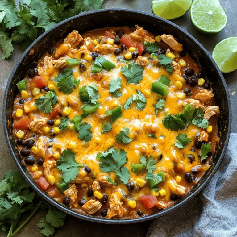 To make a Chicken Enchilada Skillet, you need the following main ingredients: - 1 pound boneless, skinless chicken breasts, diced - 1 tablespoon olive oil - 1 medium onion, chopped - 2 cloves garlic, minced - 1 can (15 oz) black beans, drained and rinsed - 1 can (10 oz) enchilada sauce - 1 cup frozen corn - 1 cup diced tomatoes (fresh or canned) - 1 teaspoon ground cumin - 1 teaspoon chili powder - Salt and pepper to taste - 1 ½ cups shredded cheddar cheese - Fresh cilantro, for garnish - Lime wedges, for serving These ingredients create a great base for the dish. They combine well to give you that authentic enchilada taste in a skillet form. You can add some optional ingredients to make your Chicken Enchilada Skillet even tastier: - Sliced jalapeños for heat - Avocado for creaminess - Sour cream for a tangy touch - Bell peppers for crunch and color Adding these extras can enhance the flavor and make your dish unique. Do not be afraid to experiment! To cook this dish, gather these kitchen tools: - A large skillet - A spatula for stirring - A knife and cutting board for chopping - Measuring cups and spoons for accuracy - An oven-safe dish if you want to broil the cheese Using the right tools makes cooking easier and more fun. With these ingredients and tools, you are ready to create a delicious Chicken Enchilada Skillet. For the complete cooking process, check out the Full Recipe. Start by heating olive oil in a large skillet over medium heat. Add the diced chicken to the hot oil. Cook the chicken for about 5 to 7 minutes. It should be cooked through and no longer pink. Take the chicken out and set it aside on a plate. This step gives the chicken a nice flavor before mixing it with the other ingredients. Next, use the same skillet for the vegetables. Add the chopped onions and minced garlic. Sauté them for about 3 to 4 minutes. You want the onions to become soft and clear. This step builds a great flavor base for your dish. The aroma will fill your kitchen, making it hard to wait! Now it's time to mix everything together. Return the cooked chicken to the skillet. Add the black beans, frozen corn, and diced tomatoes. Pour in the enchilada sauce, then sprinkle the cumin and chili powder. Season with salt and pepper to taste. Stir well to combine all the ingredients. Let the mixture simmer on low heat for about 5 to 10 minutes. The flavors will meld beautifully together. Once ready, top with shredded cheddar cheese and pop it under the broiler. That melty cheese is the finishing touch! For the full recipe, check the details above. To keep your chicken juicy, use fresh, high-quality meat. Cut the chicken into small, even pieces. This helps it cook evenly. Cook the chicken until it turns white and no longer pink. Avoid overcooking it. This can dry it out. Let the chicken rest for a few minutes before mixing it back in. This keeps the juices in, making it tender and tasty. Start by seasoning your chicken well. Use salt, pepper, and spices like cumin and chili powder. These add depth to your dish. When sautéing onions and garlic, cook them until they are soft and fragrant. This brings out their natural sweetness. Adding black beans and corn also boosts flavor. They add texture and a touch of sweetness. You can also try adding fresh lime juice. This brightens up all the flavors in your skillet. When you broil the cheese, keep a close eye on it. The broiler cooks fast. Sprinkle the cheese evenly over the top of your mixture. This ensures every bite is cheesy. Place the skillet under the broiler for three to five minutes. Watch for the cheese to bubble and turn golden brown. If it starts to burn, pull it out right away. Let it cool for a minute before serving. This lets the cheese set a bit, making it easier to serve. Enjoy your cheesy Chicken Enchilada Skillet with a side of lime wedges for that extra zing. For the full recipe, check out the original instructions. {{image_2}} You can easily make a vegetarian version of this dish. Swap the chicken for diced bell peppers, zucchini, or mushrooms. These veggies add great texture and flavor. You can also use tofu for extra protein. Just sauté the veggies until tender, then follow the same steps as the full recipe. This way, you will still enjoy all the flavors without meat. To make your Chicken Enchilada Skillet healthier, consider using lower-fat cheese or even a dairy-free option. Swap black beans for pinto beans or lentils for a different taste. You can also use whole-wheat tortillas instead of corn tortillas. This adds fiber and makes it more filling. Don't forget to add more veggies like spinach or kale to boost the nutrients. If you want more heat, add jalapeños or a dash of cayenne pepper to the mix. For a milder flavor, remove the chili powder or use sweet paprika instead. You can also serve hot sauce on the side for those who like it spicy. Adjusting spice levels lets you create the perfect dish for your taste buds. After enjoying Chicken Enchilada Skillet, let any leftovers cool down. Store them in an airtight container. This keeps the dish fresh and safe. Place the container in the fridge. It will last for about 3-4 days. If you have more leftovers, consider freezing them. When you’re ready to eat the leftovers, you have a few options. The microwave is quick. Just heat the dish for 1-2 minutes. Stir halfway through to warm evenly. For better texture, reheat in a skillet. Add a splash of water to help steam it. Heat on medium until it’s hot. The cheese will stay nice and gooey. Freezing is great for longer storage. Use a freezer-safe container or heavy-duty freezer bag. Remove as much air as you can. Label the bag with the date. This helps you keep track. You can freeze Chicken Enchilada Skillet for up to 3 months. When ready to eat, thaw it in the fridge overnight. Then, reheat as mentioned above. Enjoy your delicious meal anytime! Yes, you can use rotisserie chicken. It saves time and adds great flavor. Just shred the chicken and add it to the skillet when you combine the other ingredients. This shortcut makes the dish even easier and quicker to prepare. You can serve many tasty sides with Chicken Enchilada Skillet. Here are some great options: - Rice: White or brown rice pairs well. - Tortillas: Warm tortillas are perfect for scooping the dish. - Salad: A fresh salad adds crunch and balance. - Guacamole: This rich dip enhances the flavors. - Sour cream: A dollop brings creaminess and tang. These sides make the meal even more enjoyable and satisfying. Yes, this dish is perfect for meal prepping. You can make it ahead and store it for later. Just keep it in an airtight container in the fridge for up to four days. When you’re ready to eat, reheat it on the stove or in the microwave. You can also freeze it for up to three months. Just remember to let it cool before freezing. Enjoy your Chicken Enchilada Skillet anytime with this easy prep! For the complete recipe, check out the Full Recipe. This post covered how to make a Chicken Enchilada Skillet. We looked at the main and optional ingredients, key kitchen tools, and step-by-step cooking. I shared tips for juicy chicken, flavor boosts, and perfect cheese. You saw fun variations, storage details, and answers to common questions. Now you're ready to try this dish. Enjoy your cooking journey!