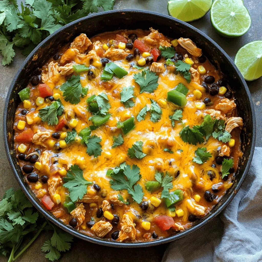To make a Chicken Enchilada Skillet, you need the following main ingredients: - 1 pound boneless, skinless chicken breasts, diced - 1 tablespoon olive oil - 1 medium onion, chopped - 2 cloves garlic, minced - 1 can (15 oz) black beans, drained and rinsed - 1 can (10 oz) enchilada sauce - 1 cup frozen corn - 1 cup diced tomatoes (fresh or canned) - 1 teaspoon ground cumin - 1 teaspoon chili powder - Salt and pepper to taste - 1 ½ cups shredded cheddar cheese - Fresh cilantro, for garnish - Lime wedges, for serving These ingredients create a great base for the dish. They combine well to give you that authentic enchilada taste in a skillet form. You can add some optional ingredients to make your Chicken Enchilada Skillet even tastier: - Sliced jalapeños for heat - Avocado for creaminess - Sour cream for a tangy touch - Bell peppers for crunch and color Adding these extras can enhance the flavor and make your dish unique. Do not be afraid to experiment! To cook this dish, gather these kitchen tools: - A large skillet - A spatula for stirring - A knife and cutting board for chopping - Measuring cups and spoons for accuracy - An oven-safe dish if you want to broil the cheese Using the right tools makes cooking easier and more fun. With these ingredients and tools, you are ready to create a delicious Chicken Enchilada Skillet. For the complete cooking process, check out the Full Recipe. Start by heating olive oil in a large skillet over medium heat. Add the diced chicken to the hot oil. Cook the chicken for about 5 to 7 minutes. It should be cooked through and no longer pink. Take the chicken out and set it aside on a plate. This step gives the chicken a nice flavor before mixing it with the other ingredients. Next, use the same skillet for the vegetables. Add the chopped onions and minced garlic. Sauté them for about 3 to 4 minutes. You want the onions to become soft and clear. This step builds a great flavor base for your dish. The aroma will fill your kitchen, making it hard to wait! Now it's time to mix everything together. Return the cooked chicken to the skillet. Add the black beans, frozen corn, and diced tomatoes. Pour in the enchilada sauce, then sprinkle the cumin and chili powder. Season with salt and pepper to taste. Stir well to combine all the ingredients. Let the mixture simmer on low heat for about 5 to 10 minutes. The flavors will meld beautifully together. Once ready, top with shredded cheddar cheese and pop it under the broiler. That melty cheese is the finishing touch! For the full recipe, check the details above. To keep your chicken juicy, use fresh, high-quality meat. Cut the chicken into small, even pieces. This helps it cook evenly. Cook the chicken until it turns white and no longer pink. Avoid overcooking it. This can dry it out. Let the chicken rest for a few minutes before mixing it back in. This keeps the juices in, making it tender and tasty. Start by seasoning your chicken well. Use salt, pepper, and spices like cumin and chili powder. These add depth to your dish. When sautéing onions and garlic, cook them until they are soft and fragrant. This brings out their natural sweetness. Adding black beans and corn also boosts flavor. They add texture and a touch of sweetness. You can also try adding fresh lime juice. This brightens up all the flavors in your skillet. When you broil the cheese, keep a close eye on it. The broiler cooks fast. Sprinkle the cheese evenly over the top of your mixture. This ensures every bite is cheesy. Place the skillet under the broiler for three to five minutes. Watch for the cheese to bubble and turn golden brown. If it starts to burn, pull it out right away. Let it cool for a minute before serving. This lets the cheese set a bit, making it easier to serve. Enjoy your cheesy Chicken Enchilada Skillet with a side of lime wedges for that extra zing. For the full recipe, check out the original instructions. {{image_2}} You can easily make a vegetarian version of this dish. Swap the chicken for diced bell peppers, zucchini, or mushrooms. These veggies add great texture and flavor. You can also use tofu for extra protein. Just sauté the veggies until tender, then follow the same steps as the full recipe. This way, you will still enjoy all the flavors without meat. To make your Chicken Enchilada Skillet healthier, consider using lower-fat cheese or even a dairy-free option. Swap black beans for pinto beans or lentils for a different taste. You can also use whole-wheat tortillas instead of corn tortillas. This adds fiber and makes it more filling. Don't forget to add more veggies like spinach or kale to boost the nutrients. If you want more heat, add jalapeños or a dash of cayenne pepper to the mix. For a milder flavor, remove the chili powder or use sweet paprika instead. You can also serve hot sauce on the side for those who like it spicy. Adjusting spice levels lets you create the perfect dish for your taste buds. After enjoying Chicken Enchilada Skillet, let any leftovers cool down. Store them in an airtight container. This keeps the dish fresh and safe. Place the container in the fridge. It will last for about 3-4 days. If you have more leftovers, consider freezing them. When you’re ready to eat the leftovers, you have a few options. The microwave is quick. Just heat the dish for 1-2 minutes. Stir halfway through to warm evenly. For better texture, reheat in a skillet. Add a splash of water to help steam it. Heat on medium until it’s hot. The cheese will stay nice and gooey. Freezing is great for longer storage. Use a freezer-safe container or heavy-duty freezer bag. Remove as much air as you can. Label the bag with the date. This helps you keep track. You can freeze Chicken Enchilada Skillet for up to 3 months. When ready to eat, thaw it in the fridge overnight. Then, reheat as mentioned above. Enjoy your delicious meal anytime! Yes, you can use rotisserie chicken. It saves time and adds great flavor. Just shred the chicken and add it to the skillet when you combine the other ingredients. This shortcut makes the dish even easier and quicker to prepare. You can serve many tasty sides with Chicken Enchilada Skillet. Here are some great options: - Rice: White or brown rice pairs well. - Tortillas: Warm tortillas are perfect for scooping the dish. - Salad: A fresh salad adds crunch and balance. - Guacamole: This rich dip enhances the flavors. - Sour cream: A dollop brings creaminess and tang. These sides make the meal even more enjoyable and satisfying. Yes, this dish is perfect for meal prepping. You can make it ahead and store it for later. Just keep it in an airtight container in the fridge for up to four days. When you’re ready to eat, reheat it on the stove or in the microwave. You can also freeze it for up to three months. Just remember to let it cool before freezing. Enjoy your Chicken Enchilada Skillet anytime with this easy prep! For the complete recipe, check out the Full Recipe. This post covered how to make a Chicken Enchilada Skillet. We looked at the main and optional ingredients, key kitchen tools, and step-by-step cooking. I shared tips for juicy chicken, flavor boosts, and perfect cheese. You saw fun variations, storage details, and answers to common questions. Now you're ready to try this dish. Enjoy your cooking journey!