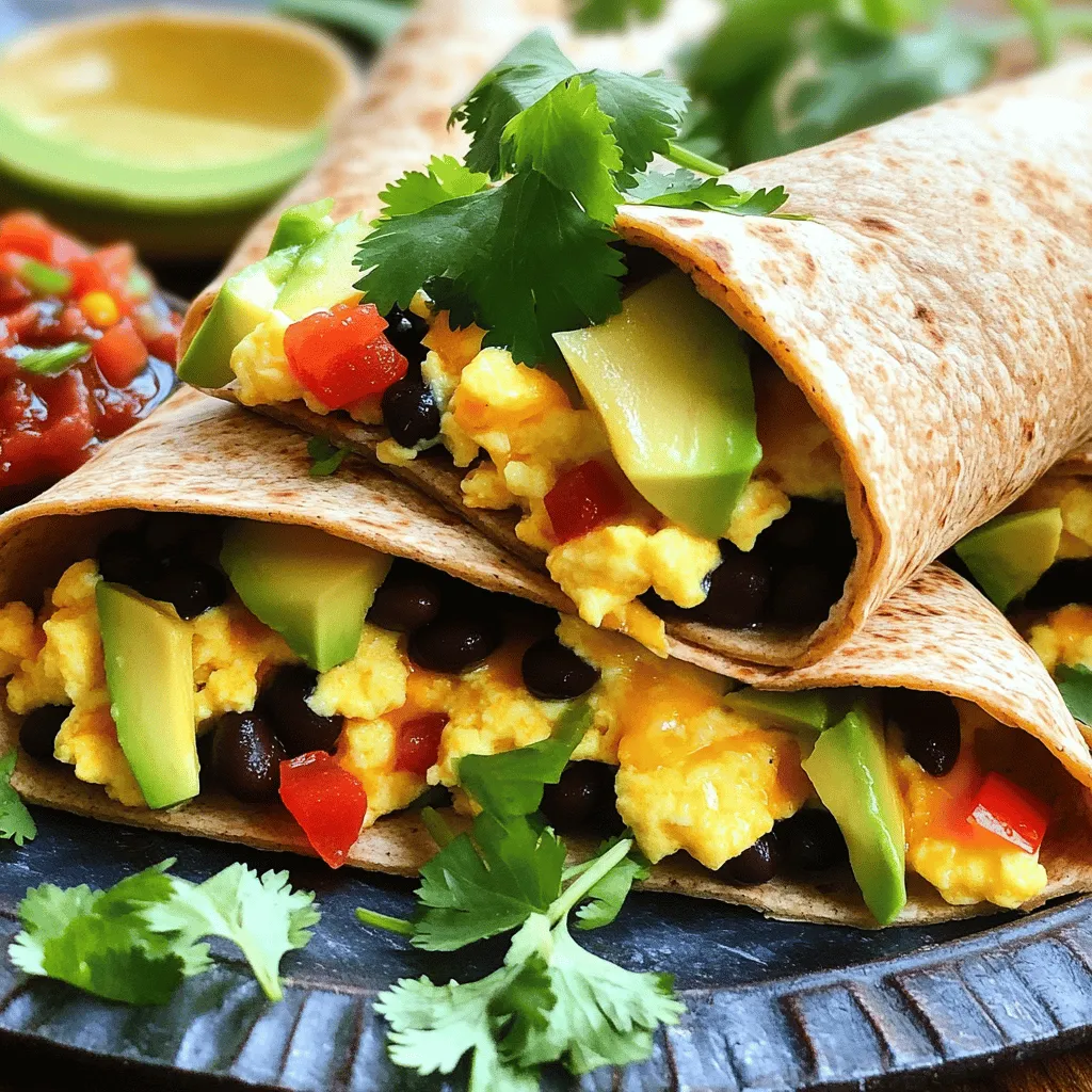 To make these tasty Sunrise Breakfast Burritos, gather these must-have items: - 4 large eggs - 1/2 cup milk - 1/2 cup black beans, rinsed and drained - 1 small red bell pepper, diced - 1 small yellow onion, diced - 1 avocado, sliced - 1/2 cup shredded cheese (cheddar or pepper jack) - 4 whole wheat tortillas - 2 tablespoons olive oil - 1 teaspoon ground cumin - Salt and pepper, to taste - Fresh cilantro, for garnish - Salsa or hot sauce, for serving You can add more flavor with these optional ingredients: - Chopped tomatoes - Spinach or kale - Jalapeños for heat - Sour cream or Greek yogurt - Lime wedges for a zesty touch Each burrito packs a punch of flavor and nutrients. Here is a quick look at the nutrition per serving: - Calories: 350 - Protein: 20g - Carbohydrates: 30g - Fat: 18g - Fiber: 8g - Sodium: 400mg These numbers can change based on your choices. For example, using low-fat cheese or skipping the avocado can lower calories. The Full Recipe includes all the steps to make these delicious burritos. First, gather your ingredients: - 4 large eggs - 1/2 cup milk - 1/2 cup black beans, rinsed and drained - 1 small red bell pepper, diced - 1 small yellow onion, diced - 1 avocado, sliced - 1/2 cup shredded cheese (cheddar or pepper jack) - 4 whole wheat tortillas - 2 tablespoons olive oil - 1 teaspoon ground cumin - Salt and pepper, to taste - Fresh cilantro, for garnish - Salsa or hot sauce, for serving Next, whisk the eggs and milk in a bowl. Add salt and pepper to taste. Chop the onion and red bell pepper into small pieces. In a large non-stick skillet, heat olive oil over medium heat. Once hot, add the diced onion and bell pepper. Cook for about 4-5 minutes until they soften. Stir in the ground cumin and black beans. Cook for another 2-3 minutes until heated through. Pour in the egg mixture. Stir gently until the eggs are fully cooked and light. This should take about 3-4 minutes. Remove the skillet from heat. Lay a tortilla flat on a clean surface. Spoon a portion of the egg and bean mix into the center. Add a few slices of avocado and a sprinkle of cheese on top. Fold the sides of the tortilla over the filling. Then, roll it up from the bottom to form a burrito shape. Repeat this with the remaining tortillas and filling. For a crispy finish, place the burritos seam-side down in the skillet. Toast for 1-2 minutes on each side over medium heat. Serve warm, garnished with fresh cilantro and a side of salsa or hot sauce. This is the Full Recipe for your Sunrise Breakfast Burritos. Enjoy! To make the perfect burrito, start with warm tortillas. This helps them bend without breaking. Use fresh ingredients for the best taste. I like to use a mix of eggs and beans for protein. The eggs should be fluffy, so don’t overcook them. When you fill the tortilla, leave some space at the edges. This makes rolling easier. After rolling, you can toast the burrito in a skillet for crunch. This step adds great flavor and texture. One common mistake is overstuffing the burrito. This can lead to a messy meal. Use just enough filling to keep it balanced. Another mistake is not seasoning the eggs well. A little salt and pepper can make a big difference. Watch the cooking time for the eggs. If they are too dry, they won't taste good. Lastly, don’t skip the garnishes. Fresh cilantro and salsa add flavor and color. For making Sunrise Breakfast Burritos, you’ll need some key tools. A non-stick skillet works best for cooking the filling. It ensures that nothing sticks and makes cleanup easy. A whisk is perfect for mixing the eggs and milk. A sharp knife helps you dice the veggies quickly. A spatula is great for stirring the filling and serving the burritos. Lastly, a cutting board provides a safe space to prep your ingredients. These tools will help you create a tasty meal. For the full recipe, check out the details above. {{image_2}} You can change the filling to suit your taste. Try adding cooked sausage or bacon for a meatier option. Swap black beans for pinto beans or refried beans if you prefer. For a spicy kick, add jalapeños or diced green chiles. You can also mix in veggies like spinach or mushrooms for extra nutrition. You can prepare the filling in different ways. If you have an air fryer, use it to cook the egg mixture. It makes the eggs fluffy and light. You can also bake the burritos for a crispy outside. Just wrap them and place them in a baking dish at 350°F for 15-20 minutes. To change the flavor, try different spices. Instead of cumin, use smoked paprika or chili powder. For a fresh taste, add chopped herbs like parsley or chives. You can also top your burrito with sour cream, guacamole, or your favorite salsa. Each addition brings a new twist to your Sunrise Breakfast Burritos. For a full recipe, check out the details provided. To keep your Sunrise Breakfast Burritos fresh, wrap them in plastic wrap or foil. Place them in an airtight container. Store them in the fridge for up to three days. Make sure they cool down before you store them. This helps prevent sogginess. When you're ready to enjoy your leftovers, reheat them carefully. You can use a microwave or a skillet. If using a microwave, place a burrito on a plate and cover it with a damp paper towel. Heat for 1-2 minutes or until warm. For a crispy outside, heat a skillet over medium heat and toast the burrito for 2-3 minutes on each side. Freezing your Sunrise Breakfast Burritos is a great option. Wrap each burrito tightly in plastic wrap. Then, place them in a freezer-safe bag or container. They can last up to three months in the freezer. To reheat, thaw in the fridge overnight and follow the reheating instructions above. Enjoy your tasty burritos anytime! You can use many ingredients instead of black beans. Great choices include pinto beans, kidney beans, or even refried beans. If you want a lighter option, try using cooked quinoa. Each substitute adds a unique flavor and texture. Just keep in mind the cooking time may vary. Yes, you can easily make your burritos vegetarian. Simply remove the black beans or use them as they are plant-based. You can also add more veggies, like spinach or mushrooms, to give extra flavor and nutrition. This makes the dish colorful and healthy, perfect for everyone. To prepare these burritos ahead of time, follow these steps. Cook the filling as usual and let it cool. Then, assemble the burritos and wrap them tightly in foil or plastic wrap. Store them in the fridge for up to two days. You can also freeze them for up to a month. When ready to eat, reheat in the microwave or on the stove. Enjoy them warm and fresh! For the Full Recipe, check out the earlier section. We covered the key ingredients needed for great burritos. You learned how to prepare, cook, and assemble your meals step-by-step. I shared useful tips to avoid mistakes and recommended tools to make cooking easier. You can customize your burritos with different flavors and cooking methods. Lastly, I provided the best ways to store and reheat leftovers. Try new ideas, and enjoy your cooking journey. Making burritos can be fun and rewarding!
