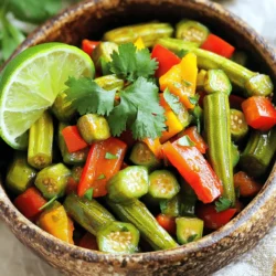 - 1 pound fresh okra, trimmed and sliced into 1/2 inch rounds - 1 red bell pepper, diced - 1 green bell pepper, diced - 1 medium onion, thinly sliced - 3 cloves garlic, minced Fresh okra is the star of this dish. When you pick okra, look for bright green pods. They should be firm and not too large. Bell peppers add color and sweetness. I like using both red and green for their taste and look. Onion and garlic give a base of flavor that makes the dish pop. - 1 teaspoon cumin powder - 1 teaspoon smoked paprika - 1/2 teaspoon cayenne pepper (adjust to taste) - Salt and black pepper to taste Cumin powder adds earthiness. Smoked paprika gives a warm, smoky flavor. Cayenne pepper brings heat but feel free to adjust it. Salt and black pepper enhance all the flavors. - Fresh cilantro, chopped (for garnish) - Lime wedges for serving Fresh cilantro adds brightness to the dish. Lime wedges offer a zesty kick that pairs well with the spices. These garnishes not only taste great but also make your plate look pretty. For the full recipe, check out the cooking instructions! - Trim and slice okra. Cut each piece into 1/2 inch rounds. - Dice red and green bell peppers. Slice the onion thinly. - Heat olive oil in a large skillet over medium-high heat. - Add the sliced okra. Sauté for 5 to 7 minutes. Stir often until they start to brown. This step helps reduce the sliminess of the okra. - Push the okra to one side of the skillet. Add the sliced onion and diced peppers to the other side. - Cook for another 4 to 5 minutes. You want the vegetables to become tender. The onions should turn translucent. - Stir in minced garlic. Cook for an additional minute until it smells nice. - Sprinkle in cumin powder, smoked paprika, cayenne pepper, salt, and black pepper. Mix well. - Cook for 2 to 3 more minutes. This allows all the flavors to blend. - Remove from heat and garnish with chopped cilantro. You can find the Full Recipe for a complete guide. Enjoy your dish! To cut down on okra's sliminess, sauté it well. Start by using high heat. This helps to cook the okra quickly, sealing in moisture and reducing slime. Stir the okra often, but not too much. Let it sit in the hot skillet for a bit. This browning adds flavor and texture. Cooking it for 5-7 minutes is key. For the best results, use a cast-iron or non-stick skillet. These types heat evenly and prevent sticking. When cooking, keep the heat on medium-high. This temperature brings out the best in the okra and veggies. Serve the sautéed okra in a bright bowl for a pop of color. Garnish with fresh cilantro and a lime wedge. This makes your dish look fresh and inviting. Pair it with fluffy jasmine rice or quinoa. These sides balance the flavors and make a complete meal. Enjoy your beautiful dish! {{image_2}} You can make Spicy Sautéed Okra even better with more veggies. Try adding sliced zucchini, corn, or tomatoes. This adds color and flavor. You can also mix in proteins. Chicken or shrimp works well. Just cook the protein first, then add the okra and other veggies. Want more heat? You can add more cayenne pepper. Just be careful to taste as you go. If cayenne is too hot for you, try paprika or chili powder instead. These spices add warmth without too much heat. To make this dish vegan, simply skip the chicken or shrimp. You can still enjoy the flavors with just the veggies. If you need it gluten-free, this recipe already fits that bill! For oil, use avocado oil or coconut oil if olive oil doesn't suit your diet. These options keep the dish tasty and healthy. For the full recipe, check out the link! To keep your spicy sautéed okra fresh, store it in an airtight container. Place it in the fridge within two hours after cooking. The okra will stay good for up to three days. If you want to freeze it, let it cool completely first. Then, transfer it to a freezer-safe bag. Make sure to remove as much air as possible. Frozen okra can last for up to three months. When reheating your okra, the stovetop is the best method. Heat a small amount of oil in a pan over medium heat. Add the okra and stir until hot. This way, it keeps its nice texture. You can also use the microwave. If you do, place it in a microwave-safe dish, cover it, and heat for one minute. Stir and check if it needs more time. Fresh sautéed okra stays tasty for about three days in the fridge. After that, it may start to lose its flavor and texture. Signs of spoilage include a slimy feel or an off smell. If you see these signs, it’s best to throw it out. Enjoy your delicious meal while it’s fresh! For the full recipe, check out the details above. To reduce sliminess, you can follow a few tips. First, heat the skillet well before adding the okra. Cooking it at a higher temperature helps. Sauté the okra for 5-7 minutes until it starts to brown. Stir it less often during this time. This gives it a nice texture. You can also use a little salt on the okra before cooking. Let it sit for a few minutes. This will draw out some moisture and help reduce the slimy feel. Lastly, serving it hot right from the pan can help keep its texture. Yes, you can use frozen okra, but there are a few things to know. Frozen okra is convenient and often pre-trimmed. However, it may have added moisture, affecting the texture. If you use frozen okra, cook it straight from the freezer. Do not thaw it first. Sauté it for a little longer, until it’s heated through and slightly browned. This will help keep the flavor and reduce sliminess. Spicy Sautéed Okra pairs well with many dishes. You can serve it as a side with grilled chicken or shrimp. It complements rice dishes, like jasmine or basmati rice. You might also enjoy it with quinoa for a healthy twist. For a full meal, try it with a fresh salad or warm bread. The flavors mix well and add fun to your plate. You can find the Full Recipe to try these ideas. To sum up, Spicy Sautéed Okra is simple to make. You need fresh okra, bell peppers, onion, and garlic. Spices add flavor, and garnishes like cilantro and lime bring freshness. Cooking it well reduces sliminess and makes it tasty. Remember to experiment with different ingredients and spice levels. This dish is flexible and can fit various diets. Enjoy your meal with great side dishes. Happy cooking!
