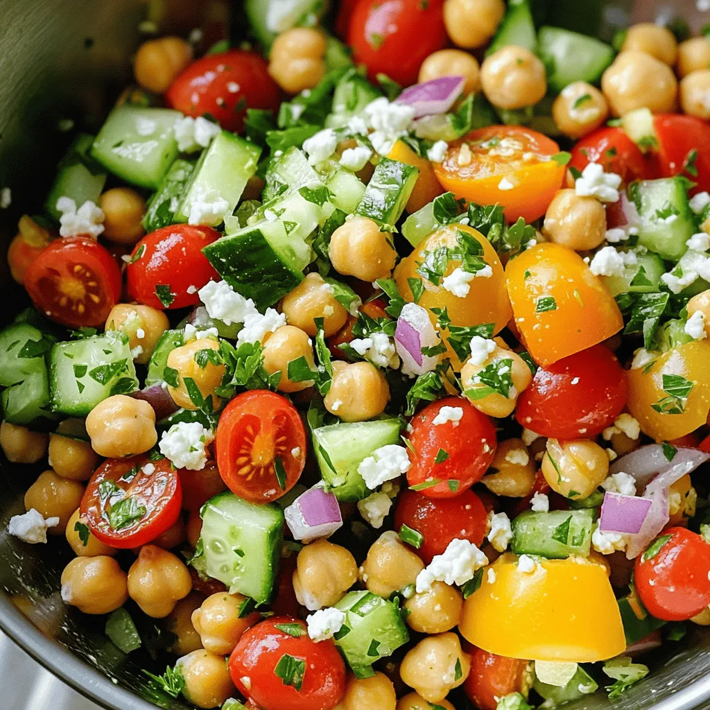 To create a simple chickpea salad, you need a few key items: - 2 cans (15 oz each) chickpeas, drained and rinsed - 1 cup cherry tomatoes, halved - 1 cucumber, diced - 1/2 red onion, finely chopped - 1 bell pepper (any color), diced - 1/4 cup fresh parsley, chopped These main ingredients give the salad a fresh taste and a nice crunch. You can add extra flavors with these optional ingredients: - 1/4 cup feta cheese, crumbled (optional) Feta cheese adds a creamy, salty touch that pairs well with the veggies. For the dressing, gather these items: - 3 tablespoons olive oil - 2 tablespoons lemon juice - 1 teaspoon ground cumin - Salt and pepper to taste This dressing is simple yet full of flavor. It brings all the ingredients together. You can find the Full Recipe for more detailed steps on making this delicious salad! To start, gather your ingredients. You need two cans of chickpeas, cherry tomatoes, cucumber, red onion, bell pepper, parsley, and feta cheese if you wish. Rinse the chickpeas under cold water. This step helps remove extra salt. Halve the cherry tomatoes and dice the cucumber and bell pepper. Chop the red onion finely. Finally, chop the fresh parsley. All these colors make the salad look great! Now, let’s make the dressing. In a small bowl, mix three tablespoons of olive oil with two tablespoons of lemon juice. Add one teaspoon of ground cumin. Season with salt and pepper. Whisk these ingredients together until smooth. This dressing will add flavor and freshness to your salad. In a large mixing bowl, combine the chickpeas, cherry tomatoes, cucumber, red onion, bell pepper, and parsley. If you like cheese, add the feta. Now, drizzle the dressing over the salad. Toss everything gently to coat the veggies well. Taste the salad and adjust the seasonings. Let it sit for 15-20 minutes. This waiting time helps the flavors blend in. Enjoy your chickpea salad! For the full recipe, refer to the details above. To make your chickpea salad pop, use fresh herbs. Parsley adds a bright taste. You can also try mint for a refreshing twist. A squeeze of lemon juice brings zest. Ground cumin adds warmth and depth. Taste your salad before serving. Adjust salt and pepper to suit your taste. Always rinse your chickpeas well. This removes excess salt and helps them taste fresh. Cut your veggies into even sizes. This makes the salad look nice and helps it mix well. Use ripe tomatoes for the best flavor. A good cucumber should be firm and crisp. Let the salad sit for 15-20 minutes. This helps the flavors blend. Serve it cold or at room temperature. It’s perfect for lunch or a light dinner. Pair it with pita bread for a complete meal. This dish works well as a side at parties, too. For the full recipe, check out the Full Recipe section. {{image_2}} You can change the herbs and veggies in this salad. Try using cilantro instead of parsley. It adds a fresh twist. You can also add spinach or arugula for some green. Chopped mint makes it bright and tasty too. Feel free to use any vegetables you like. Carrots, celery, or even corn work well. The more colors, the better the salad looks! To make the salad more filling, add protein. Cooked quinoa is a great choice. It pairs well with chickpeas. Grilled chicken or shrimp also work nicely. If you want a plant-based option, add tofu or tempeh. These options bring more texture and taste to your dish. This way, it can become a main meal instead of just a side. The dressing can change the whole salad vibe. A balsamic vinaigrette gives it a sweet touch. For something creamier, try a yogurt dressing. You can make it by mixing yogurt with lemon juice and garlic. This adds a nice tang. Experiment with different dressings to find your favorite. You can even add some spicy sauce for a kick! Check out the Full Recipe to see how you can mix it up. To keep your chickpea salad fresh, place it in an airtight container. This will prevent air from getting in and keep the flavors intact. You can also cover the bowl tightly with plastic wrap if you need a quick option. Store it in the fridge for the best taste. Chickpea salad stays good in the fridge for about 3-5 days. If you want to keep it longer, freezing is an option, but it may change the texture. To freeze, place the salad in a freezer-safe container. It can last up to a month in the freezer. Just remember to thaw it in the fridge overnight before serving. When you’re ready to enjoy your salad again, take it out of the fridge. If it seems dry, add a bit of olive oil or lemon juice to perk it up. Mix well to combine everything. Serve it cold for the freshest taste. For a fun twist, try adding fresh herbs or extra veggies right before serving for a burst of flavor. For the full recipe, check out the [Full Recipe]. If you don't have feta, try using goat cheese. It adds a creamy texture. You could also use tofu for a dairy-free option. Nutritional yeast gives a cheesy flavor without dairy. Yes, you can make this salad ahead! Just mix all the ingredients. Store it in the fridge for up to 2 days. The flavors will blend and taste even better. Keep the dressing separate until you're ready to eat. To make the salad vegan, simply leave out the feta cheese. You can add extra veggies or nuts for protein. Try using avocado for creaminess instead. This keeps the salad fresh and tasty! This blog post covered how to make a simple chickpea salad. We discussed key ingredients, from chickpeas to dressings. You learned step-by-step instructions for preparation and mixing. Tips and tricks showed you how to boost flavor and suggested serving ideas. Variations let you explore different herbs, proteins, and dressings. Finally, we shared how to store leftovers and answer common questions. Enjoy making this salad your own, and have fun experimenting with new flavors!