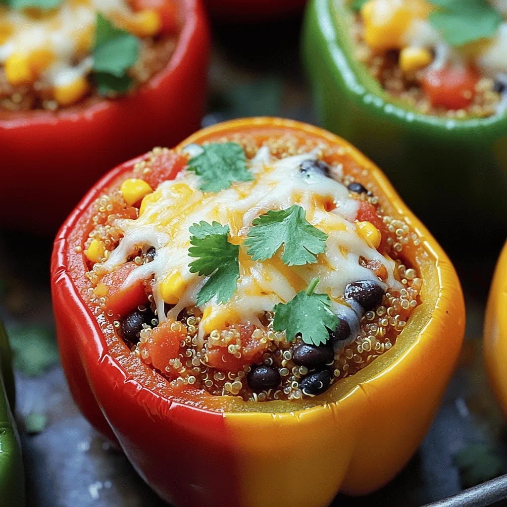 To make Tex-Mex quinoa stuffed peppers, gather these items: - 4 large bell peppers (any color) - 1 cup quinoa, rinsed - 2 cups vegetable broth - 1 can (15 oz) black beans, drained and rinsed - 1 cup corn (fresh, frozen, or canned) - 1 can (14.5 oz) diced tomatoes with green chilies - 1 teaspoon cumin - 1 teaspoon chili powder - 1 teaspoon garlic powder - Salt and pepper to taste - 1 cup shredded cheese (cheddar or a Tex-Mex blend) - Fresh cilantro for garnish (optional) Each serving of these stuffed peppers offers a balance of nutrients: - Calories: 350 - Protein: 15g - Carbohydrates: 50g - Dietary Fiber: 12g - Fat: 10g - Sugars: 4g This dish provides a good mix of protein and fiber. Quinoa and black beans work together to give you a hearty meal. You can swap ingredients if needed: - Bell peppers: Use zucchini or tomatoes instead. - Quinoa: Substitute with rice or farro. - Black beans: Try kidney beans or pinto beans. - Cheese: Use a dairy-free option or omit for a vegan dish. - Spices: Adjust cumin and chili powder based on your taste. These swaps can make the recipe fit your needs while keeping it delicious. For the full recipe, check out the cooking instructions! First, gather your ingredients. You need bell peppers, quinoa, black beans, corn, diced tomatoes, and spices. Cut the tops off the bell peppers and take out the seeds. This helps the peppers cook evenly. Next, lightly grease a baking dish to prevent sticking. Rinse the quinoa well to remove any bitterness. In a medium pot, boil the vegetable broth. Once boiling, add the rinsed quinoa. Stir and reduce the heat. Cover the pot and let it simmer for about 15 minutes. It’s key to keep the lid on while cooking. This allows the quinoa to puff up nicely. In a large bowl, mix the cooked quinoa with black beans, corn, diced tomatoes, and spices. Stir well to combine everything. Stuff the mixture into each pepper, pressing it down gently. Preheat your oven to 375°F (190°C) before you start cooking. Bake the stuffed peppers covered with foil for 25 to 30 minutes. This keeps them moist. After that, uncover the dish and bake for an extra 10 minutes to melt the cheese. Check that the peppers are tender before serving. For the full recipe, check the provided link. To cook quinoa just right, rinse it first. This removes bitter saponins. Use a ratio of 1 cup quinoa to 2 cups broth. Bring the broth to a boil, then add quinoa. Stir it once, then cover and simmer on low. Let it cook for about 15 minutes. When done, fluff it with a fork. It should be soft and fluffy, perfect for your stuffed peppers. For a great Tex-Mex taste, use shredded cheese. Cheddar brings sharpness, while a Tex-Mex blend adds variety. Monterey Jack melts beautifully and has a mild flavor. For a twist, try queso fresco for a crumbly texture. Mix different cheeses for depth and richness in taste. Choose what you love best to enhance your dish. Garnishing makes your dish pop! Fresh cilantro adds color and freshness. Squeeze lime juice over the top for a zesty kick. Sour cream or Greek yogurt can add creaminess. You can also sprinkle some chopped green onions for crunch. Use colorful ingredients to make your plate look inviting. These simple touches will impress your guests! For the full recipe, check out Tex-Mex Quinoa Stuffed Peppers. {{image_2}} You can easily make Tex-Mex quinoa stuffed peppers vegetarian or vegan. To do this, just skip the cheese or use a plant-based cheese. You can also swap the vegetable broth for water to keep it vegan. Add more veggies, like zucchini or mushrooms, for extra flavor and texture. These changes keep the dish hearty and satisfying without meat. If you want a protein boost, consider adding cooked chicken or turkey. Shred or chop the meat and mix it with the quinoa filling. This adds a nice savory flavor. You can use leftovers from a roasted chicken or turkey. If you prefer ground meat, brown it first and mix it in. This turns the dish into a filling meal that will please everyone. For spice lovers, add jalapeños or hot sauce to the quinoa mixture. You can also use spicy diced tomatoes for an extra kick. If you want a milder dish, remove the seeds from jalapeños or use sweet bell peppers. Adjust the spices to fit your taste. This way, everyone can enjoy their own level of heat in the stuffed peppers. For the complete recipe, check out the [Full Recipe]. After cooking, let the stuffed peppers cool down. Once cooled, store them in an airtight container. They will stay fresh in the fridge for about 3 to 5 days. Make sure to separate layers with parchment paper if you stack them. This keeps them from sticking together. You can freeze leftovers for later. First, let the peppers cool completely. Wrap each pepper tightly in plastic wrap. Then, place them in a freezer-safe bag or container. They can last in the freezer for up to 3 months. When you are ready to eat, just take them out and let them thaw in the fridge overnight. To reheat, preheat your oven to 350°F (175°C). Place the stuffed peppers in a baking dish. Cover them with foil to keep them moist. Bake for about 20 minutes or until heated through. If you want to melt the cheese again, remove the foil for the last 5 minutes. You can also use a microwave. Heat on high for 2 to 3 minutes, but the oven gives better results. For the best taste, I suggest using the oven. For the full recipe, check the details shared earlier. You can pair these stuffed peppers with a fresh salad. A simple green salad works well. You might also serve them with tortilla chips and salsa. If you want something warm, consider rice or a side of guacamole. These options add nice flavors and textures to your meal. They also balance the spices in the peppers. The stuffed peppers stay good in the fridge for about 3-5 days. Make sure to store them in an airtight container. This keeps them fresh and tasty. When you’re ready to eat, just reheat them. You can warm them in the oven or microwave. Yes, you can prepare stuffed peppers ahead of time. You can assemble them and store them in the fridge. Just cover them tightly with plastic wrap or foil. When you are ready to cook, bake them straight from the fridge. You can also freeze them for later. This makes for a quick meal option. Check the full recipe for more details on preparation. We explored how to make Tex-Mex quinoa stuffed peppers. We covered ingredients, cooking steps, and useful tips. Storage methods help keep your leftovers fresh. Variations let you change flavors to fit your taste. Remember, you can make them mild or spicy, vegetarian or stuffed with chicken. With these ideas, you can enjoy this dish any time. Now, get cooking and have fun!