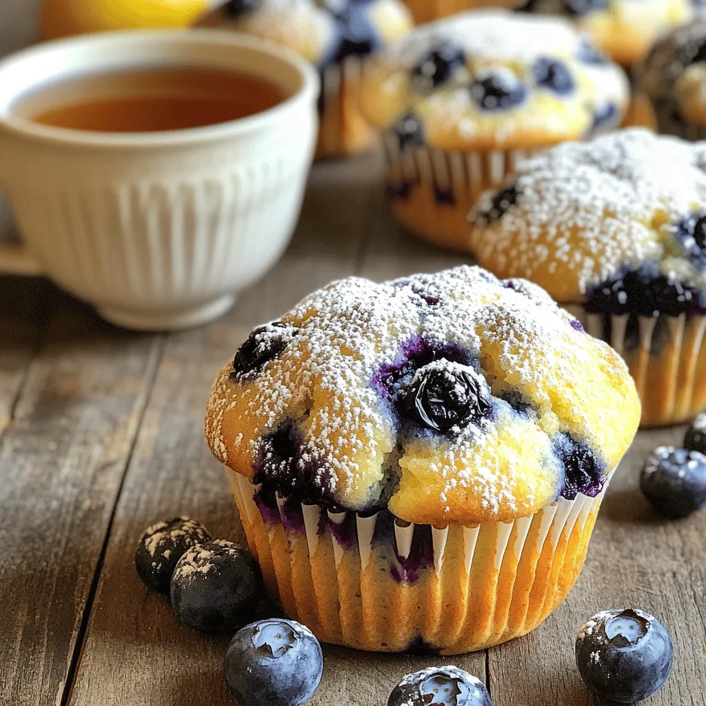 To make Blueberry Lemon Yogurt Muffins, you need a few simple ingredients. Each one adds to the flavor and texture. Here’s what you will use: - 1 cup all-purpose flour - 1 cup whole wheat flour - 1 tablespoon baking powder - 1/2 teaspoon baking soda - 1/4 teaspoon salt - 1/2 cup granulated sugar - 1/2 cup Greek yogurt (plain) - 1/2 cup milk - 1/3 cup vegetable oil - 2 large eggs - Zest of 1 lemon - 1 tablespoon lemon juice - 1 cup fresh blueberries This mix creates a moist muffin with a delightful burst of blueberries. The Greek yogurt makes them tender and adds a nice tang. The lemon zest and juice bring freshness, making each bite a treat. You can find the full recipe below to guide you through the steps. 1. Preheat the oven to 375°F (190°C). This helps the muffins bake evenly. 2. Prepare your muffin tin by lining it with paper liners or greasing it with cooking spray. This keeps the muffins from sticking. 3. In a large mixing bowl, mix the dry ingredients. Combine the all-purpose flour, whole wheat flour, baking powder, baking soda, and salt. Whisk until they blend well. 4. In another bowl, combine the wet ingredients. Mix the granulated sugar, Greek yogurt, milk, vegetable oil, eggs, lemon zest, and lemon juice until smooth. 5. Pour the wet mixture into the dry ingredients. Gently fold them together until just combined. Be careful not to overmix, as this makes the muffins tough. 6. Gently fold in the fresh blueberries. This adds a burst of flavor to each bite. 7. Divide the batter evenly among the muffin cups. Fill each cup about two-thirds full for the best rise. 8. Bake in the preheated oven for 18-20 minutes. Check for doneness by inserting a toothpick in the center. It should come out clean or with a few crumbs. 9. Allow the muffins to cool in the pan for 5 minutes, then transfer them to a wire rack. This prevents sogginess and helps them cool completely. For the full recipe, check out the complete instructions above. - Alternative flours: You can swap all-purpose flour with almond or oat flour for a gluten-free option. Whole wheat flour can be replaced with spelt flour for a nutty flavor. - Yogurt options: If you don’t have Greek yogurt, regular yogurt works well too. You can also use dairy-free yogurt made from coconut or almond. - Sugar alternatives: For a healthier touch, use honey or maple syrup instead of granulated sugar. You can cut down the amount if you prefer less sweetness. - Avoid overmixing: Mix the batter gently to keep the muffins light and fluffy. Overmixing makes them tough. - Checking doneness: Insert a toothpick in the center of a muffin. It should come out clean to show they are done. - Storing leftovers: Once cooled, store muffins in an airtight container. They stay fresh in the fridge for about a week. You can also freeze them for later enjoyment. By following these tips, you can make your blueberry lemon yogurt muffins even tastier and suited to your needs. If you want to see the full recipe, check it out for detailed instructions. {{image_2}} You can make these muffins even better with a few simple tweaks. - Adding nuts: Chopped walnuts or pecans add a nice crunch. They pair great with blueberries. Just fold in about 1/2 cup of your choice. - Mixing in spices: Try adding a pinch of cinnamon or nutmeg. These spices bring warmth and depth to the muffins. Just a little goes a long way! - Using different fruits: You can swap blueberries for raspberries, strawberries, or even peaches. Each fruit gives a unique flavor twist. Just make sure to keep the same quantity. Serving these muffins can be fun and creative. Here are some ideas to try. - Pairing with beverages: Enjoy them with coffee or tea. A glass of fresh lemonade also complements the lemon flavor well. - Presentation methods: Place muffins on a colorful plate. You could add a sprig of mint on top for a bright touch. - Muffin serving ideas: Serve them warm. You can also slice them in half and spread some butter or cream cheese. This adds extra flavor and creaminess. For the full experience, check out the Full Recipe to make your own batch of blueberry lemon yogurt muffins! First, let the muffins cool completely. This helps keep them fresh. Once cool, store them in an airtight container. Place a paper towel inside to absorb extra moisture. Keep the container in the refrigerator for up to five days. This helps maintain the muffins' soft texture. If you want to save some for later, freezing is the way to go. Wrap each muffin tightly in plastic wrap. Then, place them in a freezer-safe bag or container. Label the bag with the date. You can freeze them for up to three months. To enjoy your frozen muffins, remove them from the freezer. Thaw them overnight in the fridge. You can also microwave them for about 30 seconds to warm them up. This makes them taste fresh and delicious again! For more details, check the Full Recipe. Can I use frozen blueberries? Yes, you can use frozen blueberries. They add great flavor. Just add them straight from the freezer. Do not thaw them first. This helps keep your muffins from turning purple. How to make these muffins gluten-free? To make these muffins gluten-free, swap the all-purpose flour and whole wheat flour with a gluten-free blend. Make sure it has xanthan gum for better texture. Check the package for the right amount. What if I don’t have Greek yogurt? If you don’t have Greek yogurt, you can use regular yogurt. The muffins will still taste great. You can also use sour cream or buttermilk as alternatives. These will keep your muffins moist and fluffy. How long do these muffins last? These muffins last about 3 days at room temperature. Store them in an airtight container to keep them fresh. They can last up to a week in the fridge. Can I make mini muffins instead? Yes, you can make mini muffins! Just fill the mini muffin tin with batter. Bake at the same temperature but for about 10-12 minutes. Check them often to avoid overbaking. What’s the best way to reheat muffins? Reheat muffins in the microwave for about 10-15 seconds. You can also warm them in the oven at 350°F for about 5-7 minutes. This gives them a nice, fresh taste. You learned how to make tasty muffins with simple steps and fresh ingredients. From choosing the right flours to adding fun mix-ins, each decision makes your muffins unique. Remember to check for doneness to ensure perfect results. Store your muffins well for lasting freshness. Try different flavors to keep things exciting. Enjoy the process and share your muffins with friends and family. Happy baking!
