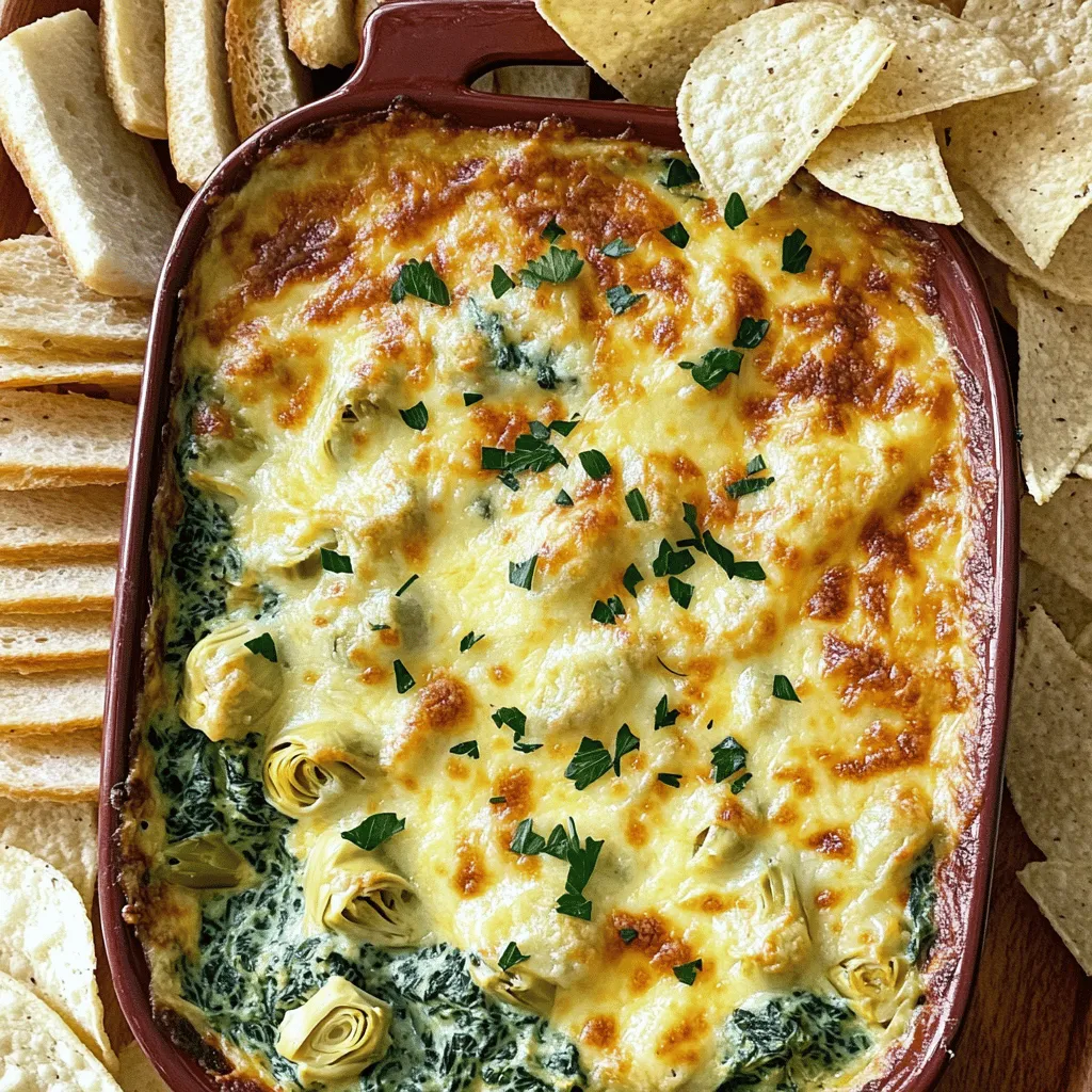 To make my creamy spinach artichoke dip, you will need fresh, simple ingredients. Here’s a list to help you gather everything you need: - 1 cup fresh spinach, chopped - 1 cup canned artichoke hearts, drained and chopped - 1/2 cup cream cheese, softened - 1/2 cup sour cream - 1/2 cup mozzarella cheese, shredded - 1/4 cup Parmesan cheese, grated - 2 cloves garlic, minced - 1 teaspoon lemon juice - Salt and pepper to taste - 1/4 teaspoon red pepper flakes (optional for heat) - Tortilla chips or sliced baguette for serving If you want to kick up the flavor, consider adding a touch of smoked paprika or a sprinkle of Italian herbs. These can give your dip a new twist. I love serving this dip warm, as it makes the cheese melt just right. You can use tortilla chips or sliced baguette for dipping. Arrange them around the dip for a nice look. For an extra touch, sprinkle some extra Parmesan cheese or chopped parsley on top before serving. It makes the dip look even more inviting! For the full recipe, check out the details above! 1. Start by preheating your oven to 350°F (175°C). This step helps the dip cook evenly. 2. In a large mixing bowl, combine the softened cream cheese, sour cream, mozzarella cheese, and Parmesan cheese. 3. Add the minced garlic to the cheese mixture. Mix everything well until it is smooth. 4. Next, fold in the chopped spinach and artichoke hearts. Then, add the lemon juice, salt, and pepper. 5. If you like some heat, sprinkle in the red pepper flakes. Stir until all ingredients blend well. 6. Transfer this creamy mixture into a baking dish. Spread it evenly for nice cooking. 7. Bake your dip for 25-30 minutes. It’s ready when it bubbles and the top turns slightly golden. - Prep time is just 10 minutes. With baking, the total time comes to about 40 minutes. - To get the perfect texture, watch the baking time closely. You want it hot and creamy, not burnt. - Serve warm with tortilla chips or sliced baguette for the best experience. This recipe is a crowd-pleaser! For the complete details, check out the Full Recipe. To make the best creamy spinach artichoke dip, choose your cheese wisely. I love mixing cream cheese, mozzarella, and Parmesan. Each cheese adds its unique flavor. If you want a lighter dip, use Greek yogurt instead of sour cream. It keeps the creaminess but adds protein. For a smooth texture, allow the cream cheese to soften. This helps it mix better. Use a hand mixer for ultra-smooth results. When adding spinach and artichokes, make sure to drain them well. Excess water will make your dip runny. Presentation matters! Serve the dip warm in a nice bowl. Garnish with extra Parmesan or a sprinkle of parsley. It adds color and makes it more inviting. Pair your dip with crunchy tortilla chips or warm sliced baguette. You can also serve it with veggies like carrots and celery for a fresh touch. For drinks, try it with a crisp white wine or a light beer. These pair well with the dip's rich flavors. {{image_2}} You can make this dip even better with a few simple tweaks. Try adding spices like garlic powder, onion powder, or paprika. These spices bring out the flavors of the dip and give it extra depth. Fresh herbs like basil or thyme can also elevate your dip. If you want to swap cheeses, go for cream cheese or goat cheese. Each cheese adds its own flavor and creaminess. You can even mix two different cheeses for a unique taste. If you need gluten-free options, use gluten-free chips or veggies for dipping. To make this dip vegan, swap the cream cheese and sour cream for cashew cream or a store-bought vegan cream cheese. You can also use nutritional yeast instead of Parmesan for a cheesy flavor. To lower the fat content, you can use low-fat cream cheese and yogurt instead of sour cream. This keeps the dip creamy while cutting down on calories. These adjustments keep the dish delicious while fitting different diets. For the full recipe, check the section above. To keep your creamy spinach artichoke dip fresh, store leftovers in an airtight container. This helps prevent the dip from drying out. Place it in the fridge right after serving. The dip can last for about 3 to 5 days. If you notice any off smells or changes in texture, it's best to toss it. When you're ready to enjoy the dip again, choose gentle reheating methods. One great way is to use the oven. Preheat it to 350°F (175°C). Place the dip in an oven-safe dish and cover it with foil. This prevents it from becoming dry. Heat for about 15-20 minutes or until it’s warm throughout. You can also microwave it, but do so in short bursts. Stir in between to keep it smooth. If you want to store it long-term, freezing is a good option. Place the dip in a freezer-safe container after it cools. Make sure to leave some space at the top for expansion. The dip can stay in the freezer for up to 2 months. When you're ready to eat it, thaw it overnight in the fridge. Then, reheat as mentioned above for the best taste. You can enjoy this dip anytime! What can I use instead of fresh spinach? You can use frozen spinach if fresh is not available. Just make sure to thaw and drain it well. This keeps the dip from getting too watery. You can also try kale for a different taste. How do I make it spicier? To add heat, include more red pepper flakes. You can also add jalapeños or hot sauce. Adjust to your taste for the right kick. Can I prepare this dip ahead of time? Yes, you can make this dip a day before. Just mix the ingredients, cover, and store it in the fridge. Bake it just before serving for the best flavor. How long can it stay out before it needs to be refrigerated? This dip can sit out for about two hours. After that, bacteria can form. Keep it warm in a slow cooker if you want to serve it longer. What are some good dipping options besides tortilla chips? Sliced baguette is a classic choice. You can also use veggies like carrots and celery. Crackers or pita chips are great, too. Pick what you love! In this post, we discussed how to make a delicious dip. We covered ingredients, steps, tips, and ways to store it. You can enhance your dip with flavor tricks or make it fit your diet. Remember to keep leftovers safe and reheated well for the best taste. Enjoy exploring these ideas for your next gathering! Make this dip the star of your snack table. Happy dipping!