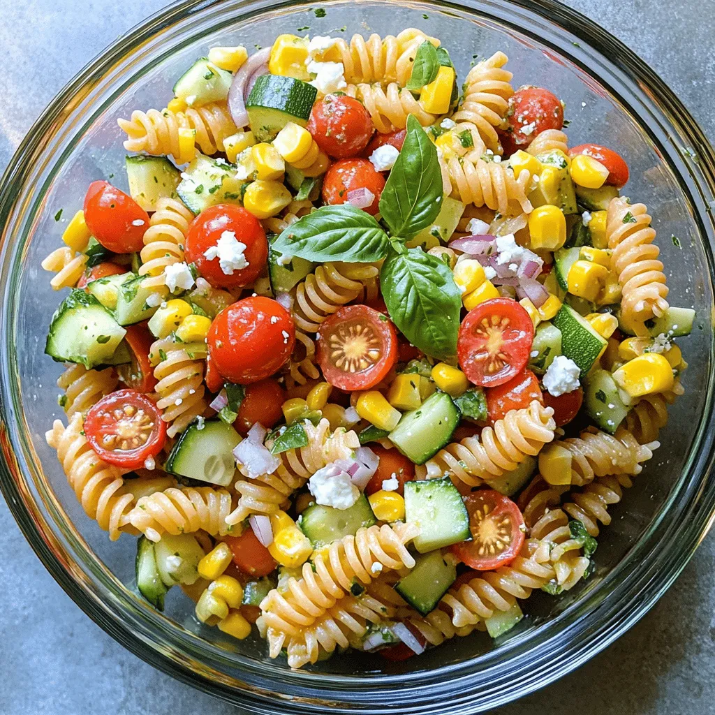 For a vibrant Summer Veggie Pasta Salad, you need fresh and colorful ingredients. This salad is easy to make and packed with flavor. - 2 cups whole wheat fusilli pasta - 1 cup cherry tomatoes, halved - 1 medium cucumber, diced - 1 bell pepper (red or yellow), diced - 1 cup corn kernels (fresh or frozen) - 1 medium zucchini, diced - 1/4 cup red onion, finely chopped - 1/4 cup fresh basil, chopped - 1/4 cup feta cheese, crumbled (optional) - 3 tablespoons olive oil - 2 tablespoons lemon juice - Salt and pepper to taste Using whole wheat fusilli gives the salad a nutty flavor and a nice bite. Fresh summer vegetables like tomatoes, cucumbers, bell peppers, and zucchini add crunch and color. Corn kernels bring sweetness, while basil adds a fresh, aromatic touch. If you like, you can sprinkle feta cheese on top for a creamy texture. The dressing is simple yet packed with flavor. Olive oil provides richness, and lemon juice adds a zesty kick. Salt and pepper balance all the flavors perfectly. For the Full Recipe, check the detailed cooking instructions. This mix of ingredients creates a delightful dish perfect for warm summer days. To start, boil water in a large pot. Add salt to the water; it helps flavor the pasta. Once boiling, drop in 2 cups of whole wheat fusilli pasta. Cook it until it is al dente, which means it should be firm but not hard. This usually takes about 8 to 10 minutes. After cooking, drain the pasta and rinse it under cold water. This stops the cooking process and cools it down quickly. While the pasta cools, it's time to prepare the veggies. Start by washing all your fresh summer vegetables. For a great salad, I like to dice the cucumber, bell pepper, and zucchini into bite-sized pieces. Cut the cherry tomatoes in half for easy eating. Use a sharp knife for clean cuts. When selecting vegetables, look for bright colors and firm textures. Fresh veggies make a big difference in taste. Now, let’s mix it all together. In a large mixing bowl, combine the cooled pasta with the diced vegetables. Toss gently to mix everything well. For the dressing, whisk together 3 tablespoons of olive oil and 2 tablespoons of lemon juice in a small bowl. Add salt and pepper to taste. Drizzle the dressing over the pasta and vegetables, then toss gently until everything is coated evenly. For extra flavor, add 1/4 cup of chopped fresh basil and some crumbled feta cheese if you like. These add creaminess and freshness. It’s best to chill the salad in the fridge for at least 30 minutes before serving. Chilling allows the flavors to blend nicely, making every bite delicious. Enjoy your Summer Veggie Pasta Salad! For the full recipe, check out the details above. To make your pasta salad shine, start with fresh herbs and spices. Fresh basil adds a bright touch. Use salt and pepper to enhance flavors. A pinch of garlic powder or onion powder can add depth. For texture, cook your pasta just right. Al dente pasta holds its shape and won't get soggy. Rinse it under cold water to stop the cooking. This keeps it firm and adds a refreshing bite. Serve your salad cold or at room temperature. The flavors are best when they mix well. You can make it a few hours ahead. This lets the ingredients blend fully. Pair it with grilled chicken or fish for a full meal. It also goes well with crusty bread or a light soup. Use a clear glass bowl to show off those colorful veggies. This adds visual appeal and makes the dish pop. Garnish with extra basil leaves and a sprinkle of feta cheese. This not only looks great but adds a tasty finish. For a fun twist, try serving in individual cups for easy sharing. Refer to the [Full Recipe] for all the details on creating this delightful dish. {{image_2}} You can switch up the pasta in your salad. Try using gluten-free pasta if you need. You can also use other shapes like penne or rotini. These changes keep the dish fresh. For vegetables, think about what’s in season. Bell peppers can change to snap peas or asparagus. Use whatever looks good at the market. Zucchini can be swapped for yellow squash, too. The key is to keep it colorful and tasty. The dressing makes a big difference. If you want a change, try a balsamic vinaigrette. Mix balsamic vinegar, olive oil, and a bit of honey for a sweet touch. A creamy dressing like ranch or yogurt-based can also work well. You can add spices to your dressing. Try garlic powder or crushed red pepper for a kick. Flavored oils, like chili oil or herb-infused oil, can also elevate the taste. For vegan options, skip the feta cheese. Instead, use avocado for creaminess. You can also add nuts or seeds for extra texture. If you need a gluten-free version, use gluten-free pasta. Many brands offer great options that taste good. You can still enjoy all the flavors without the gluten. This Summer Veggie Pasta Salad can fit many diets and tastes. With these variations, you can make it your own! To keep your Summer Veggie Pasta Salad fresh, I recommend using airtight containers. This helps to lock in flavors and moisture. Make sure the salad is completely cool before sealing it. If you have leftovers, divide them into smaller portions. This way, you can grab just what you need without exposing the whole batch. In the refrigerator, this salad lasts about 3-5 days. Check for signs of spoilage before eating. If you see any mold or a sour smell, it's best to toss it out. Fresh ingredients can lose their crunch over time, so enjoy it sooner than later! Serving leftovers can be fun and easy. For best results, enjoy the salad cold. If you prefer it warm, gently heat it in a pan over low heat. This helps maintain the texture of the pasta and veggies. Avoid high heat, which can make them mushy. You want to enjoy every bite! For more details, check the Full Recipe. To make this dish vegan, swap out feta cheese with avocado or leave it out. Use a non-dairy dressing made from tahini or cashew cream. You can also try using nutritional yeast for a cheesy flavor without dairy. Yes, you can make this salad a day in advance. This helps the flavors mix well. Just store it in the fridge in an airtight container. Whole wheat fusilli works great for this salad. It holds dressing well and adds fiber. You can also use rotini, penne, or bowtie pasta for fun shapes. To make this dish gluten-free, choose gluten-free pasta. Options like brown rice pasta or quinoa pasta work well. They maintain texture and absorb flavors nicely. Yes! You can add cooked chicken, chickpeas, or black beans for protein. For a plant-based option, try diced tofu or tempeh. These additions make the salad heartier and more filling. For the complete recipe, check out the [Full Recipe]. This blog post guides you through an easy Summer Veggie Pasta Salad recipe. We covered key ingredients, step-by-step instructions, handy tips, and various adaptations. You can customize your salad with fresh veggies and different dressings, making it perfect for anyone. Remember to store it well to keep it fresh. Enjoy your delicious, colorful dish this summer!