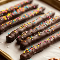 - 1 cup pretzel rods - 1 cup dark chocolate chips (or milk chocolate if preferred) - 1 tablespoon coconut oil (optional) The main ingredients for chocolate dipped pretzel rods are simple. You need pretzel rods and chocolate chips. I prefer dark chocolate for a rich taste, but milk chocolate works too. The coconut oil is optional. It helps make the chocolate smooth when melted. - 1/4 cup colorful sprinkles or crushed nuts - Sea salt flakes Garnishes can make your treat pop! I love using colorful sprinkles for fun. Crushed nuts add a nice crunch. A sprinkle of sea salt gives a great sweet and salty mix. You can choose what you like best! For the full recipe, check out the instructions later in this article. Start by preparing your workspace. Grab a baking sheet and line it with parchment paper. This paper will keep the pretzel rods from sticking. It makes cleanup easy too. Make sure to have enough space for all the rods you’ll dip. Next, take a microwave-safe bowl. Add the dark chocolate chips and the coconut oil if you want. The coconut oil helps the chocolate get smooth. Microwave the bowl for 30 seconds at a time. After each interval, take it out and stir. This step is important for a nice, smooth texture. Keep microwaving and stirring until the chocolate melts completely. Now for the fun part! Take each pretzel rod and dip it into the melted chocolate. Aim to cover about two-thirds of the rod. Make sure to hold it at an angle. This way, you can get an even coat. After dipping, let the excess chocolate drip back into the bowl. This will keep the pretzels from being too messy. If you want to add sprinkles or nuts, do it right away. Dip the wet chocolate part into the toppings or sprinkle them on top. Once you finish, carefully place the dipped pretzel rods on the lined baking sheet. If you like, sprinkle a little sea salt over each rod for an extra tasty twist. After dipping all the rods, put the baking sheet in the fridge. Let them chill for about 30 minutes to set the chocolate. This step is crucial for a great bite! Enjoy your delicious chocolate-dipped pretzel rods that are sure to impress! For the full recipe, check out the instructions above. To get smooth chocolate, I use coconut oil. It helps the chocolate flow better. This makes it easier to dip the pretzel rods. If you skip the oil, the chocolate may not coat as nicely. For melting chocolate, I have a perfect microwave method. I place the chocolate chips in a microwave-safe bowl. I heat them for 30 seconds at a time. After each interval, I stir well. This method avoids burning the chocolate. It will turn smooth and shiny if done right. Timing is key when adding toppings. You should sprinkle them right after dipping. If you wait too long, the chocolate will set. This means the toppings won’t stick well. To get an even coat, dip the pretzel rod about two-thirds deep. Then, gently shake off extra chocolate. This helps create a nice, even layer. For serving, I love using a decorative platter. You can arrange the pretzel rods in fun patterns. This makes them look festive and inviting. If you want to gift them, try cellophane bags. You can tie them with a pretty ribbon. This adds a nice touch. Friends and family will love receiving these sweet treats! {{image_2}} You can use various types of chocolate for your pretzel rods. Dark chocolate adds a rich taste. It contrasts well with the salty pretzel. Milk chocolate brings a creamy sweetness. This is a favorite for kids. White chocolate offers a smooth and sweet flavor. Each type gives a unique twist to your snack. You might want to mix chocolates too. Half dark and half white works great. This gives a beautiful look. It also creates a fun flavor. The fun part is choosing toppings! You can use many flavors and textures. Chopped nuts add crunch. Almonds or peanuts work well. Shredded coconut gives a tropical feel. Crushed candies like Oreos or M&Ms can make your pretzels pop. You can also try colorful sprinkles for a festive touch. This makes them great for parties or gifts. Celebrate with themed decorations! For Halloween, use orange and black sprinkles. In winter, add red and green for the holidays. You can drizzle white chocolate on top for a snowy look. For Valentine’s Day, use pink sprinkles or heart-shaped candies. This makes your pretzel rods perfect for sharing. Each season brings a chance to get creative with your treats! For the full recipe, check out the section above. To keep your chocolate dipped pretzel rods fresh, store them in an airtight container. This helps prevent moisture from ruining the chocolate. Choose a container that fits the rods nicely. A tin or a plastic box works well. For best taste and texture, eat the pretzel rods within two weeks. They will stay good, but the chocolate may lose its shine over time. If you want to store them longer, freezing is a great option. First, place the pretzel rods in a single layer on a baking sheet. Freeze them for about one hour. This way, the chocolate sets well. After freezing, wrap each pretzel rod in plastic wrap. Make sure they are tightly sealed. Then, put them in a freezer-safe bag or container. Label the bag with the date. Frozen chocolate dipped pretzel rods can last for up to three months. When you’re ready to eat them, simply thaw them in the fridge for a few hours. Enjoy your treat whenever you like! Chocolate-dipped pretzel rods can last about 1 to 2 weeks. To keep them fresh, store them in an airtight container. Make sure to place parchment paper between layers to avoid sticking. Avoid warm places, as heat can melt the chocolate. Yes, you can make chocolate-dipped pretzel rods ahead of time. Prepare them a few days before your event. After dipping, let them cool and set completely. Then, store them as mentioned above. This way, they stay tasty and look great when it's time to serve. You can find pre-made chocolate-dipped pretzel rods at many stores. Check local bakeries or specialty shops. Online retailers also offer a range of options. When buying, read reviews to ensure quality. Freshness is key to enjoying these treats. Yes, there are gluten-free pretzel rod options. Look for brands that specifically label their products as gluten-free. You can also make your own using gluten-free flour. This way, everyone can enjoy these delightful snacks without worry. In this blog post, we explored how to make tasty chocolate-dipped pretzel rods. You learned the main ingredients, tips for melting the chocolate, and how to dip pretzels evenly. We also looked at fun variations and storage tips to keep them fresh. Now, you have all the tools to create your own delicious snacks. Enjoy sharing them or keeping them for yourself. Happy dipping!