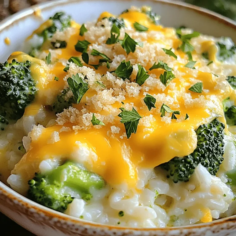 To make a great Cheesy Broccoli Rice Casserole, gather these key items: - 2 cups cooked white or brown rice - 3 cups fresh broccoli florets (or frozen, thawed) - 2 cups shredded cheddar cheese (divided) - 1 cup cream of mushroom soup (or homemade) - 1 cup milk - 1/2 teaspoon garlic powder - 1/2 teaspoon onion powder - Salt and pepper to taste - 1/2 cup bread crumbs (optional for topping) - 2 tablespoons butter (melted, for bread crumbs) These ingredients blend to create a creamy, cheesy dish. The rice serves as a hearty base, while broccoli adds a nice crunch. The cheeses give a rich flavor, and the soup adds creaminess. If you need alternatives, here are some options: - Use brown rice for a nutty flavor and more fiber. - Swap cream of mushroom soup with cream of chicken soup for a different taste. - Try different cheeses, like mozzarella or Monterey Jack, for varied flavors. - Use vegetable broth instead of milk for a lighter option. - For a vegan version, use plant-based cheese and a dairy-free soup. These swaps can help you customize the dish to your taste or dietary needs. Toppings can elevate your casserole. Here are some ideas: - Sprinkle extra cheese on top for a cheesy crust. - Add crushed crackers or chips for a crunchy layer. - Top with fresh herbs like parsley or chives for color and flavor. - Drizzle hot sauce for a spicy kick. These enhancements add texture and flavor, making your casserole even tastier. For the full recipe, check out the earlier section. Start by gathering all your ingredients. You will need: - 2 cups cooked white or brown rice - 3 cups fresh broccoli florets (or frozen, thawed) - 2 cups shredded cheddar cheese (divided) - 1 cup cream of mushroom soup (or homemade) - 1 cup milk - 1/2 teaspoon garlic powder - 1/2 teaspoon onion powder - Salt and pepper to taste - 1/2 cup bread crumbs (optional for topping) - 2 tablespoons butter (melted, for bread crumbs) First, preheat your oven to 350°F (175°C). Grease a 9x13 inch baking dish with cooking spray or butter. Boil water in a large pot. Add the broccoli florets and cook for about 2-3 minutes until they turn bright green and soften a bit. Drain the broccoli and set it aside. In a large mixing bowl, combine the cooked rice, drained broccoli, and 1 1/2 cups of the shredded cheddar cheese. Add the cream of mushroom soup, milk, garlic powder, onion powder, salt, and pepper. Stir everything until well mixed. Next, pour this mixture into the greased baking dish. Spread it out evenly across the dish. In another bowl, mix the bread crumbs with the melted butter. Sprinkle this mixture over the casserole. Finally, add the remaining 1/2 cup of shredded cheddar cheese on top. Now, place the baking dish in the preheated oven. Bake for 25-30 minutes. You want to see the cheese bubbling and the top turning golden brown. Once done, take it out of the oven and let it cool for a few minutes before serving. Enjoy your cheesy broccoli rice casserole! For more detailed steps, check the Full Recipe. To get the best texture, use cooked rice. You can use white or brown rice. Cook it just right so it stays fluffy. Overcooked rice can make your casserole mushy. For broccoli, blanch it briefly. Cook it for about 2-3 minutes in boiling water. This keeps it bright green and slightly crunchy. Mixing everything gently is key. You want even distribution without breaking the broccoli florets. Timing is crucial for a perfect bake. Preheat your oven to 350°F (175°C) before you start. This helps the casserole cook evenly. Bake for 25-30 minutes. Keep an eye on it after 20 minutes. Look for bubbly cheese and a golden top. Let it cool for a few minutes before serving. This cooling time helps the casserole set up nicely. When serving, you can add a touch of flair. Serve it warm in individual bowls. A sprinkle of fresh parsley can brighten the dish. You can also add extra cheese on top for a cheesy finish. Pair it with a crisp salad or some sliced fruit. This adds color and balance to your meal. If you want more flavor, a dash of hot sauce can work wonders. For more recipe details, check out the Full Recipe. {{image_2}} If you want a vegetarian twist, this dish is easy to modify. You can use vegetable broth instead of milk for a richer flavor. Swap cream of mushroom soup for a homemade version with vegetable stock. You can also add other veggies like bell peppers or mushrooms for extra taste and texture. To make this casserole gluten-free, choose gluten-free bread crumbs. You can find them at most stores, or you can make your own from gluten-free bread. Make sure the cream of mushroom soup is gluten-free as well. There are many brands that offer this option. With these changes, everyone can enjoy this dish. Want to make this casserole more filling? Add cooked chicken, turkey, or even canned tuna. You can mix in about two cups of any cooked protein into the rice and broccoli mixture. This adds great flavor and makes the meal more satisfying. If you prefer plant-based protein, try adding chickpeas or black beans for a hearty touch. For the complete recipe, check out the [Full Recipe]. After enjoying your cheesy broccoli rice casserole, you may have some leftovers. To keep them fresh, let the casserole cool to room temperature. Then, place it in an airtight container. This helps prevent air from drying out the dish. You can store it in the fridge for up to three days. Make sure to label it with the date, so you know when to eat it! When you are ready to enjoy the leftovers, reheating is key. Preheat your oven to 350°F (175°C). Place the casserole in an oven-safe dish. Cover it with aluminum foil to keep moisture in. Heat for about 20 minutes or until warmed through. You can also reheat in the microwave. Use a microwave-safe plate and cover it. Heat in short intervals of one minute, stirring in between. This keeps the cheese melty and the rice soft. If you want to save some for later, freezing is a great option! First, let the casserole cool completely. Cut it into portions for easy access. Wrap each portion tightly in plastic wrap, then place it in a freezer-safe bag. Be sure to remove as much air as possible. You can freeze it for up to three months. When you're ready to eat it, thaw it overnight in the fridge. Then, reheat as mentioned above. Enjoy your tasty dish anytime! Cheesy Broccoli Rice Casserole stays fresh in the fridge for about 3 to 5 days. Store it in an airtight container to keep it from drying out. When you want to eat it again, just reheat it in the oven or microwave. Yes, you can make this casserole ahead of time. Prepare it up to the baking step, then cover it and store it in the fridge. When you are ready to bake, you may need to add a few extra minutes to the cooking time. This makes it easy to serve at a gathering or busy night. This dish pairs well with many sides. Here are a few ideas: - Grilled chicken or baked fish - A fresh green salad with vinaigrette - Garlic bread or dinner rolls - Roasted vegetables for extra color and taste For the full recipe, check out the earlier section! Cheesy Broccoli Rice Casserole is simple and tasty. We explored key ingredients, tips, and variations to make it great. You learned how to prep, bake, and serve this dish. Remember, you can adapt it for diets, store leftovers, or reheat easily. I hope you feel ready to create your own version. Enjoy making this comfort meal for friends and family!