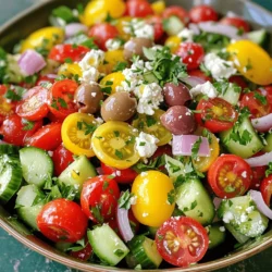 - 2 cups cherry tomatoes, halved - 1 cucumber, diced - 1 red bell pepper, diced - 1 yellow bell pepper, diced - 1/2 red onion, thinly sliced Fresh produce forms the heart of Greek salad. Cherry tomatoes add sweetness, while cucumbers bring crunch. Bell peppers add color and flavor. Red onions give a sharp bite. Each ingredient works together to create a vibrant dish. - 1 cup Kalamata olives, pitted and halved - 1 cup feta cheese, crumbled - 3 tablespoons olive oil - 2 tablespoons lemon juice Kalamata olives add a briny taste that is classic in Greek salads. Feta cheese provides creaminess and a salty kick. Olive oil is the base of the dressing, adding richness. Lemon juice brightens the flavors, making every bite refreshing. - 1 teaspoon dried oregano - Salt and pepper to taste - Fresh parsley, chopped (for garnish) Dried oregano is a staple in Greek cooking. It brings a warm, earthy flavor. Salt and pepper enhance all the tastes. Fresh parsley adds a pop of color and freshness on top. For the complete recipe, see Full Recipe. 1. Combine fresh produce in a large bowl. Start by adding 2 cups of halved cherry tomatoes. Then, include 1 diced cucumber and both 1 diced red bell pepper and 1 diced yellow bell pepper. These colorful veggies bring a fresh burst of flavor. 2. Add olives and red onion to the salad mixture. Next, slice 1/2 of a red onion thinly and mix it into the bowl. Toss in 1 cup of pitted Kalamata olives, halved. The olives add a nice salty touch to your salad. 1. Whisk together olive oil, lemon juice, and seasonings. In a small bowl, take 3 tablespoons of olive oil and mix it with 2 tablespoons of lemon juice. Add 1 teaspoon of dried oregano, salt, and pepper to taste. Whisk until it is well blended. 2. Pour dressing over the salad and mix. Pour this dressing over the salad mixture in the large bowl. Toss gently to coat all the ingredients evenly. The dressing binds the flavors together beautifully. 1. Sprinkle feta cheese on top. Crumble 1 cup of feta cheese and sprinkle it over the salad. This creamy cheese is a key part of a Greek salad and adds richness. 2. Optional: chill before serving. For a refreshing taste, let the salad chill in the fridge for about 15 minutes. This helps the flavors meld nicely. You can serve it right away if you prefer! For the full details on how to craft this Mediterranean delight, check the Full Recipe. You can change the flavors in your Greek salad with simple swaps. For a creamier taste, replace feta with goat cheese. This swap gives a tangy twist. You can also use fresh herbs instead of dried oregano. Fresh basil or mint adds more bright notes to the dish. Greek salad shines as a side or main dish. Pair it with grilled meats like chicken or lamb for a full meal. It also goes great with seafood, like shrimp or fish. For a true Mediterranean feast, serve it with crusty bread. The bread soaks up the delicious dressing, making every bite better. How you serve your salad can make it look even more tempting. Use a large, shallow dish for an appealing presentation. This allows all the vibrant colors to shine. Garnish with extra feta and fresh parsley on top. This adds a pop of color and makes the dish look special. For more details, check out the Full Recipe. {{image_2}} You can boost your Greek salad with protein. Adding grilled chicken or shrimp makes it heartier. Both options add great flavor and make the dish more filling. If you prefer a vegetarian choice, opt for chickpeas. They provide protein and blend well with the other ingredients. To enhance the flavors, consider Mediterranean additions. You can incorporate artichoke hearts or sun-dried tomatoes for a unique twist. These ingredients add texture and taste, making your salad special. Avocado is another great option. It brings creaminess that balances the crunch of the veggies. Dressing can change the whole dish. Try balsamic vinaigrette for a tangy twist. This adds a sweet and sour flavor that pairs well with the salad. If you want something creamy, experiment with a yogurt-based dressing. It gives a rich taste while keeping it light. For the full recipe, check out the Mediterranean Delight Greek Salad. To keep your Easy Greek Salad fresh, store it in an airtight container. This helps keep the ingredients crisp and tasty. For the best results, aim to eat it within 1-2 days. The flavors will stay bright and the veggies will remain crunchy. When you prep your salad, make the dressing separately. This way, you can add it just before serving. This keeps the salad from getting soggy. You can also chop your veggies ahead of time. Having them ready will save you work when it's time to eat. Watch for wilted vegetables in your salad. If the dressing smells off, it’s time to toss it. Any big change in color or texture means the salad is no longer good. Discard it to avoid any food safety issues. Keeping an eye on these signs will help you enjoy your salad at its best. Greek salad lasts about 1 to 2 days in the fridge. To keep it fresh, store it in an airtight container. The veggies should stay crisp if you keep the dressing separate. This helps prevent sogginess. Yes, you can prep Greek salad ahead of time! Chop your veggies and store them separately. Mix the salad in the morning or a few hours before your meal. Just add the dressing when you're ready to serve. This makes meal prep easy. You can add many ingredients to Greek salad. Try grilled chicken or chickpeas for protein. Artichoke hearts or sun-dried tomatoes add a nice twist. Avocado brings creaminess. Feel free to get creative and adjust to your taste! To make this recipe vegan, skip the feta cheese. You can use tofu or a vegan cheese instead. This keeps the salad rich in flavor while making it suitable for a vegan diet. The best dressing for Greek salad is a simple mix of olive oil and lemon juice. You can also add dried oregano, salt, and pepper for extra flavor. If you like, try balsamic vinaigrette for a different taste. This blog post covered how to make a fresh and tasty Greek salad. We talked about the key ingredients, step-by-step prep, and ways to mix it up. You learned about smart storage and meal prep tips to keep your salad fresh longer. Enjoying this salad with grilled meats or bread makes a great meal. Feel free to customize it with different proteins or dressings. A little creativity adds even more joy to your food. Share this recipe, and let others enjoy it too!