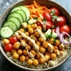 - 1 can (15 oz) chickpeas, drained and rinsed - 2 tablespoons olive oil - Spices: cumin, paprika, turmeric, cinnamon, cayenne - Fresh vegetables: cherry tomatoes, cucumber, carrot, red onion, parsley or cilantro Chickpeas are the star of this dish. They add protein and fiber. Rinsing them helps remove excess sodium. Olive oil makes them crispy and golden. The spices give bold flavors. Cumin adds warmth, while paprika brings smokiness. Turmeric adds a bright color. Cinnamon gives a hint of sweetness. Cayenne brings heat, but you can adjust it. Fresh veggies add crunch and color. Cherry tomatoes burst with juice. Cucumbers are cool and crisp. Carrots add sweetness and texture. Red onion gives sharpness. Parsley or cilantro adds freshness. You can mix and match these to your liking. - Base options: cooked quinoa or brown rice - Dressing components: tahini, lemon juice, water - Salt and pepper to taste For the base, quinoa or brown rice works great. Both are healthy and filling. Quinoa is high in protein, while brown rice gives fiber. The tahini dressing ties everything together. It’s creamy and nutty. Lemon juice adds brightness. Adjust the water to make it thick or thin. Salt and pepper enhance all the flavors. For the full recipe, check out the complete instructions. Enjoy making your Chickpea Shawarma Bowls! 1. Preheat your oven to 400°F (200°C). This step is key for crispy chickpeas. 2. In a bowl, combine the drained chickpeas with olive oil and spices. Mix well to coat the chickpeas evenly. Use ground cumin, paprika, turmeric, cinnamon, cayenne, salt, and pepper. 1. Spread the spiced chickpeas on a baking sheet in a single layer. 2. Roast them in the preheated oven for 25-30 minutes. Stir halfway through for even crispiness. They should turn golden brown. 1. While the chickpeas roast, cook your quinoa or brown rice as per package instructions. 2. Once the chickpeas are done, layer your bowls. Start with a base of quinoa or rice. 3. Add the roasted chickpeas, cherry tomatoes, cucumber, shredded carrot, and red onion. 4. Drizzle tahini dressing on top. To make the dressing, whisk tahini, lemon juice, and water until smooth. 5. Finish by sprinkling fresh parsley or cilantro over the bowls. You can find the Full Recipe above for exact measurements and details. Enjoy your tasty and healthy Chickpea Shawarma Bowls! To get crispy roasted chickpeas, start with dry chickpeas. Drain and rinse them well. Use a clean towel to pat them dry. This step helps remove excess moisture. Next, toss the chickpeas with olive oil and spices. I like to use cumin, paprika, turmeric, and a hint of cayenne for flavor. Spread them evenly on a baking sheet. Roast at 400°F for 25-30 minutes. Stir them halfway through to ensure even cooking. The result? Crunchy, flavorful bites that add texture to your bowl. For the tahini dressing, I recommend mixing tahini and lemon juice. Add water to control the thickness. If you want a creamy dressing, use less water. For a thinner sauce, add more. Taste it as you mix. Adjust salt, lemon, and tahini to suit your palate. You can also add garlic or herbs for extra flavor. This dressing brings a fresh taste to your chickpea bowls. Presentation matters. Start with a base of cooked quinoa or brown rice. Layer it with roasted chickpeas and fresh veggies. Use bright cherry tomatoes, crunchy cucumbers, and vibrant carrots. Top it off with your tahini dressing. For added flair, sprinkle fresh parsley or cilantro on top. You can also add a slice of lemon for a pop of color. This makes your dish not just tasty but also visually appealing. {{image_2}} You can swap chickpeas for chicken, tofu, or other proteins. If you choose chicken, use boneless pieces. Season it with the same spices as the chickpeas. Bake or grill until cooked. Tofu is a great vegan choice. Press it to remove water. Then, cube and toss with spices before cooking. Both options add extra flavor and texture. Feel free to mix in seasonal veggies. Try adding bell peppers, zucchini, or spinach. Roasting these veggies alongside chickpeas enhances their taste. You can also use kale or sweet potatoes for a hearty touch. Each veggie gives a unique flavor to your bowl. This dish is very flexible, so experiment with what you love. For a gluten-free meal, use quinoa or brown rice as your base. Both are naturally gluten-free. The dish is already vegan, thanks to chickpeas and veggies. When choosing your dressing, ensure the tahini is pure and free from additives. This way, you meet dietary needs without losing flavor. Enjoy a delicious meal that fits your lifestyle. For the full recipe, check out the complete guide on Chickpea Shawarma Bowls. To keep your chickpea shawarma bowls fresh, store them in airtight containers. Place the bowls in the refrigerator within two hours of cooking. This helps prevent spoilage. Use glass or BPA-free plastic containers. Store the chickpeas and veggies separately from the grains. This keeps everything crisp and tasty. Leftovers can last up to three days in the fridge. When reheating, avoid the microwave if you can. Instead, use an oven or skillet. For the oven, set it to 350°F (175°C). Spread the chickpeas on a baking sheet. Heat them for about 10-15 minutes until warm. If using a skillet, add a splash of water for moisture. Stir gently over medium heat until everything is warm. This method helps keep the chickpeas crispy. You can freeze chickpea shawarma bowls for later. Start by cooling them completely. Then, portion the components into freezer-safe bags. Seal tightly, removing as much air as possible. You can freeze the chickpeas, grains, and veggies separately. They will keep for about three months. When ready to eat, thaw them in the fridge overnight. Reheat as mentioned above for best results. To add more flavor, use fresh herbs like parsley or cilantro. You can also mix in spices like garlic powder or onion powder. A sprinkle of lemon zest brightens the dish too. Try marinating the chickpeas for a few hours in olive oil and spices before roasting. This soaking allows the flavors to soak deep into the chickpeas. For a kick, add a dash of hot sauce or chili flakes. These small changes can make a big difference. Yes, you can prep this dish ahead of time. Roast the chickpeas and store them in an airtight container. They stay crispy for a few days. You can also cook the quinoa or rice ahead of time. Keep them in the fridge until you’re ready to assemble your bowls. Chop your veggies and keep them fresh in the fridge. Just make the tahini dressing right before serving for the best taste. Shawarma often features spices like cumin, coriander, and paprika. You might also find cinnamon and turmeric, which add warmth and depth. Fresh garlic and lemon juice are popular for brightness. The traditional meats used in shawarma are usually marinated with these spices. In this chickpea version, we mimic those flavors using the same spices. This keeps the essence of shawarma while making it plant-based. This blog post covered how to make delicious chickpea bowls. We explored essential ingredients like chickpeas, fresh veggies, and spices. I shared step-by-step instructions for preparation and roasting. We also discussed tips for perfecting flavors and storing leftovers. Finally, I provided variations to suit your tastes, including protein swaps and dietary options. Try these bowls for a healthy meal that’s easy and fun! You’ll enjoy every bite.