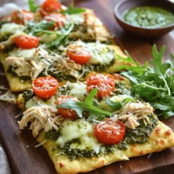 - Flatbreads (store-bought or homemade) - Cooked shredded chicken - Pesto sauce (store-bought or homemade) - Cherry tomatoes - Mozzarella cheese - Arugula leaves - Optional: Parmesan cheese for garnish - Olive oil - Salt and pepper For this recipe, you can use flatbreads that you buy or make yourself. I often choose store-bought flatbreads for speed. They save time and taste great. You will need about two flatbreads for this meal. Next, cooked shredded chicken is key. I like to use leftover chicken from previous meals. It cuts down on prep time and adds flavor. If you don’t have any, rotisserie chicken works well too. You will also need pesto sauce. You can buy it or make your own. Homemade pesto can be very fresh and bright. If you want to save time, store-bought works just fine. Now let’s talk about toppings. Cherry tomatoes add a nice burst of flavor. I slice them in half for even cooking. Mozzarella cheese is a must for that gooey texture. Arugula leaves bring a peppery taste that balances the dish. If you want to be fancy, sprinkle some Parmesan cheese on top. Lastly, for seasoning, olive oil will help crisp the flatbread. Don’t forget salt and pepper for flavor. This simple list of ingredients makes for a delicious meal. You can find the Full Recipe for step-by-step guidance. 1. First, preheat your oven to 400°F (200°C). This step is key for getting that crispy flatbread. 2. Next, prepare a baking sheet. Place the flatbreads side by side on the sheet, ready for toppings. - Brush each flatbread lightly with olive oil. This helps them get golden and crispy. - Spread a layer of pesto sauce over each flatbread. Leave a small space around the edges for a nice crust. - Now, add the shredded chicken evenly on top of the pesto. This gives each bite great flavor. - Scatter the halved cherry tomatoes on the chicken. Then, sprinkle the shredded mozzarella cheese on top. This will melt beautifully. - Place the baking sheet in the oven and bake for about 12-15 minutes. You want the cheese to melt and bubble, and the edges to turn golden. - After baking, take them out and let them cool for a minute. This helps avoid burns when you take a bite. - Top each flatbread with fresh arugula and a sprinkle of Parmesan cheese. This adds a nice touch of flavor. - Finally, slice the flatbreads into wedges and serve them warm. Enjoy your delicious Pesto Chicken Flatbread! For a complete guide, check the Full Recipe. To get a crispy texture on your flatbreads, brush them with olive oil before baking. This step helps achieve a golden crust. Bake them at 400°F (200°C) for 12–15 minutes. Keep an eye on them to avoid burning. For even cooking, make sure to spread the toppings evenly. This way, every bite is full of flavor. Always use fresh ingredients when you can. Fresh basil in your pesto or ripe tomatoes can make a big difference. For added flavor, consider toppings like olives or bell peppers. A sprinkle of red pepper flakes can also give a nice kick. To impress your guests, serve the flatbreads on a wooden cutting board. This adds to the rustic feel. You can also add extra pesto in a small bowl for dipping. Pair these flatbreads with a light salad or a glass of white wine. It makes for a delightful meal! {{image_2}} You can switch proteins to fit your taste. Try tofu or shrimp instead of chicken. Both options bring unique flavors. If you need gluten-free flatbreads, many stores sell them. You can also make your own using almond or coconut flour. Explore different pesto flavors. Sun-dried tomato pesto adds a rich taste. Spinach pesto is fresh and vibrant. For cheese, swap mozzarella with dairy-free options. Vegan cheese or goat cheese can work well too. Make mini flatbreads for appetizers. Cut them into small pieces for easy sharing. They are perfect for parties! You can also prepare these flatbreads as meal prep. Just store them in the fridge for quick lunches. Each flatbread will stay tasty and fun to eat. For the full recipe, check back to easily create this dish! To keep your pesto chicken flatbread fresh, wrap it in plastic wrap or foil. Place it in an airtight container. This method helps keep moisture in and air out. You can store it in the fridge for up to three days. When reheating, you want the flatbreads to stay crispy. The best way is to use an oven or toaster oven. Preheat your oven to 350°F (175°C). Place the flatbread on a baking sheet and heat for about 10 minutes. This method keeps the crust crunchy. You can freeze your flatbreads either before or after baking. If freezing before baking, assemble them as usual, then wrap each flatbread tightly. For baking later, place them in the freezer. If freezing after baking, let them cool first. Wrap them well and store them in a freezer bag. To thaw, leave them in the fridge overnight, then reheat as mentioned above. To make homemade pesto, you need a few simple ingredients. You will need: - 2 cups fresh basil leaves - 1/4 cup pine nuts - 1/2 cup olive oil - 1/4 cup grated Parmesan cheese - 2 cloves garlic - Salt to taste Start by adding the basil, pine nuts, garlic, and salt into a food processor. Pulse until chopped. Then, slowly drizzle in the olive oil while blending until smooth. Finally, mix in the Parmesan cheese. This homemade pesto adds a bright flavor to your flatbread. Yes! You can use many types of bread. Here are some tasty options: - Pita bread - Naan bread - Tortillas - Ciabatta Each type of bread brings a different taste and texture. Choose what you like best or what you have at home. Absolutely! This recipe is great for meal prep. You can make the flatbreads ahead of time. Here’s how to prepare in advance: - Assemble the flatbreads but don’t bake them. - Store them in the fridge for up to 2 days. - When ready, just bake them as directed. You can also freeze the assembled flatbreads. Wrap them well and store them for up to a month. When you want to eat them, thaw in the fridge overnight, then bake. This makes for a quick and easy meal anytime! This blog post covered how to make tasty flatbreads using simple, fresh ingredients. We explored main ingredients like flatbreads, chicken, and pesto. You learned step-by-step instructions to prepare, assemble, and bake delicious flatbreads. I also shared tips for enhancing flavor and different serving styles. Finally, I provided helpful storage info for leftovers. Try these flatbreads for a fun meal. Feel free to get creative with toppings and variations. Enjoy your cooking!