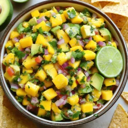 To make Mango Avocado Salsa, you need fresh ingredients. This recipe is simple and quick. You can prep it in just 10 minutes. The salsa tastes great on chips or with grilled meat. Here’s what you will need: - 1 ripe mango, diced - 2 ripe avocados, diced - 1 small red onion, finely chopped - 1 red bell pepper, diced - 1 jalapeño, seeded and minced - 1/4 cup fresh cilantro, chopped - Juice of 2 limes - 1 tablespoon olive oil - Salt and pepper to taste You can change some ingredients if you like. Try using a different pepper for heat. You can add corn for sweetness or black beans for protein. If you want more zing, try adding garlic or a splash of vinegar. You can experiment with the flavors to find your perfect mix! First, gather all your ingredients. You need: - 1 ripe mango, diced - 2 ripe avocados, diced - 1 small red onion, finely chopped - 1 red bell pepper, diced - 1 jalapeño, seeded and minced - 1/4 cup fresh cilantro, chopped - Juice of 2 limes - 1 tablespoon olive oil - Salt and pepper to taste Next, wash your fruits and veggies. Peel the mango and avocado. Cut them into small pieces. Chop the onion and bell pepper. Mince the jalapeño carefully. I suggest wearing gloves for the jalapeño to avoid any sting on your fingers. Finally, chop the cilantro finely. Now, take a large mixing bowl. Start adding the diced mango, avocado, onion, bell pepper, and jalapeño. Each ingredient brings its own flavor. This mix creates a lovely color, too! Once everything is in the bowl, add the chopped cilantro. It adds a fresh taste. Then, drizzle the lime juice and olive oil on top. The lime juice brightens the flavors. Gently toss the mixture together. Use a spoon to avoid mashing the avocado. The goal is to combine all the flavors while keeping the chunks intact. After mixing, season the salsa with salt and pepper. Taste it! Adjust the seasoning as needed. Let the salsa sit for about 10 minutes. This waiting time helps the flavors blend together. Serve the salsa fresh in a cute bowl. You can add a slice of lime on the rim for a fun touch. Serve with tortilla chips for an easy snack! This salsa is perfect for any gathering. Enjoy it with friends and family! To pick ripe mangoes, look for smooth skin. The color should be bright and slightly soft. Gently press the mango; if it yields a bit, it's ready to eat. For avocados, check the skin's color. Dark green or black skin often means it's ripe. Again, press gently. It should feel soft but not mushy. Choosing ripe fruit makes your salsa fresh and sweet. If you have extra salsa, store it in an airtight container. This keeps the flavors fresh. Place a piece of plastic wrap directly on the salsa before sealing the lid. This helps keep air out. You can keep it in the fridge for up to two days. The flavors will blend more over time, so it might taste even better later. Mango avocado salsa is great as a dip. Serve it with tortilla chips for crunch. You can also use it as a topping for tacos, grilled chicken, or fish. It adds flavor and color to any dish. Try it on a salad for an extra zing. This salsa brightens up any meal, making it a crowd-pleaser. For the full recipe, check the earlier section. {{image_2}} To add some heat, you can make spicy mango avocado salsa. Start by adding more jalapeño or a diced serrano pepper. You can also mix in a dash of hot sauce. This will give the salsa a nice kick. Taste as you go to find the right spice level for you. If you want a smoky flavor, try adding chipotle peppers in adobo sauce. This twist adds depth and complements the sweetness of the mango. You can also create tropical salsa add-ins. Pineapple is a great choice! Dice fresh pineapple and mix it in with your other ingredients. This adds a sweet and tangy taste. Lime juice adds a fresh zing. You can even try adding diced kiwi or papaya for a unique twist. These fruits bring more color and flavor to your salsa. They also pair well with the creaminess of avocado. For those watching carbs, there are low-carb options. You can replace mango with diced cucumber or zucchini. Both add crunch without extra carbs. You can also use less fruit and add more veggies. Bell peppers, radishes, or even chopped celery work well. This keeps the flavors bright and fresh while lowering the carb count. Enjoy your salsa with low-carb chips or lettuce wraps for a healthy snack. For the full recipe, check out the section titled Full Recipe. Mangoes and avocados are not just tasty; they offer many health benefits. Mangoes are high in vitamin C. This vitamin boosts the immune system and supports healthy skin. They also contain fiber, which aids digestion. Avocados are rich in healthy fats. They provide monounsaturated fats that are good for heart health. Avocados also have potassium, which helps manage blood pressure. Together, these two fruits create a nutrient-packed salsa. Each serving of this salsa, which serves four, has about: - Calories: 150 - Protein: 2 grams - Carbohydrates: 20 grams - Dietary Fiber: 6 grams - Sugars: 3 grams - Fat: 8 grams - Saturated Fat: 1 gram - Vitamin C: 25% of daily value - Potassium: 10% of daily value This salsa is a great way to enjoy fresh flavors while keeping your meal healthy. Mango Avocado Salsa is both vegan and gluten-free. You can enjoy it without worrying about animal products or gluten. This makes it perfect for many diets. It’s also low in calories, so it fits well into weight management plans. Whether you serve it with chips or on tacos, it works for everyone. To spice up your salsa, add more jalapeños. You can also use diced serrano peppers. If you want even more heat, try a dash of hot sauce. Mix in some cayenne pepper for a different kick. Just remember to taste as you go. You want the spice to complement the flavors, not overpower them. Yes, you can prepare this salsa ahead of time. However, I recommend waiting to add the avocado until just before serving. This keeps the avocado fresh and green. If you mix it in early, it may turn brown. You can store the salsa in the fridge for up to 2 hours. If you see browning, just mix it again before serving. Mango avocado salsa pairs well with many dishes. It’s great with grilled chicken or fish. You can also serve it with tacos or burritos for added flavor. It works well with chips for a tasty snack. You can even add it to salads for a fresh twist. This salsa brightens up any meal! In this post, we explored how to make Mango Avocado Salsa. We covered the key ingredients, step-by-step instructions, and helpful tips to enhance your salsa. We also discussed tasty variations and shared important nutritional information. Mango Avocado Salsa is versatile and easy to make. It’s fresh, healthy, and perfect for any meal. Enjoy making it, experimenting with flavors, and sharing with friends.