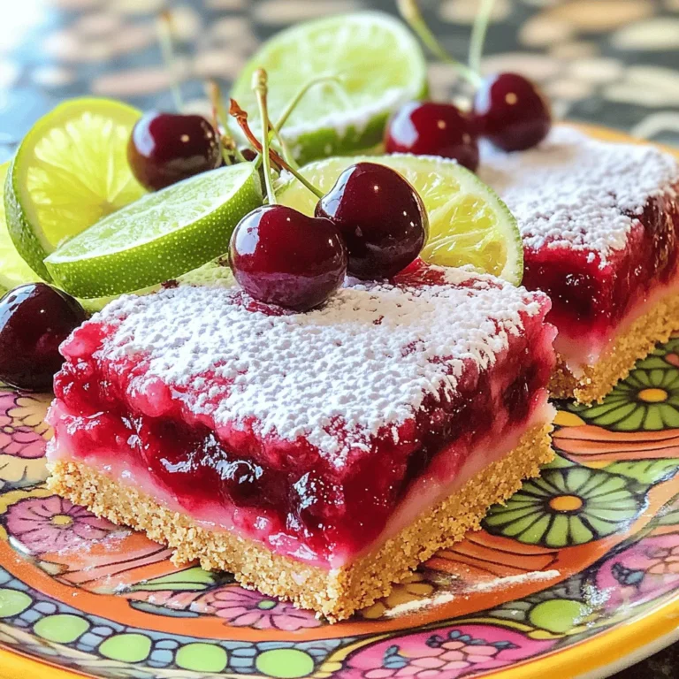 To make Cherry Limeade Bars, you need these simple ingredients: - 1 cup graham cracker crumbs - 1/2 cup unsalted butter, melted - 1 cup granulated sugar - Zest of 2 limes - 1/2 cup fresh lime juice (about 4 limes) - 2 cups fresh or frozen cherries, pitted and chopped - 3 large eggs - 1/4 teaspoon salt These ingredients come together to create a burst of flavor. The graham cracker crust gives a nice crunch, while the cherry and lime mix adds freshness. If you want to change things up, here are some easy swaps: - Use coconut crumbs instead of graham crackers for a tropical twist. - Substitute margarine for butter to make it dairy-free. - Try lemon juice instead of lime for a different zing. - Replace granulated sugar with honey or agave for a natural sweetener. These swaps keep the spirit of the recipe while letting you cater to your taste. Garnishes can make your bars look special. Here are some ideas: - Dust with powdered sugar for a sweet finish. - Add lime slices on top for a pop of color. - Use whole cherries for a fun touch. - Serve with whipped cream for extra creaminess. These little extras can make your Cherry Limeade Bars even more enjoyable. Just remember to have fun with it! For the full recipe, check the details above. To start, gather your ingredients. You will need graham cracker crumbs, butter, sugar, limes, cherries, eggs, and salt. Preheat your oven to 350°F (175°C). Grease an 8x8 inch baking pan or line it with parchment paper. This helps with easy removal later. In a medium bowl, mix the graham cracker crumbs and melted butter. Stir until all crumbs are wet. This mixture makes the crust. Press it firmly into the bottom of your prepared pan. Bake this crust for about 10 minutes. You want it lightly golden. Once done, take it out and let it cool. Now, let's make the filling. In another bowl, whisk together sugar, lime zest, lime juice, eggs, and salt. Mix well until everything blends. Next, fold in the chopped cherries. Do this gently to keep the cherries intact. Pour this mixture over the cooled crust. Bake for another 25-30 minutes. You will know it's done when the center is set, and the edges puff slightly. After baking, remove the pan from the oven. Let it cool to room temperature. Once cooled, cover it and refrigerate for at least 2 hours. This helps the bars set properly. After chilling, cut the bars into squares. For a nice touch, dust with powdered sugar before serving. Serve them on a colorful plate with lime slices and whole cherries for a fun look. Enjoy your Cherry Limeade Bars! For the complete recipe, check out the Full Recipe section. To make the best Cherry Limeade Bars, focus on the crust. Use fresh graham cracker crumbs for a crunchy base. Aim for a golden color when baking the crust. This adds flavor and texture. When mixing the filling, combine the sugar and lime zest well. This step releases oils from the zest, boosting the lime flavor. Fold in the cherries gently to keep them whole. This keeps your bars looking great and tasting fresh. Let the bars chill fully in the fridge. This step helps them set up nicely. One common mistake is overbaking the bars. Check them often to avoid a dry texture. Another mistake is not cooling the crust before adding the filling. If you skip this, the filling can become runny. Make sure to use fresh cherries when possible. Frozen cherries can make the filling watery. Also, do not skip the salt in the filling. Salt enhances the sweet and tart flavors of the lime and cherry. For these bars, you need a few key tools. A good mixing bowl helps combine the ingredients well. A whisk is essential for mixing the eggs and sugar smoothly. Use a measuring cup for precise lime juice and sugar. A sharp knife is important for cutting the bars into even squares. Finally, a baking pan, preferably 8x8 inches, ensures even cooking. You can find a full recipe for Cherry Limeade Bars to guide you as you bake. {{image_2}} You can change the fruit in Cherry Limeade Bars for fun twists. Instead of cherries, try using blueberries, raspberries, or diced strawberries. Each fruit adds its own flavor and color. Blueberries give a sweet burst, while raspberries add a nice tartness. You can even mix two or more fruits for a colorful treat. Just make sure to chop the fruit small so it mixes well. Citrus zest can change the whole flavor of the bars. Instead of lime zest, use lemon or orange zest. Lemon zest offers a bright taste that pairs well with the sweetness of the fruit. Orange zest adds a sweet and fragrant note. You can also mix citrus zests for a unique flavor. Just keep the zest amount the same to balance the taste. You can make these bars gluten-free and vegan easily. For a gluten-free crust, use gluten-free graham crackers or ground almonds. Replace the butter with coconut oil or vegan butter. To make it vegan, use flax eggs instead of regular eggs. Mix one tablespoon of ground flaxseed with three tablespoons of water and let it sit for a few minutes. This mix works great as a binder, just like eggs. These swaps help everyone enjoy the deliciousness of Cherry Limeade Bars. For the full recipe, check out the detailed instructions. To keep your Cherry Limeade Bars fresh, place them in an airtight container. Make sure to layer parchment paper between the bars. This step prevents sticking. Store them in the fridge for best results. They will stay fresh and tasty for up to five days. You can freeze these bars for later enjoyment. First, let the bars cool completely. Then, cut them into squares. Wrap each square in plastic wrap tightly. Next, place the wrapped bars in a freezer-safe bag. They can last up to three months in the freezer. When you are ready to eat, thaw them in the fridge overnight. Cherry Limeade Bars taste best within the first few days. After that, they can lose some flavor and texture. For maximum freshness, always store them in the fridge. If you notice any change in smell or appearance, it is best to discard them. Enjoy these vibrant bars when they are fresh for the best experience! Cherry Limeade Bars are a sweet and tart dessert. They feature a graham cracker crust. The filling has fresh cherries and lime juice. These bars are bright, refreshing, and perfect for warm days. They bring a fun twist to classic lemon bars. Yes, you can make Cherry Limeade Bars ahead of time. They taste even better after chilling in the fridge. I recommend making them a day before your event. This way, they are ready to serve when you need them. Just keep them covered for freshness. Cherry Limeade Bars pair well with many treats. You can serve them with whipped cream or vanilla ice cream. Fresh fruit or a scoop of sorbet also works well. For a drink, try serving them with iced tea or lemonade. You can tell when the bars are done by checking the center. It should be set and not jiggly. The edges might puff up slightly. A light golden color around the edges is also a good sign. Let them cool completely before cutting. You can use bottled lime juice if needed. However, fresh lime juice gives a better taste. Fresh juice has a bright flavor that is hard to beat. If you use bottled juice, choose one that is 100% lime juice for the best results. Check the label for any added sugars. For the full recipe, check the earlier section. You learned how to make Cherry Limeade Bars by reviewing the key steps and ingredients. You found ways to customize the recipe, avoid mistakes, and choose the best tools. Now, you know how to store leftovers and keep them fresh. Cherry Limeade Bars are fun to make and share. With this guide, you're ready to bake some delicious treats. Enjoy the process and let your creativity shine through!