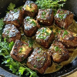 - 1 lb sirloin steak, cut into 1-inch cubes - 3 tablespoons unsalted butter - 4 cloves garlic, minced - 1 tablespoon fresh rosemary, finely chopped (or 1 teaspoon dried) - 1 tablespoon fresh thyme, finely chopped (or 1 teaspoon dried) - Salt and pepper to taste - 1 tablespoon olive oil - Fresh parsley, for garnish When making garlic butter steak bites, the right ingredients make all the difference. I start with a pound of sirloin steak. This cut is tender and has great flavor. Cut the steak into one-inch cubes. This size helps the meat cook evenly and quickly. Next, I add unsalted butter. Three tablespoons of butter give a rich taste. Then, I use four cloves of garlic, minced finely. Garlic adds that aromatic punch that pairs well with steak. For herbs, I choose rosemary and thyme. A tablespoon of fresh rosemary and thyme gives depth to the dish. You can use dried herbs if you don't have fresh ones. Don't forget salt and pepper. These basic seasonings bring out the steak's natural flavors. Adjust them to your taste. To cook, I use olive oil. Just one tablespoon helps sear the steak bites perfectly. Lastly, I garnish with fresh parsley. It adds color and freshness to the dish. For the full recipe, check the [Full Recipe]. This ensures you have everything you need for this savory treat! To start, you need to prep the steak. First, pat the steak cubes dry with a paper towel. This helps the meat brown nicely. Next, season each cube with salt and pepper. Use your hands to ensure even coverage. This simple step adds a lot of flavor. Now, let’s move on to cooking. Heat a skillet over medium-high heat. Add a tablespoon of olive oil and let it shimmer. This step is key for a good sear. Once the oil is ready, add the seasoned steak bites. Make sure not to crowd the pan. Cook them for 2-3 minutes on each side until they are brown. If you like medium-rare, this is your sweet spot. Once done, remove the steak bites and set them aside. In the same skillet, reduce the heat to medium. Add 3 tablespoons of unsalted butter. Let it melt slowly. As the butter melts, scrape the bottom of the pan. This pulls in all the tasty browned bits. After the butter is melted, stir in 4 cloves of minced garlic, along with fresh rosemary and thyme. Cook for about a minute. You want the garlic fragrant but not brown. Finally, toss the steak bites back in the skillet. Mix them well with the garlic butter sauce. Let them cook together for an extra 1-2 minutes. This step makes the flavors sing! For the full recipe, check out the complete instructions. To get the best sear on your steak bites, do not overcrowd the skillet. This step is key. When you add too many pieces, they steam instead of sear. A good sear gives your bites a tasty crust. Aim for a medium-rare doneness. This keeps the meat juicy and tender. Use a meat thermometer if you like precision. For medium-rare, aim for 130-135°F. You can add spices to boost the flavor. Try smoked paprika or a pinch of cayenne for heat. These spices work well with garlic and butter. When making the garlic butter, scrape the pan after searing. This picks up the tasty browned bits. These bits add depth to your sauce, making it rich and flavorful. Serve your garlic butter steak bites in a cast-iron skillet. This keeps them warm and looks great. For a rustic touch, use a wooden serving board. Drizzle the garlic butter over the bites and garnish with fresh herbs. This makes the dish even more inviting. Consider adding toothpicks for easy snacking. It’s a fun way to enjoy these savory treats. {{image_2}} You can choose different cuts of steak for your bites. Ribeye is juicy and rich. It has good marbling, which adds flavor. Filet mignon is tender and smooth. It has a mild taste, so it pairs well with the garlic butter. Consider grass-fed beef for a richer flavor. Grass-fed cows eat grass, which gives the meat a unique taste. Grain-fed beef is often more tender and marbled. It cooks faster and is easier to find. Herbs can change the taste of your steak bites. Try adding oregano or basil for a fresh twist. Oregano gives a warm, earthy flavor. Basil adds a hint of sweetness. You can also experiment with spices. Paprika brings a smoky touch, while cayenne adds heat. Adjust these spices to match your taste. Don’t be afraid to mix and match to find your favorite flavor. You can cook steak bites in different ways. Grilling gives a nice char and smoky flavor. It works well for outdoor gatherings. Sautéing in a skillet is quick and easy. It allows you to control the doneness. An air fryer is another option. It cooks quickly and makes the bites crispy. Both grilling and sautéing work well for the garlic butter sauce. Try different methods to see which you prefer. You can find the Full Recipe for Garlic Butter Steak Bites [here](#). To keep your garlic butter steak bites fresh, store leftovers in an airtight container. This helps lock in all the amazing flavors. Make sure to let the steak bites cool down before sealing them. Place the container in the fridge. They will last for about three to four days. When it’s time to enjoy the leftovers, you want to reheat them without drying out. The best method is to use the stovetop. Heat a skillet over low heat, add a splash of olive oil, and warm the steak bites gently. You can also use the microwave, but be careful. Heat them in short bursts to avoid overcooking. Yes, you can freeze garlic butter steak bites! To prepare them for freezing, let them cool completely. Then, place the bites in a freezer-safe bag or container. Squeeze out as much air as possible. They will stay good for up to three months. When ready to eat, thaw them in the fridge overnight before reheating. The best steak for steak bites is sirloin. It has great flavor and is tender. Other good choices include ribeye and filet mignon. Each cut offers a unique taste and texture. Sirloin is lean, while ribeye has more fat, giving it a juicy bite. Filet mignon is the most tender but can be pricey. Choose a cut that fits your taste and budget. Yes, you can prepare garlic butter steak bites ahead of time. Cook the steak bites and make the garlic butter sauce. Store them separately in airtight containers. When you are ready to eat, simply reheat the steak in a skillet. This keeps the bites juicy and tasty. You can also prepare the garlic butter up to a week in advance. Just warm it up when you need it. Garlic butter steak bites pair well with many sides. Some great options include mashed potatoes, rice, or crusty bread. These sides soak up the delicious garlic butter. You can also serve them with roasted vegetables or a fresh salad for balance. For drinks, a bold red wine or a dark beer works well. These beverages complement the rich flavors of the steak. Check out the Full Recipe for more ideas! This blog post covered the essentials for making garlic butter steak bites. We explored key ingredients like sirloin steak, butter, and garlic. I shared cooking steps, tips for perfecting your sear, and creative flavor additions. You can also adapt the recipe with different steak cuts and cooking methods. In conclusion, enjoy making this flavorful dish. Remember, cooking is all about experimenting and having fun. Your creations will get better with practice, so don’t hesitate to try new things. Happy cooking!