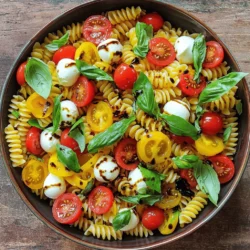 - 8 oz (225g) fusilli or rotini pasta - 2 cups cherry tomatoes, halved - 1 cup fresh mozzarella balls, halved - 1 cup fresh basil leaves, torn Caprese pasta salad shines because of its fresh, simple ingredients. You want to choose the right pasta shape. I love using fusilli or rotini. These shapes hold the dressing well. They catch the bits of cheese and tomatoes, making each bite tasty. Cherry tomatoes are a must. I like to halve them so they burst with flavor. Fresh mozzarella balls add creaminess. They pair perfectly with the juicy tomatoes. Torn fresh basil leaves bring a bright, herbal note. They add that classic Caprese taste. - 3 tablespoons olive oil - 2 tablespoons balsamic glaze - 1 clove garlic, minced - Salt and pepper to taste - Optional: 1 tsp dried oregano The dressing is simple yet full of flavor. Start with high-quality olive oil. It adds richness and depth. Balsamic glaze gives a sweet and tangy kick. Minced garlic adds a nice punch. Don’t forget salt and pepper to enhance all the flavors. If you want, you can add dried oregano for extra herbiness. - Additional vegetables (e.g., bell peppers) - Protein options (e.g., grilled chicken or shrimp) - Nuts or seeds (e.g., pine nuts, walnuts) Feel free to customize your salad. Adding bell peppers gives a nice crunch and color. For protein, grilled chicken or shrimp can make it a meal. If you want a bit of crunch, toss in some pine nuts or walnuts. They add texture and a nutty flavor. For the full recipe, check out the Caprese Pasta Salad section above. To start, bring a large pot of salted water to a boil. Add the pasta and cook it until it is al dente. This means it should be firm, but not hard. Check the package for exact cooking times. After cooking, drain the pasta in a colander. Rinse it under cold water to stop the cooking process. This step keeps the pasta from getting mushy. In a big mixing bowl, combine the halved cherry tomatoes, mozzarella balls, and torn basil leaves. Make sure you use fresh, ripe tomatoes for the best flavor. Fresh mozzarella adds a creamy texture. Don’t forget the basil; its aroma enhances the salad. For a perfect dressing, use a ratio of three parts olive oil to two parts balsamic glaze. Add minced garlic, salt, and pepper to taste. If you like, add a teaspoon of dried oregano. Whisk these ingredients together until they blend well. This helps to emulsify the dressing, making it smooth. Add the cooled pasta to the bowl with the tomatoes and mozzarella. Pour the dressing over the salad. Gently toss everything together. Be careful not to break the mozzarella balls. Aim for an even coating of dressing on all the ingredients. Let the salad chill for at least 15 minutes. This waiting time helps the flavors mix well. For serving, give it one last gentle toss. Present it in a large bowl, and add some extra basil on top. A drizzle of balsamic glaze makes it look beautiful. Enjoy your Caprese pasta salad! For the full recipe, check below. To get the best taste from your Caprese Pasta Salad, focus on freshness. Store cherry tomatoes at room temperature. This keeps their sweet flavor intact. For mozzarella, keep it in its liquid until you are ready to use it. This helps maintain its creaminess. Always use fresh basil. The vibrant flavor adds a nice touch to the salad. High-quality olive oil makes a big difference. Look for extra virgin olive oil; it adds richness and depth. You can also play with different herbs and spices. Try adding fresh oregano or a pinch of red pepper flakes for some heat. Experimenting can lead to exciting new flavors. Pair this salad with grilled meats like chicken or steak. The fresh flavors work great together. For gatherings, serve it in a large bowl. You can also put it in individual cups for easy serving. This adds a fun twist and keeps things tidy. For the full recipe, check out the detailed cooking steps to make your meal even better! {{image_2}} You can use many types of pasta for Caprese Pasta Salad. Fusilli and rotini are great choices. They hold the dressing well. If you need gluten-free options, try brown rice or chickpea pasta. Whole wheat pasta adds more fiber and a nutty flavor. Other grains, like quinoa, work nicely too. You can make your salad even better by adding veggies. Seasonal vegetables boost freshness. Try bell peppers, cucumbers, or even zucchini. Roasted vegetables also add a nice touch. Roasting brings out their sweet flavor. Just toss them in olive oil and seasoning before roasting. Changing the cheese can change the dish. Feta or goat cheese adds a tangy taste. You can also try different dressings. A lemon vinaigrette adds brightness. Marinades can give a unique twist too. Mix and match to find your favorite flavor. For the full recipe, check out the complete guide. Store any leftovers in an airtight container. This helps keep the salad fresh. The Caprese pasta salad stays good in the fridge for about three days. To reheat, warm the salad gently in the microwave. Use a low setting to keep the texture nice. After reheating, serve right away to enjoy the flavors. You can freeze Caprese pasta salad, but it may change texture. To freeze, place it in a freezer-safe bag. Remove as much air as possible before sealing. When you want to eat it, thaw it in the fridge overnight. This method helps keep the flavors fresh. Caprese pasta salad is a fresh dish. It combines pasta, tomatoes, mozzarella, and basil. The flavors burst in your mouth. You get sweetness from the cherry tomatoes, creaminess from the mozzarella, and a hint of peppery taste from basil. The olive oil and balsamic glaze add richness and tang. This dish is colorful, tasty, and perfect for warm days. Yes, you can make this dish ahead of time. It tastes even better after sitting for a while. Prepare the salad and dressing separately. Mix them together just before serving. This keeps the pasta firm and the cheese fresh. You can store it in the fridge for up to two days. Just remember to give it a good toss before serving. You can easily make this salad vegan. Use plant-based mozzarella instead of dairy. For the dressing, swap olive oil with a vegan-friendly alternative. You can also use lemon juice for a fresh twist. These simple changes keep the flavors bright and delicious without using animal products. Avoid overcooking the pasta. It should be al dente, or firm to the bite. If you rinse it too long, it can lose flavor. Also, don’t skip the fresh basil. Dried basil won’t give the same fresh taste. Lastly, be careful with the salt. Too much can overpower the other flavors. Enjoy your Caprese pasta salad without these pitfalls! In this blog post, I shared how to make a delicious Caprese Pasta Salad. We covered the main ingredients like fusilli pasta, cherry tomatoes, and fresh mozzarella. I also explained the dressing components and optional add-ins for more flavor. Following the step-by-step instructions ensures your salad turns out great every time. Remember, fresh ingredients make a big difference. You can store leftovers properly and even freeze them. Enjoy getting creative with your Caprese Pasta Salad, and don’t hesitate to try new flavors!