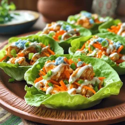 - 1 lb (450g) boneless, skinless chicken breasts, diced - 1/2 cup buffalo sauce (mild or spicy) - 1 tablespoon olive oil - 1 teaspoon garlic powder - 1 teaspoon onion powder - 1/2 teaspoon smoked paprika - Salt and pepper to taste - 1 head of butter or romaine lettuce - 1/2 cup shredded carrots - 1/3 cup blue cheese crumbles (optional) - 1/4 cup green onions, chopped - Ranch or blue cheese dressing (optional) To make Buffalo chicken lettuce wraps, gather fresh ingredients. Start with chicken breasts, diced into small pieces. Buffalo sauce adds heat; choose mild or spicy based on your taste. Olive oil helps cook the chicken, while garlic and onion powders bring flavor. Smoked paprika adds depth. Don’t forget salt and pepper for seasoning. For wrapping, use butter or romaine lettuce. The leaves hold the filling well. Shredded carrots add crunch and sweetness. Blue cheese crumbles add a creamy touch, but it’s optional. Green onions give a fresh bite. You can drizzle ranch or blue cheese dressing for extra flavor. These ingredients create a tasty dish that is both healthy and satisfying. For the complete recipe, see the Full Recipe section. First, take your diced chicken and place it in a medium bowl. Add the olive oil, garlic powder, onion powder, smoked paprika, salt, and pepper. Use a spoon or your hands to mix everything well. Make sure the chicken gets an even coating of the spices. This step makes every bite full of flavor. Now, heat a skillet over medium heat. Once the skillet is hot, add the seasoned chicken. Sauté the chicken for about 6-8 minutes. Stir it often to cook evenly. You want the chicken to turn white and firm. Check for doneness by cutting a piece in half. It should not be pink inside. After the chicken is cooked, lower the heat to low. Pour in the buffalo sauce and stir it into the chicken. Mix well so every piece gets coated. Let it simmer for 2-3 minutes. This helps the flavors blend together nicely. Now for the fun part! Take a lettuce leaf and spoon a generous amount of the buffalo chicken mixture into the center. You can add shredded carrots and blue cheese crumbles if you like. Don't forget the chopped green onions for a pop of color. Finally, if you want, drizzle ranch or blue cheese dressing over the top. This adds a creamy touch. Wrap the lettuce around the filling and enjoy your tasty treat! For the full recipe, refer to the section above. - Use a non-stick skillet for easier cleanup. This makes cooking fun and less messy. - Cook chicken evenly for best texture. Stir often to avoid burning and ensure juicy bites. - Experiment with different buffalo sauce levels. Start with mild and add heat as you like. - Adding herbs for freshness can brighten up the dish. Try cilantro or parsley for a pop of flavor. - Serve with extra lettuce leaves and dipping sauces. This adds fun and choice for everyone. - Use bright garnishes for visual appeal. Chopped green onions or vibrant carrots make the wraps stand out. Feel free to follow the Full Recipe for a delicious guide on making these wraps. Enjoy your cooking! {{image_2}} You can switch up the protein in your Buffalo chicken lettuce wraps for more variety. Ground turkey is a great choice. It is lean and cooks quickly. Ground beef is another option for a heartier flavor. If you want a meatless meal, try tofu. It soaks up flavors well and adds protein. For a twist, use different wing sauces. Sweet chili sauce adds a nice kick. Teriyaki sauce can give a sweet taste. You can also make your own sauce. Mix hot sauce with melted butter and a bit of garlic for a fresh take. This is perfect if you want to control the heat and ingredients. Toppings can change your wraps too. Avocado adds creaminess and healthy fats. You can also add sliced jalapeños for heat. Instead of blue cheese, try feta or goat cheese. These cheeses give a different flavor while still being delicious. To keep your buffalo chicken lettuce wraps fresh, store any leftovers in an airtight container. This helps lock in flavor and moisture. The best time to enjoy them is within three days. After that, they may lose taste and texture. Always check for any signs of spoilage before eating. You can freeze the buffalo chicken mix for later use. To do this, let it cool completely, then place it in a freezer-safe bag. Squeeze out the air before sealing. When you're ready to eat, thaw the mix in the fridge overnight. To reheat, warm it in a skillet over medium heat until hot. Stir occasionally to heat evenly. These wraps shine with fresh sides. A crisp salad pairs well, adding crunch and nutrition. You can also serve them with rice for a filling meal. For drinks, try pairing with iced tea or a light beer. Both enhance the spicy flavors of the wraps and create a delightful dining experience. To make these wraps dairy-free, skip the blue cheese. Instead, use a creamy dairy-free dressing. Many brands offer tasty ranch or herb dressings made from nuts or soy. These work well with the spicy buffalo chicken, adding great flavor without dairy. Yes! You can use rotisserie chicken for this recipe. Just shred the chicken and mix it with the buffalo sauce after warming it up. This saves time and still gives you that delicious buffalo flavor. The heat level depends on the buffalo sauce you choose. If you want mild, pick a mild sauce. For a kick, go with hot sauce. You can also mix sauces to find your perfect heat. If you want a change from lettuce, try collard greens or cabbage leaves. These greens hold up well and add a nice crunch. You can also use whole wheat or corn tortillas for a different wrap experience. To keep these wraps low-carb, focus on the fillings. Use low-carb sauces and skip any high-carb toppings. You can also add more veggies, like bell peppers or cucumbers, to fill them up without adding carbs. For the full recipe, check back to ensure you keep all the flavors intact! You’ve learned how to make delicious Buffalo Chicken Lettuce Wraps from scratch. We covered the key ingredients, simple cooking steps, and creative ways to add your twist. Remember to store any leftovers properly and feel free to explore protein and topping variations. These wraps are not just tasty; they can fit many diets. Enjoy making your own wraps, and share them with friends for a fun meal!