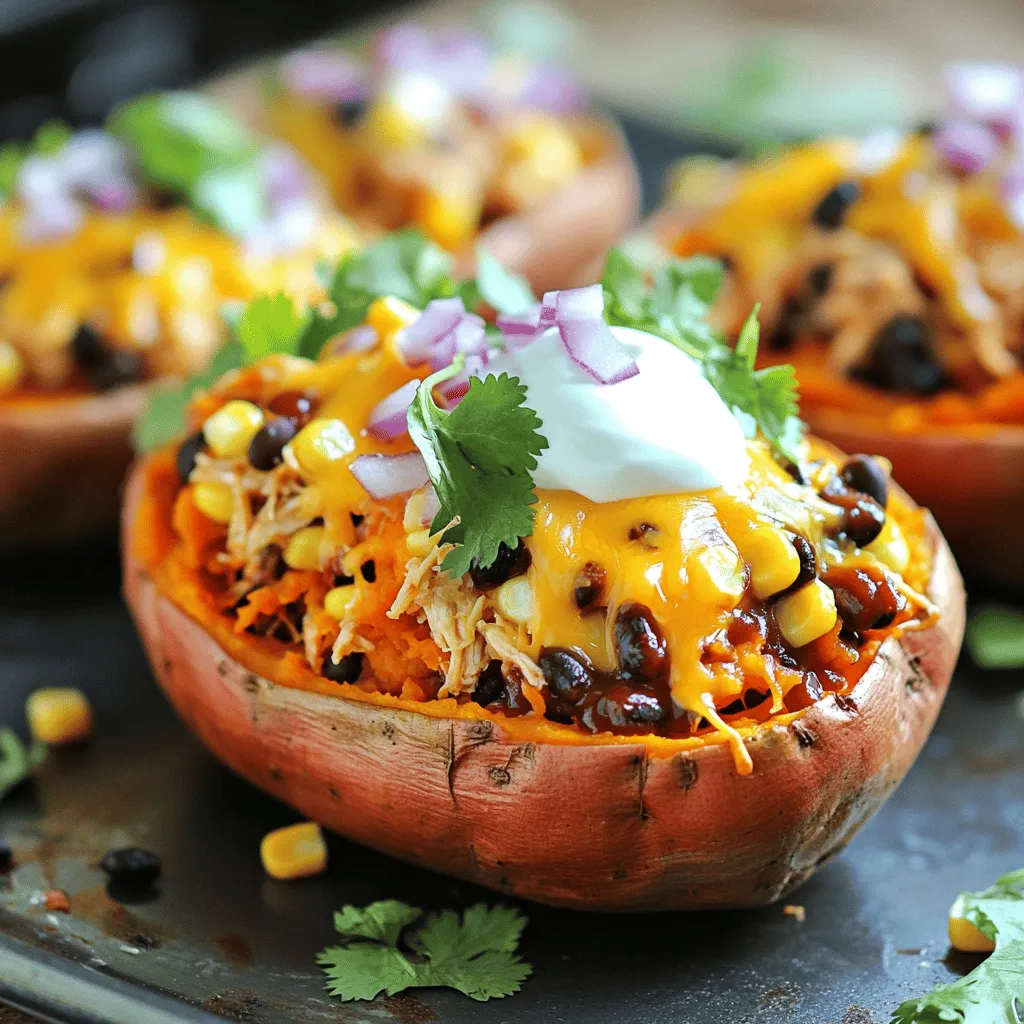 - 4 medium-sized sweet potatoes - 2 cups cooked chicken, shredded - 1 cup BBQ sauce - 1 cup corn - 1 cup black beans - 1 cup shredded cheddar cheese - 1/2 red onion - 1 teaspoon smoked paprika - 1/2 teaspoon garlic powder - Salt and pepper - Fresh cilantro (for garnish) - Sour cream or Greek yogurt (for serving) What can you use instead of BBQ sauce? Try teriyaki sauce or honey mustard. These add their own unique flavors. Need a different cheese type? Use mozzarella or pepper jack for a new twist. Want to swap veggies? You can replace corn with diced bell peppers or zucchini. These options taste great and add nutrition. For the best flavor, stick with fresh ingredients when possible. This makes your BBQ chicken stuffed sweet potatoes even tastier. For the full recipe, check out the cooking instructions above. - Preheat the oven: Start by preheating your oven to 400°F (200°C). This ensures your sweet potatoes cook evenly. - Bake the sweet potatoes: Wash the sweet potatoes well. Then, prick them several times with a fork. Place them on a baking sheet and bake for about 45-60 minutes. They are ready when a fork easily pierces them. - Combine ingredients in a bowl: In a large bowl, mix the shredded chicken with BBQ sauce, corn, black beans, smoked paprika, garlic powder, salt, and pepper. Stir well to combine all flavors. - Seasoning tips: Taste the mixture as you go. Add more salt or BBQ sauce to suit your taste. The right balance makes the dish pop. - Cutting and fluffing sweet potatoes: When the sweet potatoes are cooked, let them cool for a few minutes. Cut them lengthwise down the center to create an opening. Use a fork to fluff the insides gently. - Filling techniques: Spoon the BBQ chicken mixture generously into each sweet potato. Pack it in slightly to ensure a good fit. The more filling, the better! - Cheese melting instructions: Sprinkle shredded cheddar cheese on top of each stuffed sweet potato. Then, return them to the oven for about 10 minutes. This melts the cheese and makes it deliciously bubbly. - Serving suggestions: Once done, remove the sweet potatoes from the oven. Let them cool for a couple of minutes. Garnish with fresh cilantro and serve with sour cream or Greek yogurt if you like. These toppings add a creamy touch to your dish. For the full recipe, check out the detailed instructions above! How to check sweet potato readiness: To know if sweet potatoes are ready, poke them with a fork. If the fork goes in easily, they are done. You want them soft but not mushy. This helps keep the sweet flavor and great texture. Ensuring cheese melts perfectly: To get that perfect gooey cheese, add it near the end. After stuffing the sweet potatoes, put them back in the oven for about ten minutes. This helps the cheese melt nicely without overbaking the potatoes. Complementary side dishes: Pair these stuffed sweet potatoes with a fresh salad or coleslaw. The crunch adds a nice contrast. You can also serve them with some grilled vegetables for extra flavor. Garnish ideas: Chop fresh cilantro to sprinkle on top. It adds color and a burst of flavor. You can also drizzle some sour cream or Greek yogurt for creaminess. Both options elevate the dish. Overbaking sweet potatoes: Don't leave sweet potatoes in the oven too long. If they start to brown, they may dry out. Check them at 45 minutes and take them out when they are soft. Under-seasoning the chicken mixture: Seasoning is key for flavor. Make sure to add enough salt and pepper to the chicken mixture. Taste it before filling the sweet potatoes. You want the BBQ chicken to shine through the sweet potatoes. For a detailed view of the recipe, check the Full Recipe. {{image_2}} You can easily change up the BBQ chicken stuffed sweet potatoes to fit your needs. If you want a vegetarian option, use jackfruit or chickpeas instead of chicken. Both options add great texture and soak up flavors well. For cheese, try mozzarella or pepper jack. These cheeses melt nicely and add a different taste. To spice things up, add some hot sauce or jalapeños to your BBQ chicken mix. This adds warmth and excitement. You can also toss in diced bell peppers or zucchini for extra veggies. They add color and crunch to your dish. Feel free to mix and match flavors to find your perfect combo! How you present your BBQ chicken stuffed sweet potatoes can make a big difference. Use a large platter and arrange the sweet potatoes in a circle. Drizzle extra BBQ sauce over the top for a nice touch. For garnishing, add fresh cilantro on each potato. You can also sprinkle some green onions for a pop of color. These small details can impress your guests! Check out the [Full Recipe] for more ideas and tips! To store leftovers of BBQ Chicken Stuffed Sweet Potatoes, let them cool down first. Then, wrap each sweet potato in plastic wrap or place them in an airtight container. This keeps the moisture in and prevents drying. Store them in the fridge for up to three days. If you want to keep them longer, freezing is a great option. Place the stuffed sweet potatoes in a freezer-safe bag or container. Squeeze out the air to prevent freezer burn. They can last in the freezer for up to three months. When you're ready to eat, just thaw them in the fridge overnight. When reheating, you can use either the microwave or the oven. The microwave is faster, but it may not keep the same texture. Place the sweet potato on a microwave-safe plate, cover it with a damp paper towel, and heat for 1-2 minutes. Check if it's heated all the way through. For a crispier texture, heat in the oven. Preheat your oven to 350°F (175°C) and place the sweet potato on a baking sheet. Heat for about 15-20 minutes, or until warm. This method keeps the cheese melty and the sweet potato soft, just like the first time. For more detailed preparation, check the Full Recipe for BBQ Chicken Stuffed Sweet Potatoes. Baking sweet potatoes gives them a rich flavor and soft texture. I recommend baking them in the oven. This cooking method lets the natural sugars caramelize, making them taste sweet and delicious. Microwaving is faster but can make sweet potatoes less flavorful. If you’re in a hurry, poke holes in the sweet potatoes and microwave them for about 5 to 10 minutes. However, if you want the best taste, use the oven. Yes! You can prepare these stuffed sweet potatoes in advance. Bake the sweet potatoes and let them cool. Then, mix the BBQ chicken filling and store it in the fridge. When you're ready to eat, just stuff the sweet potatoes and heat them in the oven. This saves time on busy days. You can also store the stuffed sweet potatoes in the fridge for up to three days. To keep your chicken moist, use shredded cooked chicken. This works best because it has more surface area to soak up the BBQ sauce. Cook the chicken in a slow cooker with some broth for extra moisture. Also, don't overcook the chicken when mixing it with the BBQ sauce. Just warm it through to keep it juicy and tender. If you want a vegetarian option, use black beans or lentils instead of chicken. These ingredients offer protein and flavor. You can also try using shredded jackfruit or tofu for a different texture. Season well with BBQ sauce to keep that great taste. This way, everyone can enjoy BBQ Chicken Stuffed Sweet Potatoes! For the full recipe, check out the recipe section above. This post guides you through making delicious BBQ Chicken Stuffed Sweet Potatoes. We covered key ingredients, preparation steps, and serving tips. Remember to avoid common mistakes, like overbaking sweet potatoes or under-seasoning. Explore different variations to suit your taste. Storing leftovers properly will keep your meals fresh and tasty. Now you’re ready to impress at your next meal! Enjoy experimenting and savoring your creation.