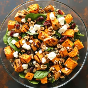 Creating a roasted sweet potato salad is simple and fun. Here’s what you need: - Sweet Potatoes - 2 large sweet potatoes, peeled and cubed - Dressing Ingredients - 1 tablespoon olive oil - 1 teaspoon ground cumin - 1/2 teaspoon smoked paprika - Salt and pepper to taste - Salad Components - 1 cup fresh spinach, roughly chopped - 1/2 cup cooked quinoa - 1/4 cup dried cranberries - 1/4 cup feta cheese, crumbled - 1/4 cup walnuts, roughly chopped - 2 tablespoons balsamic glaze (for drizzling) When you gather these ingredients, you set the stage for a vibrant dish. Sweet potatoes add a natural sweetness, while the spices bring warmth. The quinoa adds texture and protein, making this salad a meal on its own. Spinach adds freshness, and the cranberries give a pop of color and sweetness. Feta cheese adds creaminess, and walnuts add a nice crunch. You can find the full recipe to guide you through the cooking process. Enjoy every bite! Start by preheating your oven to 425°F (220°C). This hot temperature helps the sweet potatoes turn golden and tender. A hot oven gives the best results. Take two large sweet potatoes. Peel them and cut them into cubes. In a large bowl, toss the cubes with one tablespoon of olive oil. Add one teaspoon of ground cumin, half a teaspoon of smoked paprika, and salt and pepper to taste. Make sure each piece is well-coated in the mix. This step adds a lot of flavor to your sweet potatoes. Spread the sweet potatoes in a single layer on a baking sheet. Place them in the preheated oven. Roast for about 25 to 30 minutes. Flip them halfway through to ensure even cooking. They should be golden brown and soft when done. While the sweet potatoes are roasting, prepare the salad base. In a large bowl, mix one cup of fresh spinach, half a cup of cooked quinoa, one-fourth cup of dried cranberries, one-fourth cup of crumbled feta cheese, and one-fourth cup of roughly chopped walnuts. This mixture adds great texture and nutrition to your salad. When the sweet potatoes are ready, let them cool slightly. Then, add them to the salad base. Gently toss everything together until well mixed. For the final touch, drizzle two tablespoons of balsamic glaze over the salad. This adds sweetness and depth. Enjoy your vibrant and tasty roasted sweet potato salad! For the complete recipe, check out the Full Recipe section. Roasting sweet potatoes brings out their natural sweetness. Start by preheating your oven to 425°F (220°C). Cut your sweet potatoes into even cubes. This helps them cook at the same rate. Toss them with olive oil and spices in a big bowl. Make sure each piece gets coated. Spread the cubes in a single layer on a baking sheet. Flip them halfway through roasting. This step ensures they cook evenly and become nicely golden. You can enhance the flavors of your roasted sweet potato salad easily. Try adding some garlic powder or onion powder to your spice mix. Fresh herbs like cilantro or parsley also add a bright touch. For a kick, sprinkle in some cayenne pepper or chili flakes. You may also drizzle lemon juice on top before serving for a zesty finish. This will brighten the flavors and balance the sweetness of the potatoes. Present your salad in a large glass bowl. This lets the bright colors shine through. You can also layer the ingredients for a beautiful look. Consider adding toppings like extra crumbled feta or walnuts for a crunch. A sprinkle of pomegranate seeds can add a pop of color and flavor. Serve it warm or at room temperature. It pairs well with grilled chicken or fish. You can find the Full Recipe above. {{image_2}} You can make this roasted sweet potato salad even better with some swaps. For a lighter version, use less olive oil. Instead of feta, try avocado for creaminess. If you want crunch, replace walnuts with pumpkin seeds. They add great flavor and nutrition. You can also use kale instead of spinach. It will give your salad a hearty bite. Seasonal ingredients make this salad fresh and fun. In spring, add fresh peas or radishes for a crisp touch. In summer, toss in cherry tomatoes or cucumber for a cool crunch. In fall, you can mix in apples or pears for sweetness. Winter brings hearty greens like Swiss chard. Each season offers new flavors and textures. Making this salad vegan is easy. Just skip the feta cheese or use a plant-based version. For gluten-free eaters, ensure your quinoa is certified gluten-free. You can also swap quinoa for rice or millet if you prefer. Both options work great and keep the salad filling and tasty. These changes keep the dish delicious while meeting different dietary needs. You can find the full recipe in the previous section. You can keep roasted sweet potato salad in the fridge for up to three days. Store it in an airtight container to keep it fresh. This helps keep the flavors strong. Avoid mixing the dressing in until you are ready to eat. This keeps the salad crisp. For longer storage, you can freeze the salad without the dressing. Place it in a freezer-safe container. It will last about two months in the freezer. When you are ready to eat, thaw it in the fridge overnight. To reheat, put the salad in a microwave-safe dish. Heat it for 1-2 minutes until warm. Stir in some fresh spinach to add crunch. You can drizzle some balsamic glaze on top for extra flavor. Enjoy your roasted sweet potato salad warm or cold! For the full recipe, check out the instructions above. To boost nutrition, add more greens. Kale or arugula works well. You can also mix in beans for protein. Chickpeas or black beans blend nicely. Try adding seeds like pumpkin or sunflower for extra crunch. They bring healthy fats and fiber too. Fresh herbs like parsley or cilantro enhance flavor and nutrients. Yes, you can prepare this salad ahead of time. Roast the sweet potatoes and store them separately. Mix the salad base without dressing. This helps keep the salad fresh. When ready to eat, combine all parts and drizzle the balsamic glaze. It tastes best when served fresh. This salad pairs well with grilled chicken or fish. You can also serve it with a hearty soup. A slice of crusty bread complements it nicely too. For a light meal, add a side of yogurt or hummus. These options balance the flavors and keep it filling. Store leftover salad in an airtight container. Keep it in the fridge for up to three days. If the sweet potatoes are mixed, they may soften. To avoid this, store them separately. Reheat sweet potatoes in the oven or microwave before serving. Enjoy the flavors fresh! In this blog post, we explored how to make a delicious roasted sweet potato salad. We discussed key ingredients, including sweet potatoes and salad components. The step-by-step instructions guide you from preheating the oven to final touches. Tips and tricks help enhance flavors and suggest the best serving methods. We also covered variations for different diets and shared storage info for your leftovers. Remember, this salad is versatile and healthy. Enjoy making it your own with the ideas shared!