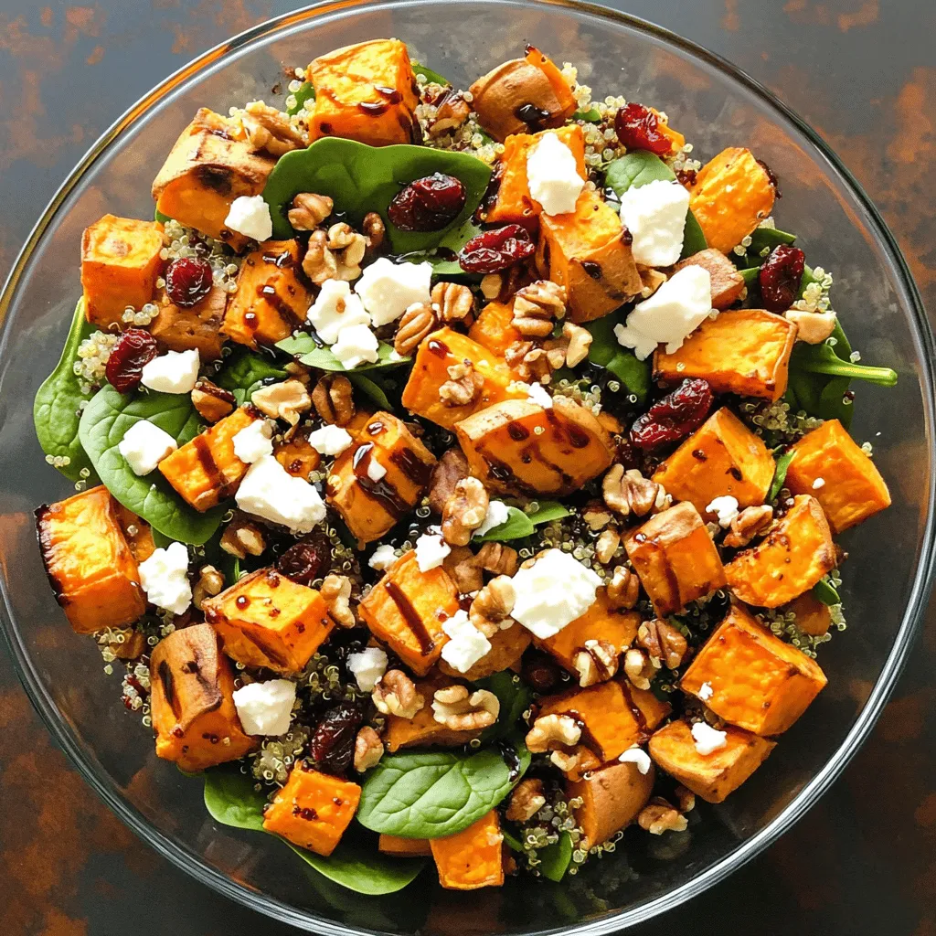 Creating a roasted sweet potato salad is simple and fun. Here’s what you need: - Sweet Potatoes - 2 large sweet potatoes, peeled and cubed - Dressing Ingredients - 1 tablespoon olive oil - 1 teaspoon ground cumin - 1/2 teaspoon smoked paprika - Salt and pepper to taste - Salad Components - 1 cup fresh spinach, roughly chopped - 1/2 cup cooked quinoa - 1/4 cup dried cranberries - 1/4 cup feta cheese, crumbled - 1/4 cup walnuts, roughly chopped - 2 tablespoons balsamic glaze (for drizzling) When you gather these ingredients, you set the stage for a vibrant dish. Sweet potatoes add a natural sweetness, while the spices bring warmth. The quinoa adds texture and protein, making this salad a meal on its own. Spinach adds freshness, and the cranberries give a pop of color and sweetness. Feta cheese adds creaminess, and walnuts add a nice crunch. You can find the full recipe to guide you through the cooking process. Enjoy every bite! Start by preheating your oven to 425°F (220°C). This hot temperature helps the sweet potatoes turn golden and tender. A hot oven gives the best results. Take two large sweet potatoes. Peel them and cut them into cubes. In a large bowl, toss the cubes with one tablespoon of olive oil. Add one teaspoon of ground cumin, half a teaspoon of smoked paprika, and salt and pepper to taste. Make sure each piece is well-coated in the mix. This step adds a lot of flavor to your sweet potatoes. Spread the sweet potatoes in a single layer on a baking sheet. Place them in the preheated oven. Roast for about 25 to 30 minutes. Flip them halfway through to ensure even cooking. They should be golden brown and soft when done. While the sweet potatoes are roasting, prepare the salad base. In a large bowl, mix one cup of fresh spinach, half a cup of cooked quinoa, one-fourth cup of dried cranberries, one-fourth cup of crumbled feta cheese, and one-fourth cup of roughly chopped walnuts. This mixture adds great texture and nutrition to your salad. When the sweet potatoes are ready, let them cool slightly. Then, add them to the salad base. Gently toss everything together until well mixed. For the final touch, drizzle two tablespoons of balsamic glaze over the salad. This adds sweetness and depth. Enjoy your vibrant and tasty roasted sweet potato salad! For the complete recipe, check out the Full Recipe section. Roasting sweet potatoes brings out their natural sweetness. Start by preheating your oven to 425°F (220°C). Cut your sweet potatoes into even cubes. This helps them cook at the same rate. Toss them with olive oil and spices in a big bowl. Make sure each piece gets coated. Spread the cubes in a single layer on a baking sheet. Flip them halfway through roasting. This step ensures they cook evenly and become nicely golden. You can enhance the flavors of your roasted sweet potato salad easily. Try adding some garlic powder or onion powder to your spice mix. Fresh herbs like cilantro or parsley also add a bright touch. For a kick, sprinkle in some cayenne pepper or chili flakes. You may also drizzle lemon juice on top before serving for a zesty finish. This will brighten the flavors and balance the sweetness of the potatoes. Present your salad in a large glass bowl. This lets the bright colors shine through. You can also layer the ingredients for a beautiful look. Consider adding toppings like extra crumbled feta or walnuts for a crunch. A sprinkle of pomegranate seeds can add a pop of color and flavor. Serve it warm or at room temperature. It pairs well with grilled chicken or fish. You can find the Full Recipe above. {{image_2}} You can make this roasted sweet potato salad even better with some swaps. For a lighter version, use less olive oil. Instead of feta, try avocado for creaminess. If you want crunch, replace walnuts with pumpkin seeds. They add great flavor and nutrition. You can also use kale instead of spinach. It will give your salad a hearty bite. Seasonal ingredients make this salad fresh and fun. In spring, add fresh peas or radishes for a crisp touch. In summer, toss in cherry tomatoes or cucumber for a cool crunch. In fall, you can mix in apples or pears for sweetness. Winter brings hearty greens like Swiss chard. Each season offers new flavors and textures. Making this salad vegan is easy. Just skip the feta cheese or use a plant-based version. For gluten-free eaters, ensure your quinoa is certified gluten-free. You can also swap quinoa for rice or millet if you prefer. Both options work great and keep the salad filling and tasty. These changes keep the dish delicious while meeting different dietary needs. You can find the full recipe in the previous section. You can keep roasted sweet potato salad in the fridge for up to three days. Store it in an airtight container to keep it fresh. This helps keep the flavors strong. Avoid mixing the dressing in until you are ready to eat. This keeps the salad crisp. For longer storage, you can freeze the salad without the dressing. Place it in a freezer-safe container. It will last about two months in the freezer. When you are ready to eat, thaw it in the fridge overnight. To reheat, put the salad in a microwave-safe dish. Heat it for 1-2 minutes until warm. Stir in some fresh spinach to add crunch. You can drizzle some balsamic glaze on top for extra flavor. Enjoy your roasted sweet potato salad warm or cold! For the full recipe, check out the instructions above. To boost nutrition, add more greens. Kale or arugula works well. You can also mix in beans for protein. Chickpeas or black beans blend nicely. Try adding seeds like pumpkin or sunflower for extra crunch. They bring healthy fats and fiber too. Fresh herbs like parsley or cilantro enhance flavor and nutrients. Yes, you can prepare this salad ahead of time. Roast the sweet potatoes and store them separately. Mix the salad base without dressing. This helps keep the salad fresh. When ready to eat, combine all parts and drizzle the balsamic glaze. It tastes best when served fresh. This salad pairs well with grilled chicken or fish. You can also serve it with a hearty soup. A slice of crusty bread complements it nicely too. For a light meal, add a side of yogurt or hummus. These options balance the flavors and keep it filling. Store leftover salad in an airtight container. Keep it in the fridge for up to three days. If the sweet potatoes are mixed, they may soften. To avoid this, store them separately. Reheat sweet potatoes in the oven or microwave before serving. Enjoy the flavors fresh! In this blog post, we explored how to make a delicious roasted sweet potato salad. We discussed key ingredients, including sweet potatoes and salad components. The step-by-step instructions guide you from preheating the oven to final touches. Tips and tricks help enhance flavors and suggest the best serving methods. We also covered variations for different diets and shared storage info for your leftovers. Remember, this salad is versatile and healthy. Enjoy making it your own with the ideas shared!