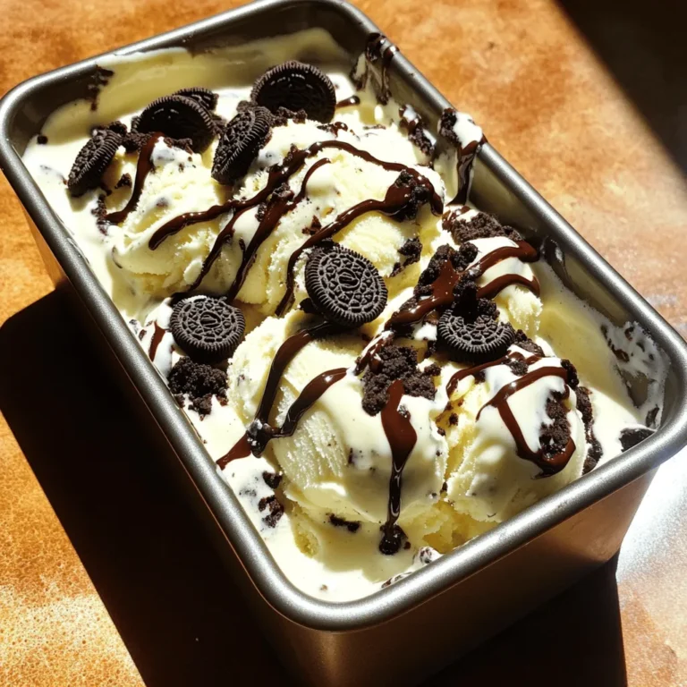 To make No Churn Oreo Ice Cream, you need just a few simple ingredients. Here’s what you will need: - 2 cups heavy cream - 1 cup sweetened condensed milk - 1 teaspoon vanilla extract - 1 cup Oreo cookies, crushed (plus extra for garnish) - 1/4 cup chocolate syrup (optional) These ingredients work together to create a creamy and rich ice cream. The heavy cream is the base, giving it a smooth texture. Sweetened condensed milk adds sweetness and helps it freeze well. The vanilla extract gives a nice flavor, while the crushed Oreo cookies add that delicious crunch. If you want, drizzle in some chocolate syrup for extra sweetness. You can find the complete process in the Full Recipe. This combination is simple yet so rewarding, making your homemade ice cream a true delight. Enjoy the fun of mixing these ingredients and waiting for your treat to freeze! Whipping the Heavy Cream Start with cold heavy cream. Pour two cups into a large bowl. Use an electric mixer to whip it. Beat the cream for about three to five minutes. You want stiff peaks to form. This means the cream stands tall when you lift the beaters. Combining Sweetened Condensed Milk and Vanilla In a separate bowl, mix one cup of sweetened condensed milk with one teaspoon of vanilla extract. Whisk them together until they blend well. This combination adds sweetness and flavor to your ice cream. Gently Incorporating Whipped Cream Now comes the fun part! Take the whipped cream and add it to the milk mixture. Use a spatula to fold them together. Be gentle and don’t stir too hard. You want to keep that airy feel. Adding Oreo Cookies and Chocolate Syrup Next, grab one cup of crushed Oreo cookies. Fold them into the cream mixture. If you want, drizzle in a quarter cup of chocolate syrup as you fold. This adds an extra layer of taste. Make sure the cookies are evenly mixed in. Pouring Mixture into Container Take a 9x5 inch loaf pan or another freezer-safe container. Pour the creamy mixture into it. Use a spatula to smooth the top. For a fun touch, sprinkle more crushed Oreos on top. Freezing Time and Tips Cover the container tightly with plastic wrap or a lid. Place it in the freezer for at least six hours. This allows your ice cream to freeze solid. If you want extra tips, make sure your freezer is set to a low temperature. This helps keep it creamy. Enjoy your homemade no-churn Oreo ice cream! You can find the full recipe at the beginning of this article. To make perfect no churn Oreo ice cream, focus on the cream. Whipping the heavy cream is key. Use an electric mixer and whip until you get stiff peaks. Stiff peaks mean the cream holds its shape well. This step adds lightness to your ice cream. When folding the whipped cream into the condensed milk mix, do it gently. Use a spatula and make sure to lift and turn the mixture. This action keeps the air in the cream. If you mix too hard, the ice cream will be dense. You can add your favorite toppings to this ice cream. Sprinkle more crushed Oreos on top for crunch. Want a sweet twist? Try adding chocolate chips or nuts. You can even mix in some peanut butter for a new flavor. For flavor variations, you can swap out the Oreos too. Try mint Oreos for a fresh taste. Or use peanut butter Oreos for a nutty kick. The options are endless, so get creative! This ice cream pairs well with many desserts. Serve it in a cone or a bowl. It also tastes great with warm brownies or cookies. You can even drizzle chocolate syrup on top for extra flavor. For a fun presentation, use clear cups. Layer the ice cream with crushed Oreos and syrup. This way, everyone can see the tasty layers. You can make each scoop a delight to look at! {{image_2}} You can switch up the flavors of your no churn Oreo ice cream in fun ways. One option is to make Mint Oreo No Churn Ice Cream. Just add a few drops of mint extract to the mixture. Mix it well, then fold in the crushed mint Oreos. This gives you a cool, refreshing treat that’s perfect for summer. Another fun flavor is Peanut Butter Oreo Ice Cream. To make this, mix in some creamy peanut butter into the sweetened condensed milk. Then, fold in the crushed Oreos. This adds a rich, nutty twist to the classic recipe. It’s a great choice for peanut butter lovers! If you're looking for a lighter option, try using coconut cream instead of heavy cream. Coconut cream gives your ice cream a rich, creamy texture. Plus, it adds a hint of tropical flavor. To do this, chill a can of coconut milk overnight. Then, scoop out the thick cream and whip it just like heavy cream. For those who want a dairy-free option, almond or oat milk can work too. However, you may need to adjust the amount of sweetened condensed milk. Use a dairy-free condensed milk to keep it creamy. This way, everyone can enjoy a scoop! You can also play with seasonal flavors. For fall, try using Fall Spice Oreos. They have warm spices like cinnamon and nutmeg. This flavor is cozy and perfect for chilly nights. Just fold these cookies into your ice cream mixture for a festive treat. During the holidays, look for Holiday Themed Oreos. These come in fun shapes and flavors like peppermint. They add a festive touch to your no churn ice cream, making it a great dessert for gatherings. Simply crush these cookies and mix them in for a holiday twist! Check out the Full Recipe for all the details on making your own no churn Oreo ice cream! To keep your no-churn Oreo ice cream fresh, use airtight containers. Glass or plastic containers work well. Make sure the lid is snug. This keeps the ice cream from absorbing other smells in the freezer. Wrap the container in plastic wrap for extra protection. This step helps prevent ice crystals from forming. Your ice cream will taste best for about two weeks when stored correctly. After that, it may lose flavor and texture. Look for signs of freezer burn, like white patches. These patches mean moisture has gotten in. The ice cream may taste bland, so it's best to enjoy it sooner. When you want to eat your ice cream, take it out of the freezer. Let it sit at room temperature for about 5 to 10 minutes. This method softens it without melting too much. Yes, you can refreeze homemade ice cream. Just make sure it stays in a sealed container. However, repeated thawing and refreezing can change the texture. Enjoy your delicious treat fresh for the best experience! For the full recipe, check the ingredients and instructions above. No churn ice cream is a creamy dessert made without an ice cream maker. You mix heavy cream with sweetened condensed milk and flavorings. This method is easy and quick, perfect for home cooks. You get a smooth, rich ice cream without all the fuss. To make your ice cream creamier, whip the heavy cream until it forms stiff peaks. This helps trap air, making the ice cream lighter. You can also fold in extra crushed Oreo cookies, which adds texture. Lastly, use full-fat sweetened condensed milk for a richer taste. Yes, you can use gluten-free Oreo cookies in this recipe. Many brands now offer gluten-free options. Check the packaging to ensure they are safe for your diet. This way, everyone can enjoy this delicious treat. You can keep no churn Oreo ice cream in the freezer for up to 2 weeks. After that, it may start to lose flavor or texture. Store it in an airtight container to keep it fresh. Absolutely! You can skip the vanilla if you prefer. The Oreo cookies provide plenty of flavor on their own. If you'd like, try using almond extract for a different taste. If you need a substitute for sweetened condensed milk, use a homemade version. Combine equal parts milk and sugar, then simmer until thickened. You can also try coconut cream for a dairy-free option. Check out the Full Recipe for more details! This blog walk-through gives you a full guide to making No Churn Oreo Ice Cream. We covered ingredients, step-by-step instructions, and tips for the best texture. You can customize flavors and learn about storage and shelf life too. Remember, making ice cream can be fun and creative! Use this recipe to enjoy a cool treat at home. Experiment with flavors and have fun with toppings. Happy ice cream making!
