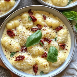- 1 lb store-bought gnocchi - 1 cup sun-dried tomatoes, chopped - 2 cups heavy cream - 1/2 cup grated Parmesan cheese (plus extra for garnish) - 2 tablespoons olive oil - 3 garlic cloves, minced - 1/2 teaspoon red pepper flakes (adjust to taste) - Salt and pepper to taste - 1/4 cup fresh basil, chopped To make creamy sun-dried tomato gnocchi, start with key ingredients. The gnocchi is the base. Use store-bought gnocchi for ease and great taste. Sun-dried tomatoes add rich flavor. Chop them into small pieces for easy mixing. Heavy cream brings a smooth texture. It makes the dish creamy and delicious. Next, gather the extra ingredients. Grated Parmesan adds depth. It melts well into the sauce. Olive oil helps sauté garlic. Always use fresh garlic for the best flavor. Minced garlic adds a nice kick. Seasoning is important too. Red pepper flakes bring heat. Adjust the amount to fit your taste. Salt and pepper enhance all the flavors. Fresh basil adds brightness. It gives a fresh, herbal note at the end. For the full recipe, you can check [Full Recipe]. This dish is simple yet satisfying. Each ingredient plays a role in making every bite delicious. - Bring a large pot of salted water to a boil. - Add 1 lb of gnocchi and cook according to package instructions. - The gnocchi will float to the surface when done. - Drain in a colander and set aside. - In a large skillet, heat 2 tablespoons of olive oil over medium heat. - Add 3 minced garlic cloves and 1/2 teaspoon of red pepper flakes. - Sauté for about 1 minute until fragrant, but avoid burning the garlic. - Stir in 1 cup of chopped sun-dried tomatoes. - Cook for another 2-3 minutes to infuse the flavors. - Pour in 2 cups of heavy cream, stirring to mix well. - Bring the mixture to a gentle simmer and let it thicken for about 4-5 minutes. - Stir in 1/2 cup of grated Parmesan cheese until melted. - Season with salt and pepper to taste. - Carefully add the cooked gnocchi to the skillet. - Gently mix the gnocchi with the creamy sun-dried tomato sauce. - Heat everything together for an additional 2 minutes. - Remove the skillet from heat and stir in 1/4 cup of chopped fresh basil. - Ensure all the gnocchi are well-coated in the sauce. Enjoy this delicious dish as you savor the rich flavors! For the complete recipe, check the [Full Recipe]. To make a creamy sauce, focus on the right thickness. Start with heavy cream. Heat it gently to let it thicken. Stir often to avoid burning. If the sauce seems too thick, add a splash of pasta water. This helps keep it smooth. When adding cheese, use grated Parmesan. Grating helps it melt quickly. Stir the cheese in slowly. This way, it blends in well without clumping. If you want extra flavor, try mixing in some fresh herbs at the end. You’ll know the gnocchi is cooked when it floats to the top. This usually takes just a few minutes. Be careful not to overcook it, or it will become mushy. Drain the gnocchi well before adding it to the sauce. This step keeps the dish from becoming watery. To avoid soggy gnocchi, cook it right before you mix it with the sauce. Toss it gently in the sauce to coat it. This keeps the gnocchi firm and delicious. For a great presentation, use shallow bowls. This lets the colors shine through. Sprinkle extra Parmesan on top for a nice touch. Fresh basil leaves add a pop of color and flavor too. Pair this dish with a simple green salad or some crusty bread. A light white wine can also complement the creamy flavors well. These choices create a complete meal that is both tasty and inviting. For the complete recipe, check out the Full Recipe section. {{image_2}} You can tweak this recipe to fit your needs. If you want a lighter dish, use low-fat cream. Replace heavy cream with half-and-half or whole milk. For non-dairy options, try coconut milk or cashew cream. Both will give a nice creamy texture without dairy. To make this dish heartier, add protein. Grilled chicken pairs well with the creamy sauce. Shrimp is another great choice; just sauté it quickly before adding the gnocchi. For a vegetarian twist, consider chickpeas or white beans. They add protein while keeping the meal plant-based. Herbs and spices can elevate your dish. Fresh basil is great, but you can also use thyme or oregano. A pinch of smoked paprika adds warmth. For more veggies, try spinach or mushrooms. They add flavor and nutrients, making your meal even better. To keep your creamy sun-dried tomato gnocchi fresh, store it in an airtight container. Place it in the fridge within two hours of cooking. This dish can last about three to four days in the fridge. Make sure to check for any signs of spoilage before eating. You can freeze this dish for longer storage. First, let it cool completely. Then, place it in a freezer-safe container, leaving some space for expansion. It can last up to two months in the freezer. To reheat, thaw it overnight in the fridge. Warm it in a skillet over low heat, adding a splash of cream if needed. This helps to keep the flavor and texture nice. If you have extra gnocchi or sauce, don’t throw them away! You can add gnocchi to soups for a filling meal. The creamy sauce works well as a dip for breadsticks or veggies. You can also mix it with cooked pasta or use it as a base for a new dish. Be creative and enjoy your leftovers! Yes, you can prepare this dish ahead of time. Start by cooking the gnocchi and sauce separately. Let both cool and store them in airtight containers. Keep the sauce in the fridge for up to three days. When ready to serve, heat the sauce and toss with the gnocchi. This keeps everything fresh and tasty. Store-bought gnocchi works great for this recipe. It saves time and offers a good texture. If you want to make your own, use potatoes and flour. Homemade gnocchi can taste amazing but takes longer to prepare. Both options will give you a delicious meal. If your sauce is too thick, add a splash of milk or cream to thin it out. Stir well and let it simmer for a minute. For a sauce that’s too thin, let it cook longer to thicken. You can also add more cheese to help it become creamier. Yes, you can use fresh sun-dried tomatoes. They offer a bright flavor and a nice texture. However, jarred sun-dried tomatoes are often packed in oil, which adds richness. Both types work well, so choose based on your taste and what you have on hand. You learned how to make creamy sun-dried tomato gnocchi. We explored main ingredients like gnocchi, sun-dried tomatoes, and heavy cream. I walked you through cooking and saucing the dish step-by-step. Tips helped perfect flavors and textures. You can even add proteins or try variations. This dish is great for a cozy dinner or a meal prep option. Don't forget to store leftovers or make creative new dishes with them. Enjoy making this easy, delicious meal!