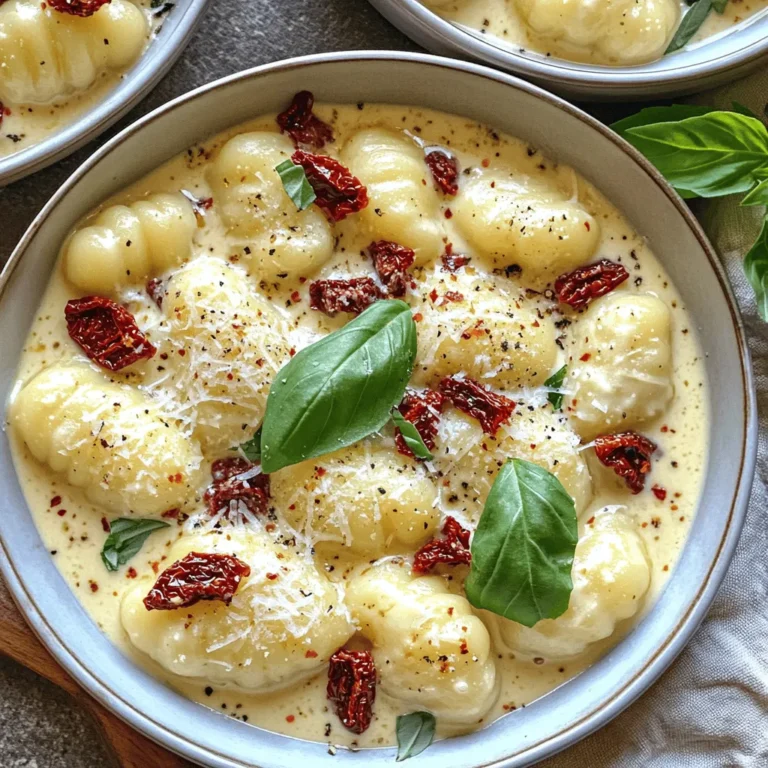 - 1 lb store-bought gnocchi - 1 cup sun-dried tomatoes, chopped - 2 cups heavy cream - 1/2 cup grated Parmesan cheese (plus extra for garnish) - 2 tablespoons olive oil - 3 garlic cloves, minced - 1/2 teaspoon red pepper flakes (adjust to taste) - Salt and pepper to taste - 1/4 cup fresh basil, chopped To make creamy sun-dried tomato gnocchi, start with key ingredients. The gnocchi is the base. Use store-bought gnocchi for ease and great taste. Sun-dried tomatoes add rich flavor. Chop them into small pieces for easy mixing. Heavy cream brings a smooth texture. It makes the dish creamy and delicious. Next, gather the extra ingredients. Grated Parmesan adds depth. It melts well into the sauce. Olive oil helps sauté garlic. Always use fresh garlic for the best flavor. Minced garlic adds a nice kick. Seasoning is important too. Red pepper flakes bring heat. Adjust the amount to fit your taste. Salt and pepper enhance all the flavors. Fresh basil adds brightness. It gives a fresh, herbal note at the end. For the full recipe, you can check [Full Recipe]. This dish is simple yet satisfying. Each ingredient plays a role in making every bite delicious. - Bring a large pot of salted water to a boil. - Add 1 lb of gnocchi and cook according to package instructions. - The gnocchi will float to the surface when done. - Drain in a colander and set aside. - In a large skillet, heat 2 tablespoons of olive oil over medium heat. - Add 3 minced garlic cloves and 1/2 teaspoon of red pepper flakes. - Sauté for about 1 minute until fragrant, but avoid burning the garlic. - Stir in 1 cup of chopped sun-dried tomatoes. - Cook for another 2-3 minutes to infuse the flavors. - Pour in 2 cups of heavy cream, stirring to mix well. - Bring the mixture to a gentle simmer and let it thicken for about 4-5 minutes. - Stir in 1/2 cup of grated Parmesan cheese until melted. - Season with salt and pepper to taste. - Carefully add the cooked gnocchi to the skillet. - Gently mix the gnocchi with the creamy sun-dried tomato sauce. - Heat everything together for an additional 2 minutes. - Remove the skillet from heat and stir in 1/4 cup of chopped fresh basil. - Ensure all the gnocchi are well-coated in the sauce. Enjoy this delicious dish as you savor the rich flavors! For the complete recipe, check the [Full Recipe]. To make a creamy sauce, focus on the right thickness. Start with heavy cream. Heat it gently to let it thicken. Stir often to avoid burning. If the sauce seems too thick, add a splash of pasta water. This helps keep it smooth. When adding cheese, use grated Parmesan. Grating helps it melt quickly. Stir the cheese in slowly. This way, it blends in well without clumping. If you want extra flavor, try mixing in some fresh herbs at the end. You’ll know the gnocchi is cooked when it floats to the top. This usually takes just a few minutes. Be careful not to overcook it, or it will become mushy. Drain the gnocchi well before adding it to the sauce. This step keeps the dish from becoming watery. To avoid soggy gnocchi, cook it right before you mix it with the sauce. Toss it gently in the sauce to coat it. This keeps the gnocchi firm and delicious. For a great presentation, use shallow bowls. This lets the colors shine through. Sprinkle extra Parmesan on top for a nice touch. Fresh basil leaves add a pop of color and flavor too. Pair this dish with a simple green salad or some crusty bread. A light white wine can also complement the creamy flavors well. These choices create a complete meal that is both tasty and inviting. For the complete recipe, check out the Full Recipe section. {{image_2}} You can tweak this recipe to fit your needs. If you want a lighter dish, use low-fat cream. Replace heavy cream with half-and-half or whole milk. For non-dairy options, try coconut milk or cashew cream. Both will give a nice creamy texture without dairy. To make this dish heartier, add protein. Grilled chicken pairs well with the creamy sauce. Shrimp is another great choice; just sauté it quickly before adding the gnocchi. For a vegetarian twist, consider chickpeas or white beans. They add protein while keeping the meal plant-based. Herbs and spices can elevate your dish. Fresh basil is great, but you can also use thyme or oregano. A pinch of smoked paprika adds warmth. For more veggies, try spinach or mushrooms. They add flavor and nutrients, making your meal even better. To keep your creamy sun-dried tomato gnocchi fresh, store it in an airtight container. Place it in the fridge within two hours of cooking. This dish can last about three to four days in the fridge. Make sure to check for any signs of spoilage before eating. You can freeze this dish for longer storage. First, let it cool completely. Then, place it in a freezer-safe container, leaving some space for expansion. It can last up to two months in the freezer. To reheat, thaw it overnight in the fridge. Warm it in a skillet over low heat, adding a splash of cream if needed. This helps to keep the flavor and texture nice. If you have extra gnocchi or sauce, don’t throw them away! You can add gnocchi to soups for a filling meal. The creamy sauce works well as a dip for breadsticks or veggies. You can also mix it with cooked pasta or use it as a base for a new dish. Be creative and enjoy your leftovers! Yes, you can prepare this dish ahead of time. Start by cooking the gnocchi and sauce separately. Let both cool and store them in airtight containers. Keep the sauce in the fridge for up to three days. When ready to serve, heat the sauce and toss with the gnocchi. This keeps everything fresh and tasty. Store-bought gnocchi works great for this recipe. It saves time and offers a good texture. If you want to make your own, use potatoes and flour. Homemade gnocchi can taste amazing but takes longer to prepare. Both options will give you a delicious meal. If your sauce is too thick, add a splash of milk or cream to thin it out. Stir well and let it simmer for a minute. For a sauce that’s too thin, let it cook longer to thicken. You can also add more cheese to help it become creamier. Yes, you can use fresh sun-dried tomatoes. They offer a bright flavor and a nice texture. However, jarred sun-dried tomatoes are often packed in oil, which adds richness. Both types work well, so choose based on your taste and what you have on hand. You learned how to make creamy sun-dried tomato gnocchi. We explored main ingredients like gnocchi, sun-dried tomatoes, and heavy cream. I walked you through cooking and saucing the dish step-by-step. Tips helped perfect flavors and textures. You can even add proteins or try variations. This dish is great for a cozy dinner or a meal prep option. Don't forget to store leftovers or make creative new dishes with them. Enjoy making this easy, delicious meal!