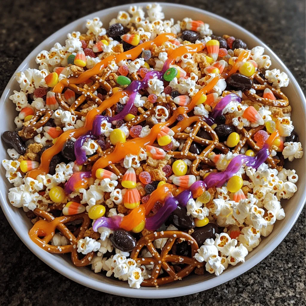 To create your spooky snack mix, gather these must-have items: - 2 cups popcorn (popped) - 1 cup pretzel sticks - 1 cup candy corn - 1 cup chocolate-covered pretzels - 1 cup mixed nuts (almonds, peanuts, and cashews) - 1 cup Halloween-themed gummy candies (worms, spiders, etc.) - 1/2 cup orange candy melts - 1/2 cup purple candy melts - 1 teaspoon sea salt These ingredients mix together to form a fun, crunchy, and sweet treat. The popcorn gives a light and airy base. Pretzel sticks add a salty crunch. Candy corn brings sweetness, while chocolate-covered pretzels offer a rich twist. The mixed nuts add texture, and gummy candies give it a spooky flair. You can make this snack mix your own by adding extras: - Edible glitter or sprinkles for garnish - Different types of nuts like walnuts or pecans - Extra sweets like mini marshmallows or M&M's Feel free to get creative! You can adjust the flavor or change the look. Adding different nuts or candies can suit your taste. To make this spooky snack mix, you’ll need: - A large mixing bowl - A microwave-safe bowl for melting candy - A spatula for mixing - Parchment paper or a baking sheet for cooling These tools help you mix and melt ingredients easily. The mixing bowl is essential for combining all the fun flavors. Using parchment paper makes cleanup a breeze when the mix cools. For more details on making this treat, check out the Full Recipe. First, gather all your snack mix ingredients. You need popcorn, pretzel sticks, candy corn, chocolate-covered pretzels, mixed nuts, and gummy candies. In a large bowl, combine the popcorn, pretzels, candy corn, chocolate-covered pretzels, nuts, and gummy candies. Toss gently. Make sure everything blends well. This base mix is fun and colorful. It sets the stage for our spooky treat. Next, we will melt the candy melts. Take your orange and purple candy melts. Use separate bowls to melt each color. Place one bowl in the microwave. Heat for 30 seconds. Stir the melts. Repeat until smooth. Do the same with the purple melts. Once melted, it's time to drizzle. Pour the melted orange candy over your snack mix. Let it flow down into the bowl. Then, do the same with the purple candy. This creates a spooky, fun swirl. Now, we add some finishing touches. Sprinkle sea salt over the mix for flavor. If you like sparkle, add edible glitter or sprinkles on top. Let the mix sit for about 15-20 minutes. This cooling time helps the candy coating harden. Once set, gently break apart any clumps. You want a loose, festive mix. And there you have it! Your spooky Halloween snack mix is ready to enjoy. For the full recipe, check out the instructions above. To wow your guests, serve the spooky snack mix in clear bowls. This lets everyone see the fun colors and shapes. You can also use Halloween-themed containers. Think about pumpkin-shaped bowls or jars with ghosts. Add some mini pumpkins or spooky decorations around the bowls for flair. This creates a fun vibe for your party. Keep your spooky snack mix fresh in an airtight container. This helps it stay crispy and tasty. Store it in a cool, dry place. If you want to keep it longer, you can freeze it. Just make sure to separate it into portions before freezing. This way, you can grab a little anytime you want. Mix sweet and salty snacks for a great taste. The candy corn adds sweetness, while the pretzels bring saltiness. You can also play with the nuts. Almonds offer a mild flavor, while peanuts bring a nice crunch. If you want more flavor, try adding a sprinkle of cinnamon or pumpkin spice. This can give your mix a warm fall taste. {{image_2}} You can easily change this spooky snack mix to fit your diet. If you need it gluten-free, swap the pretzel sticks with gluten-free options. Use rice cakes or corn chips instead. For nut allergies, replace mixed nuts with seeds like pumpkin or sunflower. You can add more popcorn or dried fruit for crunch. If you want a lower-sugar version, leave out the candy corn and use dark chocolate instead of sweet candy. These swaps keep the fun while making it safe for everyone! To make your snack mix extra special, think about adding seasonal flavors. Cinnamon or pumpkin spice can bring a cozy touch. Just sprinkle a teaspoon of your favorite spice into the mix. You could also use caramel drizzle instead of candy melts for a sweet twist. For a fall vibe, add apple chips or dried cranberries. This way, your mix will taste like autumn and feel festive! You can use this snack mix for other fun themes too! For a winter mix, swap in red and green candies and add mini marshmallows. Think about using peppermint candies for a cool taste. For a summer party, add fruity cereal and colorful gummy bears. You can even create a birthday mix with sprinkles and birthday cake-flavored candies. The possibilities are endless! To keep your spooky Halloween snack mix fresh, store it in an airtight container. This helps keep the mix crispy. You can use glass jars, plastic containers, or resealable bags. Make sure the container is clean and dry before adding the mix. If you want, you can layer the mix with parchment paper to prevent sticking. If stored properly, your snack mix lasts about 1 week at room temperature. If you keep it in the fridge, it can last up to 2 weeks. Always check for any signs of spoilage, like a change in smell or texture. If you see any, it's best to toss it out. You can freeze the snack mix if you want to save it for later. Place it in a freezer-safe bag or container. Make sure to remove as much air as possible before sealing. When you're ready to enjoy it, let it thaw in the fridge overnight. After that, it’s ready to eat! Just keep in mind that some candies may not stay crunchy after freezing. Yes, you can make this snack mix ahead of time. It stays fresh for about a week in an airtight container. Just make sure it cools completely before you store it. This way, the candy won't melt or clump together. You can use many candies for a Halloween theme. Great options include: - Candy corn - Halloween gummy worms - Chocolate-covered ghosts - Miniature chocolate bars - Marshmallow monsters Feel free to mix and match to create your favorite spooky look. To make the snack mix less sweet, cut back on candy. You can add more nuts or pretzels. These will give crunch without adding too much sugar. You can also skip the candy melts if you prefer a salty mix. This recipe can be gluten-free. Use gluten-free pretzel sticks and check candy labels. Some candies may contain gluten, so always read the ingredients. You can enjoy this fun snack without worry if you choose the right brands. You learned how to make a spooky snack mix. We covered essential and optional ingredients, plus tools needed. Step-by-step, you now know how to prepare, melt, and assemble. I shared tips for fun presentations, storage, and flavor balance. You discovered variations for dietary needs and seasonal themes. Enjoy creating your own mix at home. It’s a fun treat for any event!