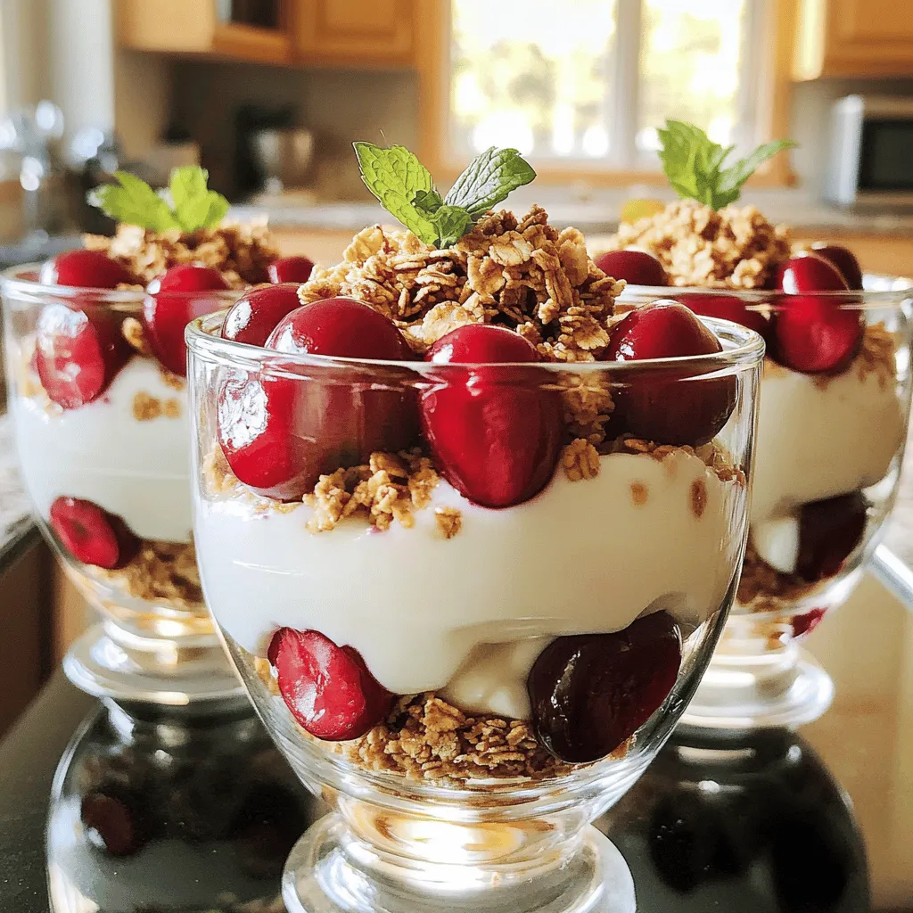To make Cherry Greek Yogurt Parfaits, you need: - 2 cups Greek yogurt (plain or vanilla) - 1 cup fresh cherries, pitted and halved - 1/2 cup granola (your choice) - 2 tablespoons honey or maple syrup - 1 teaspoon vanilla extract - A pinch of cinnamon (optional) - Fresh mint leaves for garnish You can tweak this recipe to fit your taste. Here are some ideas: - Substitute Greek yogurt with dairy-free yogurt for a vegan option. - Use other fruits like blueberries or peaches for a fresh twist. - Add nuts or seeds for extra crunch. - Swap honey for agave syrup for a different sweetness. To make this parfait, gather these tools: - Mixing bowl for combining ingredients - Serving glasses or bowls for layering - Spoon or spatula for stirring - Knife and cutting board for pitting cherries These simple tools will help you create a delightful treat. Enjoy making this easy recipe! If you want the full recipe, check out the complete guide. To start, gather your ingredients. You need Greek yogurt, honey, vanilla extract, and cinnamon. In a mixing bowl, add 2 cups of Greek yogurt. Then, pour in 2 tablespoons of honey or maple syrup. Next, add 1 teaspoon of vanilla extract. If you like, sprinkle in a pinch of cinnamon. Mix these well until the yogurt is smooth and creamy. This yogurt mixture is the base of your parfait and gives it a lovely taste. Now, it’s time to build your parfait. Take serving glasses or bowls and start with the yogurt mixture. Spoon a layer of yogurt at the bottom. Next, add a layer of fresh cherries, about half a cup. Then, sprinkle some granola on top, around 1/2 cup. Repeat these layers until your glasses are full. Make sure to finish with a layer of cherries and a sprinkle of granola on top. This will make your parfait look pretty and delicious. When you serve your Cherry Greek Yogurt Parfaits, think about how they look. Add a fresh mint leaf on each parfait for a pop of color. You can also use clear glasses to show off the beautiful layers. If you want, drizzle a little extra honey on top for sweetness. Serve them right away for the best taste. Enjoy these tasty treats with friends or family! For a complete guide, check out the Full Recipe. To pick great cherries, look for bright colors. The cherries should be firm and shiny. Avoid any with dark spots or soft spots. Smell the cherries; they should smell sweet. If you can, try to buy cherries that are in season. They taste better and are often cheaper. You can make this parfait even healthier. Try using low-fat Greek yogurt for fewer calories. For sweetness, use a natural sweetener like stevia instead of honey. You can also swap granola for nuts or seeds. These options add good fats and protein. Choose unsweetened granola to control sugar levels. To get the best flavor, let your yogurt sit at room temperature for a few minutes. This makes it creamier. When layering, press the cherries gently into the yogurt. This helps the flavors mix. A sprinkle of cinnamon adds warmth and depth. Finally, adding mint leaves not only looks pretty but also adds freshness. For the full recipe, check out the complete details provided above. {{image_2}} You can swap cherries for many fruits. Think of strawberries, blueberries, or peaches. Each fruit brings a unique flavor. For example, strawberries add sweetness, while blueberries offer a tart kick. You can mix fruits too! A fruit medley adds color and taste to your parfait. Just remember to adjust the amount based on the fruit's water content. Granola can change your parfait's texture and taste. Try nut-based granola for a crunchy bite. Or use a fruit-flavored granola to add a hint of sweetness. You can also top your parfait with nuts, seeds, or even shredded coconut. If you're feeling adventurous, drizzle melted dark chocolate on top for a rich flavor. Seasonal ingredients can refresh your parfait. In spring, use fresh strawberries and mint. In summer, try peaches or raspberries. For fall, add apples with a sprinkle of cinnamon. In winter, look for pomegranate seeds or citrus fruits. Each season can inspire a new flavor. Keep experimenting to find your perfect combination! For the full recipe, visit the Cherry Greek Yogurt Parfaits section. To keep your Cherry Greek Yogurt Parfaits fresh, store them properly. For leftovers, place the parfaits in airtight containers. This helps keep them fresh. If you made a big batch, layer the yogurt and toppings separately. This way, you can mix them fresh later. Avoid stacking the parfaits too high, as they can spill. These parfaits last about 2 to 3 days in the fridge. After that, the granola may get soggy. If you notice any changes in smell or taste, it’s best to toss them out. Freezing parfaits is tricky since yogurt and granola don't freeze well together. Instead, freeze the cherries and yogurt separately. When you're ready to enjoy, let the yogurt thaw in the fridge overnight. Use fresh granola when you assemble your parfait for the best crunch. Yes, you can use frozen cherries. Just thaw them before using. This helps them mix well. Frozen cherries add great flavor and are easy to find. They save time, too! You can skip the pitting step since they are often pre-pitted. To make this recipe dairy-free, choose a dairy-free yogurt. Look for coconut, almond, or oat-based yogurt. They work well with cherries and granola. Use maple syrup instead of honey for sweetness. This keeps the treat tasty and creamy without dairy. You can replace honey with maple syrup or agave syrup. Both options add sweetness. They blend nicely with yogurt and cherries. You can also use stevia for a low-calorie choice. Just adjust the amount to your taste. Try this Cherry Greek Yogurt Parfaits recipe for a simple and tasty treat! [Full Recipe] In this post, we explored how to make Cherry Greek Yogurt Parfaits. We covered the key ingredients, step-by-step instructions, and useful tips. You learned how to choose the best cherries and ways to customize your parfait. Remember to store leftovers properly to keep them fresh. Feel free to experiment with different fruits and granola. Making these parfaits can be fun and rewarding. Enjoy every bite and share your creations with others!