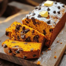 To make a great chocolate chip pumpkin bread, you need a few key ingredients: - 1 cup canned pumpkin puree - 1/2 cup vegetable oil - 1 cup granulated sugar - 1/2 cup brown sugar, packed - 2 large eggs - 1 teaspoon vanilla extract - 1 1/2 cups all-purpose flour - 1 teaspoon baking soda - 1/2 teaspoon baking powder - 1 teaspoon ground cinnamon - 1/2 teaspoon ground nutmeg - 1/4 teaspoon ground ginger - 1/2 teaspoon salt - 1 cup semi-sweet chocolate chips These ingredients create a moist and flavorful bread with a perfect balance of sweetness and spice. Canned pumpkin puree gives the bread its rich flavor and beautiful color. Both granulated and brown sugar add depth to the sweetness. The spices bring warmth, while the chocolate chips provide little bursts of joy in every bite. You can add more texture and flavor to your bread. Here are some tasty options: - 1/2 cup chopped walnuts or pecans These nuts add a nice crunch and a nutty taste that pairs well with the pumpkin and chocolate. Feel free to skip them if you prefer a smoother texture. You can easily switch some ingredients to fit your needs: - Vegan alternatives: Use flax eggs instead of regular eggs. For the oil, you can use applesauce. - Gluten-free flour options: Substitute all-purpose flour with a gluten-free blend. Just check the blend for the best results. Making these substitutions keeps the essence of the bread while catering to different diets. You can still enjoy a delicious treat that everyone can share! For the complete recipe, check the [Full Recipe]. First, preheat your oven to 350°F (175°C). This ensures even baking. Next, grease a 9x5 inch loaf pan with oil or butter. This helps the bread slide out easily later. Now, let’s mix. In a large bowl, combine these wet ingredients: - 1 cup canned pumpkin puree - 1/2 cup vegetable oil - 1 cup granulated sugar - 1/2 cup brown sugar - 2 large eggs - 1 teaspoon vanilla extract Whisk everything together until it’s smooth. In another bowl, sift together the dry ingredients: - 1 1/2 cups all-purpose flour - 1 teaspoon baking soda - 1/2 teaspoon baking powder - 1 teaspoon ground cinnamon - 1/2 teaspoon ground nutmeg - 1/4 teaspoon ground ginger - 1/2 teaspoon salt Mixing these separately helps the bread rise well. Now, take your dry mix and add it gradually into the wet mix. Stir gently until just combined. Be careful not to overmix; this keeps your bread soft and fluffy. Next, fold in the chocolate chips and walnuts if you want them. This adds great flavor and texture. Pour your batter into the greased loaf pan. Smooth the top with a spatula. Bake it in your preheated oven for about 60-65 minutes. A toothpick inserted in the center should come out clean when it’s ready. Once done, take the bread out and let it cool in the pan for about 10 minutes. This step is key for the right texture. After that, transfer it to a wire rack to cool completely. Enjoy the smell while it cools! For the full recipe, check out the details above. To get the best texture in your chocolate chip pumpkin bread, avoid over-mixing. When you mix the batter, be gentle. Mix just until the dry and wet ingredients blend. Over-mixing makes the bread tough, not soft. To avoid dry bread, pay close attention to your baking time. If you bake it too long, it can dry out. Start checking for doneness a few minutes early. A toothpick should come out clean but not dry. Spices can boost the flavor of your pumpkin bread. Use cinnamon, nutmeg, and ginger for warmth. You can also try adding vanilla or a pinch of cloves. These spices make every bite taste better. Using quality chocolate chips makes a big difference. Choose semi-sweet chocolate for a rich flavor. You can also mix in dark chocolate for extra depth. For serving, slice the warm bread and add a pat of butter. You can also sprinkle powdered sugar on top. This makes it look pretty and inviting. For a fun twist, drizzle chocolate ganache over the slices. It adds a rich finish and makes the bread feel special. Enjoy serving your chocolate chip pumpkin bread in style! {{image_2}} To make a gluten-free version, choose a good gluten-free flour blend. Look for brands that mix rice flour, potato starch, and tapioca flour. These blends work well with pumpkin bread. You may need to adjust the moisture in the recipe. Gluten-free flours can absorb more liquid. Start with the same amount of pumpkin. If the batter seems too thick, add a splash of water or almond milk. This helps keep the bread moist and tender. For a vegan version, replace the eggs. Use flaxseed meal or chia seeds mixed with water. One tablespoon of flaxseed meal plus three tablespoons of water replaces one egg. This keeps the bread fluffy. Choose dairy-free chocolate chips to keep it vegan. Make sure to check labels. The taste remains rich and satisfying when you use these swaps. Your friends won't even know it's vegan! Want to mix it up? You can add different spices or extracts. Try a teaspoon of pumpkin pie spice for extra warmth. A hint of almond or orange extract can brighten the flavor too. Consider adding fruits or nuts for added texture. Chopped apples or pears bring a sweet touch. Walnuts or pecans add crunch. Just fold them in gently when mixing the batter. These tweaks make each loaf a unique treat. For more details, check out the Full Recipe. Enjoy your baking adventure! To keep your chocolate chip pumpkin bread fresh, store it in an airtight container. This helps to lock in moisture and flavor. You can use a plastic wrap or a resealable bag, too. If you have leftovers, let the bread cool completely first. Then, wrap it well. This keeps it from drying out. You can freeze chocolate chip pumpkin bread for later enjoyment. To do this, first, slice the bread. Wrap each slice in plastic wrap, then place them in a freezer bag. Try to remove as much air as possible. When you're ready to eat, take out a slice and let it thaw in the fridge overnight. You can also warm it in the microwave for a quick treat. This way, it stays moist and tasty. Chocolate chip pumpkin bread lasts about three days at room temperature. Keep it in a cool, dry place. If you see any mold or notice an off smell, it's time to toss it. Always check for these signs before enjoying a slice. For more details on this recipe, refer to the Full Recipe. Yes, you can make this bread ahead of time. Here are some tips: - Bake and cool: Once baked, let the bread cool completely. - Wrap tightly: Use plastic wrap or foil to wrap it well. - Chill in the fridge: Store it in the fridge for up to a week. - Freeze for longer: For longer storage, freeze the wrapped bread. Thaw it overnight when ready to eat. To check if your bread is done, use a toothpick. Insert it into the center of the loaf: - Clean toothpick: If it comes out clean, your bread is ready. - Moist crumbs: If it has moist crumbs, bake it a bit longer. - Look for color: The top should be golden brown. Absolutely! Here are some fun ideas to make it your own: - Spice it up: Add more spices like cloves or allspice. - Fruit options: Include cranberries or raisins for extra flavor. - Nutty twist: Swap walnuts for pecans or omit them entirely. - Chocolate variety: Try dark chocolate chips or white chocolate. Feel free to explore these options and enjoy your unique twist on Chocolate Chip Pumpkin Bread! For the full recipe, check out the details above. In this post, we explored how to make delicious Chocolate Chip Pumpkin Bread. You learned about key ingredients like pumpkin puree and sugar, plus optional add-ins like chocolate chips. We covered step-by-step instructions, tips for the best texture and flavor, and variations for gluten-free and vegan options. Remember, you can customize this recipe to suit your taste. Enjoy the joy of baking, and share this treat with friends. Your perfect Chocolate Chip Pumpkin Bread awaits!