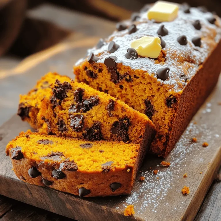 To make a great chocolate chip pumpkin bread, you need a few key ingredients: - 1 cup canned pumpkin puree - 1/2 cup vegetable oil - 1 cup granulated sugar - 1/2 cup brown sugar, packed - 2 large eggs - 1 teaspoon vanilla extract - 1 1/2 cups all-purpose flour - 1 teaspoon baking soda - 1/2 teaspoon baking powder - 1 teaspoon ground cinnamon - 1/2 teaspoon ground nutmeg - 1/4 teaspoon ground ginger - 1/2 teaspoon salt - 1 cup semi-sweet chocolate chips These ingredients create a moist and flavorful bread with a perfect balance of sweetness and spice. Canned pumpkin puree gives the bread its rich flavor and beautiful color. Both granulated and brown sugar add depth to the sweetness. The spices bring warmth, while the chocolate chips provide little bursts of joy in every bite. You can add more texture and flavor to your bread. Here are some tasty options: - 1/2 cup chopped walnuts or pecans These nuts add a nice crunch and a nutty taste that pairs well with the pumpkin and chocolate. Feel free to skip them if you prefer a smoother texture. You can easily switch some ingredients to fit your needs: - Vegan alternatives: Use flax eggs instead of regular eggs. For the oil, you can use applesauce. - Gluten-free flour options: Substitute all-purpose flour with a gluten-free blend. Just check the blend for the best results. Making these substitutions keeps the essence of the bread while catering to different diets. You can still enjoy a delicious treat that everyone can share! For the complete recipe, check the [Full Recipe]. First, preheat your oven to 350°F (175°C). This ensures even baking. Next, grease a 9x5 inch loaf pan with oil or butter. This helps the bread slide out easily later. Now, let’s mix. In a large bowl, combine these wet ingredients: - 1 cup canned pumpkin puree - 1/2 cup vegetable oil - 1 cup granulated sugar - 1/2 cup brown sugar - 2 large eggs - 1 teaspoon vanilla extract Whisk everything together until it’s smooth. In another bowl, sift together the dry ingredients: - 1 1/2 cups all-purpose flour - 1 teaspoon baking soda - 1/2 teaspoon baking powder - 1 teaspoon ground cinnamon - 1/2 teaspoon ground nutmeg - 1/4 teaspoon ground ginger - 1/2 teaspoon salt Mixing these separately helps the bread rise well. Now, take your dry mix and add it gradually into the wet mix. Stir gently until just combined. Be careful not to overmix; this keeps your bread soft and fluffy. Next, fold in the chocolate chips and walnuts if you want them. This adds great flavor and texture. Pour your batter into the greased loaf pan. Smooth the top with a spatula. Bake it in your preheated oven for about 60-65 minutes. A toothpick inserted in the center should come out clean when it’s ready. Once done, take the bread out and let it cool in the pan for about 10 minutes. This step is key for the right texture. After that, transfer it to a wire rack to cool completely. Enjoy the smell while it cools! For the full recipe, check out the details above. To get the best texture in your chocolate chip pumpkin bread, avoid over-mixing. When you mix the batter, be gentle. Mix just until the dry and wet ingredients blend. Over-mixing makes the bread tough, not soft. To avoid dry bread, pay close attention to your baking time. If you bake it too long, it can dry out. Start checking for doneness a few minutes early. A toothpick should come out clean but not dry. Spices can boost the flavor of your pumpkin bread. Use cinnamon, nutmeg, and ginger for warmth. You can also try adding vanilla or a pinch of cloves. These spices make every bite taste better. Using quality chocolate chips makes a big difference. Choose semi-sweet chocolate for a rich flavor. You can also mix in dark chocolate for extra depth. For serving, slice the warm bread and add a pat of butter. You can also sprinkle powdered sugar on top. This makes it look pretty and inviting. For a fun twist, drizzle chocolate ganache over the slices. It adds a rich finish and makes the bread feel special. Enjoy serving your chocolate chip pumpkin bread in style! {{image_2}} To make a gluten-free version, choose a good gluten-free flour blend. Look for brands that mix rice flour, potato starch, and tapioca flour. These blends work well with pumpkin bread. You may need to adjust the moisture in the recipe. Gluten-free flours can absorb more liquid. Start with the same amount of pumpkin. If the batter seems too thick, add a splash of water or almond milk. This helps keep the bread moist and tender. For a vegan version, replace the eggs. Use flaxseed meal or chia seeds mixed with water. One tablespoon of flaxseed meal plus three tablespoons of water replaces one egg. This keeps the bread fluffy. Choose dairy-free chocolate chips to keep it vegan. Make sure to check labels. The taste remains rich and satisfying when you use these swaps. Your friends won't even know it's vegan! Want to mix it up? You can add different spices or extracts. Try a teaspoon of pumpkin pie spice for extra warmth. A hint of almond or orange extract can brighten the flavor too. Consider adding fruits or nuts for added texture. Chopped apples or pears bring a sweet touch. Walnuts or pecans add crunch. Just fold them in gently when mixing the batter. These tweaks make each loaf a unique treat. For more details, check out the Full Recipe. Enjoy your baking adventure! To keep your chocolate chip pumpkin bread fresh, store it in an airtight container. This helps to lock in moisture and flavor. You can use a plastic wrap or a resealable bag, too. If you have leftovers, let the bread cool completely first. Then, wrap it well. This keeps it from drying out. You can freeze chocolate chip pumpkin bread for later enjoyment. To do this, first, slice the bread. Wrap each slice in plastic wrap, then place them in a freezer bag. Try to remove as much air as possible. When you're ready to eat, take out a slice and let it thaw in the fridge overnight. You can also warm it in the microwave for a quick treat. This way, it stays moist and tasty. Chocolate chip pumpkin bread lasts about three days at room temperature. Keep it in a cool, dry place. If you see any mold or notice an off smell, it's time to toss it. Always check for these signs before enjoying a slice. For more details on this recipe, refer to the Full Recipe. Yes, you can make this bread ahead of time. Here are some tips: - Bake and cool: Once baked, let the bread cool completely. - Wrap tightly: Use plastic wrap or foil to wrap it well. - Chill in the fridge: Store it in the fridge for up to a week. - Freeze for longer: For longer storage, freeze the wrapped bread. Thaw it overnight when ready to eat. To check if your bread is done, use a toothpick. Insert it into the center of the loaf: - Clean toothpick: If it comes out clean, your bread is ready. - Moist crumbs: If it has moist crumbs, bake it a bit longer. - Look for color: The top should be golden brown. Absolutely! Here are some fun ideas to make it your own: - Spice it up: Add more spices like cloves or allspice. - Fruit options: Include cranberries or raisins for extra flavor. - Nutty twist: Swap walnuts for pecans or omit them entirely. - Chocolate variety: Try dark chocolate chips or white chocolate. Feel free to explore these options and enjoy your unique twist on Chocolate Chip Pumpkin Bread! For the full recipe, check out the details above. In this post, we explored how to make delicious Chocolate Chip Pumpkin Bread. You learned about key ingredients like pumpkin puree and sugar, plus optional add-ins like chocolate chips. We covered step-by-step instructions, tips for the best texture and flavor, and variations for gluten-free and vegan options. Remember, you can customize this recipe to suit your taste. Enjoy the joy of baking, and share this treat with friends. Your perfect Chocolate Chip Pumpkin Bread awaits!