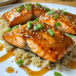 The right ingredients make this dish shine. Here’s what you need to create the perfect honey garlic glazed salmon: - 4 salmon fillets - 1/4 cup honey - 1/4 cup low sodium soy sauce - 4 cloves garlic, minced - 1 tablespoon fresh ginger, grated - 2 tablespoons olive oil - 1 tablespoon sesame oil - 1 teaspoon red pepper flakes (optional) - 2 green onions, chopped - Sesame seeds for garnish These ingredients blend to create a sweet and savory glaze. Honey adds a natural sweetness. Soy sauce brings umami flavor. Garlic and ginger give it a fresh kick. You can adjust the red pepper flakes to make it spicy or keep it mild. Gather these ingredients before you start cooking. Each one plays a key role in making your salmon delicious. You can find the full recipe to get all the details on how to prepare this dish. To start, gather your ingredients. In a bowl, mix honey, soy sauce, minced garlic, grated ginger, olive oil, sesame oil, and red pepper flakes if you want some heat. This mix brings out the best flavors in salmon. Place the salmon fillets in a resealable bag or a shallow dish. Pour the marinade over the salmon, making sure each piece gets coated well. Seal the bag or cover the dish. Let it sit in the fridge for at least 30 minutes. You can go up to 2 hours for extra flavor. Next, preheat your oven to 400°F (200°C). This step is key for even cooking. While it warms up, prepare a baking sheet. Line it with parchment paper to prevent sticking. This makes cleanup a breeze. Now it's time to bake. Take the salmon out of the marinade but save the marinade for later. Place the fillets on the baking sheet, skin side down. Make sure they are spaced out. Bake for about 12-15 minutes. The salmon is done when it flakes easily with a fork. While the salmon bakes, pour the reserved marinade into a small saucepan. Bring it to a boil over medium-high heat. Let it simmer for about 5-7 minutes. You want it to reduce and thicken slightly. This will be your glaze. Once the salmon is ready, take it out of the oven. Brush a good amount of the thickened glaze on top of each fillet. This adds a rich flavor. Return the salmon to the oven for an extra 2-3 minutes. This step caramelizes the glaze and makes it shiny. After baking, let the salmon rest for a few minutes. This helps keep it juicy. Garnish with chopped green onions and sprinkle sesame seeds on top. For a great presentation, serve the salmon on a bed of steamed rice or quinoa. Drizzle any extra glaze around the plate. Add lemon wedges for a fresh touch. For the full recipe, check the details above. Enjoy your delicious honey garlic glazed salmon! When cooking salmon, you can choose between baking and grilling. Baking is easy and keeps the fish moist. Grilling adds a nice char but can dry out the fish if overcooked. To ensure perfect doneness, look for an internal temperature of 145°F (63°C). The salmon should flake easily with a fork when done. To get that tasty glaze, simmer the reserved marinade for about 5-7 minutes. This thickens the sauce and intensifies the flavors. If you want to adjust the sweetness, add more honey or soy sauce. Taste as you go to find the right balance that you enjoy. For a great meal, serve the salmon with steamed rice or quinoa. These sides soak up the glaze well. You can also add fresh vegetables, like broccoli or asparagus, for color and nutrition. For drinks, light white wines, such as Sauvignon Blanc, pair nicely with the dish. If you prefer non-alcoholic options, try sparkling water with lemon. For the complete experience, check out the Full Recipe. {{image_2}} You can swap out honey for other sweeteners. Maple syrup works great if you want a different taste. Use agave nectar for a vegan option. You can also change the oils you use. Try avocado oil for a light flavor. Each oil brings its own twist to the dish. I love pan-searing salmon for a crispy skin. Heat a skillet and add oil. Place the salmon skin-side down and cook for 4-5 minutes. Flip it and cook for another 3-4 minutes. This method gives a nice crunch. Broiling is another fun way to cook salmon. Set your oven to broil, place the salmon on a baking sheet, and watch it cook. Broiling gives a nice char on top. If you need gluten-free options, use tamari instead of soy sauce. It tastes just as good. For low-carb variations, serve the salmon with veggies instead of rice. Zucchini noodles are a great choice. They soak up the honey garlic glaze nicely. You can enjoy this dish while sticking to your diet. To keep your honey garlic glazed salmon fresh, store it in the fridge. Place it in an airtight container. This helps keep the fish moist and prevents smells from mixing. Use it within three days for the best taste. If you want to save it longer, freeze it. Wrap each fillet in plastic wrap, then place them in a freezer bag. This method keeps them safe from freezer burn. When it is time to enjoy your leftovers, reheating is key. The best way to reheat salmon is in the oven. Preheat the oven to 275°F (135°C). Place the salmon on a baking sheet and cover it with foil. Heat for about 15 minutes, or until warm. This method keeps the salmon moist and tasty. You can also use the microwave, but be careful. Heat it in short bursts to avoid drying it out. In the fridge, your salmon lasts for about three days. In the freezer, it can last for about three months. After that, the quality may drop. Always check for any off smells or changes in texture before you eat it. Keeping track of storage time helps you enjoy your honey garlic glazed salmon at its best. For the full recipe, check out the section above. You can tell if salmon is done by its color and texture. Cooked salmon changes from bright pink to a more opaque color. It should also flake easily with a fork. If it looks shiny and moist, it is likely still undercooked. The internal temperature should reach 145°F (63°C) for safe eating. Yes, you can make honey garlic glazed salmon ahead of time. I suggest marinating the salmon the night before. This lets the flavors soak in deeply. You can bake it just before serving. If you have leftovers, store them in an airtight container in the fridge for up to three days. Honey garlic glazed salmon pairs well with many sides. Here are some popular options: - Steamed rice or quinoa - Roasted vegetables like broccoli or asparagus - Mashed potatoes or sweet potatoes - A fresh green salad with a light vinaigrette - Grilled corn on the cob To adjust the spiciness, you can modify the red pepper flakes. If you prefer less heat, use only a pinch. For more spice, add an extra teaspoon or use fresh chili peppers. Taste the glaze before brushing it on the salmon to find your perfect balance. Yes, honey garlic glazed salmon is a healthy choice. Salmon is rich in omega-3 fatty acids. These are good for heart health. The honey adds a touch of sweetness without too many calories. Garlic has many health benefits, including boosting the immune system. Overall, this dish offers great nutrition along with fantastic flavor. For the full recipe, check out the section above. This blog post covers how to make honey garlic glazed salmon. I shared a simple recipe with ingredients and step-by-step instructions. I also included tips for cooking techniques, variations, and storage advice. Honey garlic glazed salmon is easy to make and it tastes great. You can enjoy it now or later with the right storage. Explore different flavors and cooking methods to make it your own. Enjoy your cooking journey and savor every bite of this delicious meal.