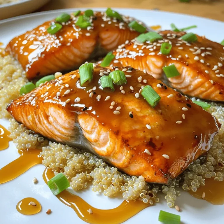 The right ingredients make this dish shine. Here’s what you need to create the perfect honey garlic glazed salmon: - 4 salmon fillets - 1/4 cup honey - 1/4 cup low sodium soy sauce - 4 cloves garlic, minced - 1 tablespoon fresh ginger, grated - 2 tablespoons olive oil - 1 tablespoon sesame oil - 1 teaspoon red pepper flakes (optional) - 2 green onions, chopped - Sesame seeds for garnish These ingredients blend to create a sweet and savory glaze. Honey adds a natural sweetness. Soy sauce brings umami flavor. Garlic and ginger give it a fresh kick. You can adjust the red pepper flakes to make it spicy or keep it mild. Gather these ingredients before you start cooking. Each one plays a key role in making your salmon delicious. You can find the full recipe to get all the details on how to prepare this dish. To start, gather your ingredients. In a bowl, mix honey, soy sauce, minced garlic, grated ginger, olive oil, sesame oil, and red pepper flakes if you want some heat. This mix brings out the best flavors in salmon. Place the salmon fillets in a resealable bag or a shallow dish. Pour the marinade over the salmon, making sure each piece gets coated well. Seal the bag or cover the dish. Let it sit in the fridge for at least 30 minutes. You can go up to 2 hours for extra flavor. Next, preheat your oven to 400°F (200°C). This step is key for even cooking. While it warms up, prepare a baking sheet. Line it with parchment paper to prevent sticking. This makes cleanup a breeze. Now it's time to bake. Take the salmon out of the marinade but save the marinade for later. Place the fillets on the baking sheet, skin side down. Make sure they are spaced out. Bake for about 12-15 minutes. The salmon is done when it flakes easily with a fork. While the salmon bakes, pour the reserved marinade into a small saucepan. Bring it to a boil over medium-high heat. Let it simmer for about 5-7 minutes. You want it to reduce and thicken slightly. This will be your glaze. Once the salmon is ready, take it out of the oven. Brush a good amount of the thickened glaze on top of each fillet. This adds a rich flavor. Return the salmon to the oven for an extra 2-3 minutes. This step caramelizes the glaze and makes it shiny. After baking, let the salmon rest for a few minutes. This helps keep it juicy. Garnish with chopped green onions and sprinkle sesame seeds on top. For a great presentation, serve the salmon on a bed of steamed rice or quinoa. Drizzle any extra glaze around the plate. Add lemon wedges for a fresh touch. For the full recipe, check the details above. Enjoy your delicious honey garlic glazed salmon! When cooking salmon, you can choose between baking and grilling. Baking is easy and keeps the fish moist. Grilling adds a nice char but can dry out the fish if overcooked. To ensure perfect doneness, look for an internal temperature of 145°F (63°C). The salmon should flake easily with a fork when done. To get that tasty glaze, simmer the reserved marinade for about 5-7 minutes. This thickens the sauce and intensifies the flavors. If you want to adjust the sweetness, add more honey or soy sauce. Taste as you go to find the right balance that you enjoy. For a great meal, serve the salmon with steamed rice or quinoa. These sides soak up the glaze well. You can also add fresh vegetables, like broccoli or asparagus, for color and nutrition. For drinks, light white wines, such as Sauvignon Blanc, pair nicely with the dish. If you prefer non-alcoholic options, try sparkling water with lemon. For the complete experience, check out the Full Recipe. {{image_2}} You can swap out honey for other sweeteners. Maple syrup works great if you want a different taste. Use agave nectar for a vegan option. You can also change the oils you use. Try avocado oil for a light flavor. Each oil brings its own twist to the dish. I love pan-searing salmon for a crispy skin. Heat a skillet and add oil. Place the salmon skin-side down and cook for 4-5 minutes. Flip it and cook for another 3-4 minutes. This method gives a nice crunch. Broiling is another fun way to cook salmon. Set your oven to broil, place the salmon on a baking sheet, and watch it cook. Broiling gives a nice char on top. If you need gluten-free options, use tamari instead of soy sauce. It tastes just as good. For low-carb variations, serve the salmon with veggies instead of rice. Zucchini noodles are a great choice. They soak up the honey garlic glaze nicely. You can enjoy this dish while sticking to your diet. To keep your honey garlic glazed salmon fresh, store it in the fridge. Place it in an airtight container. This helps keep the fish moist and prevents smells from mixing. Use it within three days for the best taste. If you want to save it longer, freeze it. Wrap each fillet in plastic wrap, then place them in a freezer bag. This method keeps them safe from freezer burn. When it is time to enjoy your leftovers, reheating is key. The best way to reheat salmon is in the oven. Preheat the oven to 275°F (135°C). Place the salmon on a baking sheet and cover it with foil. Heat for about 15 minutes, or until warm. This method keeps the salmon moist and tasty. You can also use the microwave, but be careful. Heat it in short bursts to avoid drying it out. In the fridge, your salmon lasts for about three days. In the freezer, it can last for about three months. After that, the quality may drop. Always check for any off smells or changes in texture before you eat it. Keeping track of storage time helps you enjoy your honey garlic glazed salmon at its best. For the full recipe, check out the section above. You can tell if salmon is done by its color and texture. Cooked salmon changes from bright pink to a more opaque color. It should also flake easily with a fork. If it looks shiny and moist, it is likely still undercooked. The internal temperature should reach 145°F (63°C) for safe eating. Yes, you can make honey garlic glazed salmon ahead of time. I suggest marinating the salmon the night before. This lets the flavors soak in deeply. You can bake it just before serving. If you have leftovers, store them in an airtight container in the fridge for up to three days. Honey garlic glazed salmon pairs well with many sides. Here are some popular options: - Steamed rice or quinoa - Roasted vegetables like broccoli or asparagus - Mashed potatoes or sweet potatoes - A fresh green salad with a light vinaigrette - Grilled corn on the cob To adjust the spiciness, you can modify the red pepper flakes. If you prefer less heat, use only a pinch. For more spice, add an extra teaspoon or use fresh chili peppers. Taste the glaze before brushing it on the salmon to find your perfect balance. Yes, honey garlic glazed salmon is a healthy choice. Salmon is rich in omega-3 fatty acids. These are good for heart health. The honey adds a touch of sweetness without too many calories. Garlic has many health benefits, including boosting the immune system. Overall, this dish offers great nutrition along with fantastic flavor. For the full recipe, check out the section above. This blog post covers how to make honey garlic glazed salmon. I shared a simple recipe with ingredients and step-by-step instructions. I also included tips for cooking techniques, variations, and storage advice. Honey garlic glazed salmon is easy to make and it tastes great. You can enjoy it now or later with the right storage. Explore different flavors and cooking methods to make it your own. Enjoy your cooking journey and savor every bite of this delicious meal.