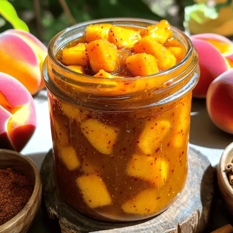 For this chutney, you need fresh peaches. Choose 4 ripe peaches. Ripe peaches are sweet, juicy, and perfect for this recipe. Cut them in half, remove the pit, and dice the flesh. Dicing helps them cook faster and blend well with other flavors. Next, chop 1 small onion finely. The onion adds a savory touch. It balances the sweetness of the peaches. I also like to add fresh ginger. Use 1 teaspoon of grated ginger for a nice kick. This spice brings warmth and depth to the chutney. Now for the sweet and spicy elements. Use 1/2 cup of brown sugar. This sugar adds richness and a hint of caramel. Then, add 1/4 cup of apple cider vinegar. It brings acidity that brightens the dish. For warmth, include 1/4 teaspoon of red pepper flakes. Adjust this to your taste for heat. Add 1/2 teaspoon of ground cinnamon and 1/4 teaspoon of ground cloves, too. These spices enhance the flavor and create a warm aroma. Don’t forget to add salt to taste. Salt helps to bring out all the flavors in this Quick Peach Chutney. You can find the full recipe above to guide you through the process of making this delicious chutney. Start by washing the ripe peaches. Cut them in half and remove the pit. Dice the peaches into small pieces. You want about four cups of diced peaches. Next, finely chop one small onion. This onion adds great flavor. Gather the rest of your ingredients: brown sugar, apple cider vinegar, grated ginger, ground cinnamon, ground cloves, and red pepper flakes. These spices will give your chutney a rich taste. In a medium saucepan, mix the diced peaches, chopped onion, and brown sugar. Stir well and let it sit for about five minutes. This helps the peaches release their juices. Add the apple cider vinegar, ginger, cinnamon, cloves, and red pepper flakes. Stir everything together. Bring the mixture to a gentle boil over medium heat. Once it boils, lower the heat and let it simmer. Cook uncovered for 15 to 20 minutes. Stir occasionally. The chutney should thicken, and the peaches will break down. After simmering, taste your chutney. Add salt to enhance the flavors. If you want a smoother texture, use an immersion blender. Blend until you reach your desired consistency. After blending, remove the saucepan from heat. Allow the chutney to cool. It will thicken more as it cools. Once cool, transfer it to a clean jar. You can serve it warm or cold. This chutney pairs well with many dishes. For the full recipe, check out the recipe section above. Choose peaches that are ripe. Look for peaches that are firm but slightly soft. You want them to have a sweet smell. Check for smooth skin without bruises. Yellow or golden hues show good flavor. If they feel hard, leave them out for a few days to ripen. To boost flavors, use fresh herbs like basil or mint. A splash of lemon juice adds brightness. You can mix in other fruits like mango or pineapple for unique taste. Adding spices like cumin or coriander can deepen the flavor. A pinch of salt makes all the flavors pop. Avoid using overripe peaches; they can turn mushy. Don't rush the cooking process; let it simmer slowly. Stir often to prevent sticking and burning. If you skip tasting, you may miss adjusting flavors. Lastly, don't forget to let it cool before storing; it helps the chutney set. For a full recipe, check out the Quick Peach Chutney section. {{image_2}} You can switch up ingredients to change the taste. Try using nectarines instead of peaches for a twist. If you want a milder chutney, use less onion. You can also swap brown sugar for honey or maple syrup for a unique sweetness. For a tangy kick, use white wine vinegar instead of apple cider vinegar. These small changes can make a big difference. To add heat, use more red pepper flakes or even some chopped jalapeños. If you prefer a sweeter chutney, simply increase the amount of brown sugar or honey. You can also add dried fruits like raisins or apricots. They bring extra sweetness and texture. Adjusting these levels helps you create a chutney that fits your taste. Quick peach chutney pairs well with many dishes. It complements grilled meats like chicken or pork beautifully. Try it on sandwiches for a fresh flavor boost. You can also serve it with cheese and crackers for a tasty appetizer. The chutney adds a lovely contrast to rich, savory foods. These pairings make your meal more exciting and flavorful. For the full recipe, check out the Quick Peach Chutney section. To keep your peach chutney fresh, store it in a clean glass jar. Make sure the jar has a tight lid. This keeps air out and helps maintain the flavor. Allow the chutney to cool before sealing it. You can store it in the fridge for up to two weeks. Always use a clean spoon to scoop out the chutney. This prevents contamination and keeps it safe to eat. If you want to save your chutney for longer, freezing is a great option. Pour the chutney into airtight freezer bags or containers. Make sure to leave some space at the top, as the chutney will expand when frozen. Label the bags with the date, so you know when you made it. You can freeze peach chutney for up to six months. When ready to use, thaw it in the fridge overnight for best results. Peach chutney lasts about two weeks in the fridge. After this, it may lose flavor and freshness. If you freeze it, you can enjoy it for months. Use it in many dishes, like grilled meats, sandwiches, or even with cheese. This chutney's sweet and spicy flavor enhances many meals. For the full recipe, check out the earlier section. Yes, you can use frozen peaches for this recipe. Just thaw them first. Drain any excess liquid before you chop them. This will help keep the chutney from becoming too watery. The flavor may be a bit different, but it will still be tasty. Homemade peach chutney can last about two weeks in the fridge. Store it in an airtight jar. If you want it to last longer, you can freeze it. Just make sure to leave some space in the jar for expansion. Peach chutney goes great with many dishes. Try it with grilled chicken or fish. It also works well as a topping for burgers or sandwiches. You can even serve it with cheese and crackers for a fun snack. For more ideas, check out the Full Recipe for inspiration! This blog covered how to make peach chutney. We explored key ingredients like fresh peaches and onions. I shared steps for cooking and achieving the right texture. You also learned tips to choose the best peaches and enhance flavors. Variations can customize your chutney to suit your taste. Lastly, I provided storage tips to keep your chutney fresh. Making peach chutney is simple and fun. Enjoy it with various dishes to bring vibrant flavors to your meals.