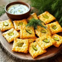 To make Pickle Ranch Snack Crackers, gather these simple ingredients: - 1 cup all-purpose flour - 1/2 cup cornmeal - 1 teaspoon baking powder - 1/2 teaspoon baking soda - 1/2 teaspoon salt - 1 tablespoon ranch seasoning mix - 1/4 cup dill pickle juice - 1/4 cup melted butter - 1/2 cup shredded cheddar cheese - 1/4 cup dill pickle slices (finely chopped) This mix of ingredients creates a tasty, crunchy snack. You can swap ingredients to meet dietary needs: - Use gluten-free flour instead of all-purpose flour for a gluten-free option. - Swap cornmeal with oat flour for a different texture. - Replace butter with coconut oil for a dairy-free version. - Use nutritional yeast instead of cheddar cheese for a vegan option. These substitutions still keep the flavor, so you won’t miss out. Choosing fresh ingredients is key for the best snack crackers. Here are some tips: - Flour and Cornmeal: Check for freshness by looking for a clean smell. If it smells off, don’t use it. - Dill Pickle Juice: Use juice from fresh pickles. Look for bright green pickles, not brown or soft ones. - Cheddar Cheese: Choose a block of cheese over pre-shredded. Block cheese melts better and tastes fresher. Fresh ingredients make your Pickle Ranch Snack Crackers taste great! To start, gather your ingredients. You need flour, cornmeal, baking powder, baking soda, salt, ranch seasoning, dill pickle juice, melted butter, cheddar cheese, and dill pickles. First, preheat your oven to 350°F (175°C). Line a baking sheet with parchment paper to prevent sticking. In a large bowl, mix the flour, cornmeal, baking powder, baking soda, salt, and ranch seasoning. Whisk these well so that they blend completely. Next, add the dill pickle juice and melted butter. Stir this mixture until it forms a soft dough. Then, fold in the shredded cheese and chopped pickles until they are evenly mixed. Now, it's time to shape your crackers. Roll the dough into small balls, about the size of a quarter. Place the balls on the prepared baking sheet, ensuring they have space between them. This space is important as they will expand while baking. After that, flatten each ball slightly using your fingers or a fork. This helps them take on a cracker shape for even baking. Bake the crackers in the oven for 12-15 minutes. You want to see the edges turn lightly golden. This color means they are crisping up nicely. Once baked, let them cool on the sheet for a few minutes. Then, transfer them to a wire rack to cool completely. This cooling step is key for achieving the perfect crunch. For the full recipe, be sure to check out the detailed steps and tips! To boost the taste of Pickle Ranch Snack Crackers, use fresh herbs. Dill works great, and you can add it right into the dough. If you want a kick, try adding red pepper flakes or cayenne. These spices will make your crackers pop with flavor. You can also sprinkle some sea salt on top before baking for extra crunch. Using the right tools makes cooking easier. A large mixing bowl is a must for combining your dry and wet ingredients. A whisk helps mix everything smoothly. You’ll need a baking sheet and parchment paper to prevent sticking. A fork is handy for flattening the dough balls into crackers. Finally, a wire rack helps cool the crackers evenly once they come out of the oven. One common mistake is overmixing the dough. Mix just until combined, and don’t worry about lumps. Another mistake is not spacing the crackers apart on the baking sheet. They need room to expand while baking. Keep an eye on the time; baking too long can make them hard instead of crisp. Lastly, let them cool completely before storing to maintain their texture. For the full recipe, check the detailed instructions above. {{image_2}} You can easily customize your Pickle Ranch Snack Crackers. For a spicy kick, add some cayenne pepper or crushed red pepper flakes. You could also try adding garlic powder for a savory note. Want an herb twist? Mix in some dried dill or parsley. Each option brings a new taste that makes the crackers fun and exciting. These crackers are great on their own, but you can serve them in many ways. Try stacking them with cheese slices for a quick snack. You can also crush them to use as a topping on salads or soups. If you want to impress guests, layer them with some cream cheese and smoked salmon. This adds a touch of elegance to your spread. Pairing your Pickle Ranch Snack Crackers with dips can elevate your snack time. Ranch dip is a classic choice, but you can also try hummus or guacamole. For a tangy twist, serve them with a pickle dip. As for drinks, sparkling water with a slice of lemon works well. If you prefer something stronger, a crisp beer complements the flavors nicely. With these variations, your Pickle Ranch Snack Crackers will never be boring. For the full recipe, check out the instructions above! To keep your Pickle Ranch Snack Crackers fresh, store them in an airtight container. This helps prevent moisture and keeps them crunchy. Place the container in a cool, dry spot away from direct sunlight. If you follow these steps, your crackers will taste great for days. To extend the shelf life of your crackers, you can add a small packet of silica gel inside the container. This helps absorb any moisture that might sneak in. Also, make sure to consume your crackers within two weeks for the best taste. If you notice any changes in smell or texture, it’s time to toss them. If you want to keep your Pickle Ranch Snack Crackers for a longer time, freezing is a great option. Place the crackers in a freezer-safe bag or container, removing as much air as possible. They can last up to three months in the freezer. When you’re ready to enjoy them, simply thaw at room temperature for a few hours. You can also reheat them in the oven for a few minutes to regain their crispness. You can find Pickle Ranch Snack Crackers at many grocery stores. Look in the snack aisle or the section for specialty crackers. Online stores also carry them. Websites like Amazon or Walmart often have them in stock. If you want to make them at home, check the Full Recipe for all the steps. Pickle Ranch Snack Crackers are a tasty snack. Each serving has about 80 calories. They contain 4 grams of fat, 10 grams of carbs, and 2 grams of protein. The exact amounts can vary based on your ingredients. Always check the labels on your products for accurate info. Yes, you can make Pickle Ranch Snack Crackers ahead of time. They store well in an airtight container. You can keep them fresh for about a week. If you want to save them longer, you can freeze them. Just let them cool before freezing. Enjoy them later for a quick snack! To sum up, we explored how to make Pickle Ranch Snack Crackers. We went over the ingredients, including swaps for diets and tips for freshness. I shared step-by-step instructions for prepping, shaping, and baking. We discussed flavor tricks and tools that help, plus common mistakes to avoid. I also suggested fun flavor variations and serving ideas. Finally, we covered storage tips to keep your crackers fresh. With these insights, you can enjoy tasty homemade snacks effortlessly.