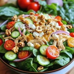 - 2 cups cooked chicken breast, shredded - 4 cups mixed greens (spinach, arugula, and romaine) - 1/2 cup cherry tomatoes, halved - 1/4 cup red onion, thinly sliced - 1/2 cucumber, diced - 1/4 cup walnuts, chopped - 1/2 cup feta cheese, crumbled - 1/4 cup honey mustard dressing (store-bought or homemade) - Salt and pepper to taste When I create my honey mustard chicken salad, I focus on fresh and simple ingredients. The base starts with cooked chicken breast. I prefer to shred it for easy bites. I combine this with mixed greens, which bring a nice crunch. Spinach, arugula, and romaine mix well together for flavor. Next, I add cherry tomatoes. Their sweetness brightens the dish. Red onion gives it a little bite. I slice it thinly so it does not overpower. For some extra crunch, I include diced cucumber and chopped walnuts. The walnuts add a nutty flavor that I love. Feta cheese is a must for creaminess. Its saltiness balances the sweetness of the honey mustard dressing. Finally, I season my salad with salt and pepper to taste. This simple blend brings all the flavors together. For the full recipe and step-by-step instructions, check out the Full Recipe. - Shred the cooked chicken breast and place it in a mixing bowl. - Add mixed greens and gently toss with the chicken. Starting with the chicken, I like to use leftover cooked chicken. It saves time and adds flavor. Shredding the chicken helps it mix well with the greens. - Incorporate cherry tomatoes, red onion, cucumber, and walnuts. - Drizzle the honey mustard dressing over the salad and toss to coat. Next, I add the cherry tomatoes, red onion, cucumber, and walnuts. Each ingredient adds a unique taste and crunch. The honey mustard dressing ties it all together, giving a sweet and tangy flavor. - Season with salt and pepper to taste. - Top with crumbled feta cheese and serve immediately or chill for up to 30 minutes. Finally, I season with salt and pepper. Crumbled feta cheese adds creaminess and a bit of saltiness. You can serve it right away or chill it for a refreshing salad. This dish is perfect for lunch or dinner. For the full recipe, check out the details above. - Use leftover or rotisserie chicken for easier prep. This saves time and adds flavor. - Opt for fresh, organic produce for better flavor. Fresh ingredients make your salad shine. - Serve in large bowls with extra walnuts and feta on top. This adds a nice crunch and creaminess. - Garnish with whole mixed greens for an appealing look. It makes your dish pop with color. - Experiment with adding fruits, like apples or strawberries. These add sweetness and freshness to your salad. - Use homemade honey mustard dressing for a personal touch. It’s easy to make and tastes great. For the full recipe, check the section above. {{image_2}} You can switch up the protein in your honey mustard chicken salad. If you want a change from chicken, try using shredded turkey. It adds a nice flavor, too. Grilled shrimp also works well for a fresh twist. If you prefer a vegetarian option, add chickpeas. They provide protein and a satisfying bite. If you want to try a different flavor, use balsamic vinaigrette instead of honey mustard. It adds a tangy taste that balances well with the salad. For a lighter dressing, consider a yogurt-based option. This creates a creamy texture without being heavy. To make your salad even better, try adding avocado. It brings creaminess and healthy fats to the dish. You can also toss in cranberries or raisins for a sweet twist. These add a burst of flavor and a chewy texture that complements the greens. You can store leftover honey mustard chicken salad in the fridge. Use an airtight container. It will stay fresh for up to 3 days. When you want to eat it, give it a quick stir. This keeps all the flavors mixed. Freezing this salad is not a good idea. The greens will lose their crispness and texture. They can become mushy when thawed. It's best to enjoy your salad fresh. You can prep ingredients ahead of time for ease. Shred the chicken and chop the veggies. Keep these items in separate containers. Assemble the salad just before serving. This keeps everything fresh and crunchy. To make honey mustard dressing, combine equal parts honey and mustard. You can add a splash of vinegar for tang. This simple mix brings a sweet and savory flavor to your salad. You can adjust the ratio to suit your taste. If you like it sweeter, add more honey. For a spicier kick, increase the mustard. Yes, you can use other greens for your salad. Kale is a great option and adds a nice crunch. Mixed baby greens also work well for a softer texture. Feel free to experiment with your favorite greens. Each green adds its own flavor and nutrition. This flexibility lets you customize the dish to your liking. To make the salad more filling, consider adding grains. Quinoa is a fantastic choice. It is high in protein and adds a nice texture. You can also use farro for a chewy bite. These grains make the salad heartier and more satisfying. This way, you can enjoy it as a full meal. This blog post covered a tasty chicken salad recipe. It included key ingredients like chicken, greens, and a flavorful dressing. You learned step-by-step instructions for easy preparation and tips for great flavor. We also explored variations and storage options. In conclusion, this salad is flexible and fun to make. You can easily change ingredients to suit your taste. Enjoy experimenting with new flavors and combinations. Your meals can be healthy, delicious, and exciting!