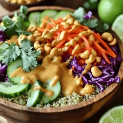 - 1 cup quinoa, rinsed - 2 cups vegetable broth - 1 cup shredded carrots - 1 cup red cabbage, thinly sliced - 1 bell pepper (red or yellow), sliced - 1 cucumber, diced - 1 cup edamame (shelled) - 1/4 cup fresh cilantro, chopped - 1/4 cup roasted peanuts, chopped (for topping) For the Peanut Sauce: - 1/4 cup creamy peanut butter - 2 tablespoons soy sauce (or tamari for gluten-free) - 1 tablespoon maple syrup - 2 tablespoons rice vinegar - 1 teaspoon sesame oil - 1-2 teaspoons sriracha (to taste) - Water for thinning, if needed For extra flavor, you can add toppings like: - Sliced green onions - Sesame seeds - Crushed red pepper You can also vary the recipe for different diets. Try using: - Cauliflower rice instead of quinoa for low-carb - Different nuts or seeds for those with nut allergies Each serving has about: - 400 calories - 15g of protein - 15g of fat - 60g of carbs This meal is colorful, filling, and gives you a balance of nutrients. For the full recipe, check out the detailed instructions. 1. Start by boiling vegetable broth in a medium saucepan. 2. Once it boils, add 1 cup of rinsed quinoa. 3. Reduce the heat to a simmer and cover the pot. 4. Cook for about 15 minutes. The liquid should absorb fully. 5. After cooking, fluff the quinoa with a fork and set it aside. 1. In a small bowl, mix together the peanut butter, soy sauce, maple syrup, rice vinegar, sesame oil, and sriracha. 2. If the sauce is too thick, add water one teaspoon at a time. 3. Stir until you reach the right thickness. 1. Begin by placing a generous scoop of quinoa in each serving bowl. 2. Layer on the shredded carrots, red cabbage, sliced bell pepper, diced cucumber, and edamame. 3. Arrange the vegetables artfully around the bowl for a beautiful look. 4. Drizzle the peanut sauce over the top. 5. For a final touch, sprinkle chopped cilantro and roasted peanuts. This step-by-step guide will help you create a vibrant and nutritious meal. For the complete ingredients and instructions, check the Full Recipe. You can swap out veggies to match your taste. Try using: - Broccoli florets - Snap peas - Sweet corn - Spinach These swaps add variety and keep your bowl fresh. You can also change the peanut sauce. If you want a different flavor, try: - Almond butter instead of peanut butter - Adding fresh ginger for zing - Using lime juice for a citrus twist Pair your Buddha bowl with sides like: - Fresh spring rolls - Crispy tofu - A light salad with a citrus dressing For drinks, consider serving: - Herbal iced tea - Coconut water - Sparkling water with lime To make your dish pop, present it on vibrant plates. Add lime wedges for a splash of color and flavor. A common mistake is overcooking quinoa. This can lead to a mushy texture. Always watch the cooking time closely. Another issue is making the peanut sauce too thick. Thin it out by adding water gradually. This ensures a smooth drizzle over your bowl. For the full recipe, check out the detailed instructions earlier in this article. {{image_2}} You can make a vegan Thai Peanut Buddha Bowl easily. Start by swapping out the regular soy sauce for a gluten-free option like tamari. This keeps the dish vegan and gluten-free. For protein, you might replace edamame with chickpeas or tofu. Both options add a hearty touch. For toppings, consider using sliced avocado or roasted chickpeas. These give your bowl a creamy or crunchy texture. Fresh herbs like mint or basil can also brighten the dish. They add a nice pop of flavor. If you need a gluten-free option, choose gluten-free soy sauce or tamari. This simple swap makes your dish safe for those with gluten intolerance. You can also switch the quinoa for rice or millet. Both grains work well and keep the meal light. Another great alternative is cauliflower rice. It’s low in carbs and adds a different texture. You can prepare it quickly by grating fresh cauliflower and lightly sautéing it. Using seasonal veggies can enhance your Buddha bowl. In spring, add fresh peas or asparagus for a crunch. In summer, try ripe tomatoes or zucchini for a juicy burst. Fall brings in sweet squash or brussels sprouts, adding warmth. Winter can feature hearty root vegetables like carrots and sweet potatoes. Each season offers unique flavors. Spring veggies are fresh and bright, while winter veggies are rich and earthy. Adjust your peanut sauce too. For a summer bowl, add lime juice for a zesty kick. In winter, a touch of ginger can warm things up. For the full recipe of Thai Peanut Buddha Bowls, check out the details above. To keep your Thai Peanut Buddha Bowls fresh, use airtight containers. Glass containers work well because they don’t absorb smells. Plastic containers are also handy for quick storage. You can keep the bowls in the fridge for up to four days. This helps keep the veggies crunchy and the quinoa fluffy. You can freeze individual components of the bowl. It’s best to freeze the quinoa and the peanut sauce separately. Store them in freezer bags or containers. They will last for up to three months. When you’re ready to eat, thaw them in the fridge overnight. To reheat, warm quinoa in a pan or microwave. For the sauce, heat it gently on the stove. If it's too thick, add a bit of water to smooth it out. Preparing these bowls in advance makes busy days easier. You can cook the quinoa and chop the veggies ahead of time. Store each component in separate containers. This way, you can mix and match for quick meals. Portioning them into single servings helps grab-and-go. It’s a great way to enjoy healthy, tasty meals all week long. Check out the Full Recipe for more details! You can meal prep these bowls easily. Cook the quinoa and store it in an airtight container. Chop your veggies and keep them in separate containers. Make the peanut sauce and keep it in the fridge. When you’re ready to eat, just assemble your bowl. This method saves time and keeps your ingredients fresh. Yes, you can use other nut butters like almond or cashew butter. Keep in mind that these butters have different flavors. Almond butter is milder, while cashew butter is creamier. These changes might affect the taste and texture. Try to pick one that matches your preference. These bowls pair well with several side dishes. Consider serving them with spring rolls for a crunchy bite. A simple cucumber salad also works nicely. For a refreshing drink, try iced green tea. These sides will enhance your meal and add variety. To change the spice level, adjust the sriracha. Start with a little, then taste and add more if needed. You can also add crushed red pepper for extra heat. If you want less spice, reduce or skip the sriracha. These simple changes can make a big difference! This blog post covered how to make delicious Thai Peanut Buddha Bowls. We explored the main and optional ingredients, along with their nutrition facts. You learned step-by-step cooking instructions and helpful tips for customization and presentation. Seasonal variations and storage methods were also discussed to enhance your meal prep. In closing, these bowls offer a tasty, healthy option for any meal. Enjoy experimenting with your favorite flavors and make it your own!