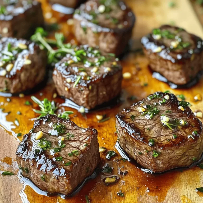 To make easy garlic butter steak bites, you need the right ingredients. Here’s what you will need: - 1 pound sirloin steak, cut into bite-sized cubes - 4 tablespoons unsalted butter - 4 cloves garlic, minced - 1 teaspoon fresh rosemary, finely chopped - 1 teaspoon fresh thyme, finely chopped - Salt and black pepper to taste - 1 tablespoon olive oil - 1 tablespoon soy sauce - Fresh parsley, chopped (for garnish) Each ingredient plays a key role. The sirloin steak gives a rich flavor. The butter adds creaminess, while garlic brings a strong taste. Fresh herbs like rosemary and thyme give a nice touch. Season with salt and pepper to enhance the flavors. Olive oil helps to cook the steak bites perfectly. Soy sauce adds a savory depth. Finally, parsley brightens up the dish as a garnish. For the full recipe, check out the detailed cooking steps. Enjoy creating a tasty dinner delight! To prepare the steak cubes, start with one pound of sirloin steak. Cut the steak into bite-sized pieces. This helps them cook evenly and quickly. Make sure each cube is about the same size, so they all cook at the same rate. When it comes to seasoning, I like to keep it simple. Generously sprinkle salt and black pepper on the steak cubes. This enhances the meat's natural flavor. You can also mix in some garlic powder for extra taste. For cooking times, if you prefer medium-rare steak, aim for about 4-6 minutes total. Cook for 2-3 minutes on one side, then flip and cook for another 2-3 minutes. If you want it more done, add a minute or two. Start by heating the skillet. Use a large skillet and add one tablespoon of olive oil. Heat it over medium-high heat until it shimmers. This shows the oil is hot enough for searing. Carefully add the steak bites to the skillet. Make sure not to overcrowd the pan. If needed, cook in batches. Sear the cubes for about 2-3 minutes without moving them. This gives them a nice crust. Now, let’s make the garlic butter sauce. After removing the steak, lower the heat to medium. Add four tablespoons of unsalted butter to the same skillet. Once the butter melts, add four cloves of minced garlic, one teaspoon of fresh rosemary, and one teaspoon of fresh thyme. Sauté for 1-2 minutes until fragrant. Be careful not to burn the garlic, as it turns bitter. Next, return the steak bites to the skillet. Pour in one tablespoon of soy sauce and toss everything together. Make sure each piece is well coated in the garlic butter sauce. Heat through for about one more minute. Before serving, garnish with fresh parsley. This adds a nice touch of color. You can serve the steak bites on a wooden board or a stylish platter. Drizzle with the garlic butter sauce for a beautiful finish. For easy serving, consider adding toothpicks if you use this as an appetizer. For the full recipe, check out the details above! To cook steak bites well, choose high-quality sirloin. This cut gives great flavor and tenderness. For the best taste, use medium-high heat and sear the steak in batches. This way, you avoid steaming the meat. If you want more flavor, add your favorite spices. Try smoked paprika or garlic powder to enhance the taste. Adjust the salt and pepper for your liking, too. Garlic is key to this dish. To keep it from burning, lower the heat before adding it to the butter. Stir the garlic often and watch it closely. If it turns brown, it can taste bitter. For extra flavor, add a splash of lemon juice or parmesan cheese to the butter. This can make the dish richer and more vibrant. Serving steak bites well can make your meal special. Use a wooden board or a nice platter for a rustic look. Drizzle the garlic butter sauce on top and sprinkle with fresh parsley. It adds color and freshness. For fun, use toothpicks for easy serving. This makes them great for parties or casual meals. You can also serve with dipping sauces for extra flair. {{image_2}} You can switch sirloin steak for chicken, shrimp, or even plant-based proteins. Chicken works well. Use boneless, skinless pieces cut into bite-sized pieces. Shrimp cooks quickly, so keep an eye on it. For plant-based options, try tofu or tempeh. Both soak up flavors nicely. Don't be afraid to get creative with herbs and spices! Try adding basil, oregano, or even dill. Each herb brings a new taste. For a spicy kick, sprinkle in chili flakes or add your favorite hot sauce. This can change the dish to suit your mood. Steak bites pair well with many sides. Consider mashed potatoes, rice, or a fresh salad. For drinks, red wine or a cold beer complements the savory flavors. You can also serve with a dipping sauce, like a garlic aioli or a spicy mayo. This adds another layer of taste to your meal. After enjoying your garlic butter steak bites, store any leftovers properly. Use an airtight container. This keeps the steak fresh and prevents any odors from mixing in your fridge. Make sure to let the steak cool before sealing the container. Place it in the refrigerator and eat within three days for the best taste. To reheat your steak bites, use a skillet over low heat. This helps maintain the juicy texture. Add a small amount of butter to the pan. Once melted, add the steak bites. Heat for about 2-3 minutes, flipping them gently. This keeps the flavor intact and prevents drying out. Yes, you can freeze garlic butter steak bites! First, let them cool completely. Then, place them in a freezer-safe bag or container. Remove as much air as possible to avoid freezer burn. They can stay fresh for up to three months. When ready to eat, thaw in the fridge overnight and reheat as mentioned above for best results. How long to cook steak bites for medium-rare? Cook the steak bites for about 4-6 minutes total. Start with 2-3 minutes on one side, then flip and cook for another 2-3 minutes. Use a meat thermometer to check for 130°F for perfect medium-rare. Can I make this recipe in advance? Yes, you can! Cook the steak bites and store them in the fridge for up to 3 days. Reheat them in a skillet with a little oil to keep them juicy. What is the best way to season steak bites? Simple is best! Use salt and black pepper for a good base. You can also add garlic, rosemary, or thyme for more flavor. Fresh herbs really boost the taste. Is this recipe gluten-free? This recipe is not gluten-free because of the soy sauce. You can use tamari instead, which is gluten-free. Always check the label to be sure. How can I make this dish dairy-free? To make this dish dairy-free, replace the butter with olive oil or a dairy-free butter substitute. This keeps the rich flavor without the dairy. What can I replace soy sauce with? You can use coconut aminos as a soy sauce alternative. It has less sodium and a slightly sweeter taste. Alternatives for butter in this recipe? You can use olive oil or ghee instead of butter. They both add flavor and keep the dish rich and tasty. You learned how to make tasty garlic butter steak bites using simple ingredients. We covered every step, from seasoning to cooking and serving. You can use different meats or flavors to suit your taste. Remember to store your leftovers properly and reheat them carefully to keep them great. This dish is easy to customize and a real crowd-pleaser. Enjoy making it your own and sharing it with friends and family. Your next meal is just a tasty bite away!