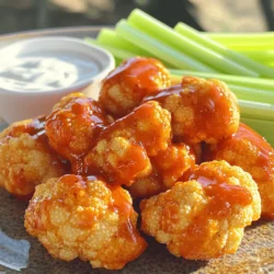 - 1 large head of cauliflower, cut into bite-sized florets - 1 cup all-purpose flour (or gluten-free flour) - 1 cup almond milk (or any non-dairy milk) - 1 teaspoon garlic powder - 1 teaspoon onion powder - 1 teaspoon smoked paprika - 1/2 teaspoon salt - 1/4 teaspoon black pepper The main star here is cauliflower. It has a great texture and soaks up flavors. You want to cut it into small, bite-sized pieces. This helps each floret get crispy. Next, mix flour and almond milk. This batter gives the wings a nice coating. The seasonings add taste. Garlic powder and onion powder give depth. Smoked paprika brings a hint of smokiness, while salt and pepper balance the flavors. - 1 cup hot sauce (like Frank's RedHot or your favorite brand) - 2 tablespoons unsalted butter (or vegan butter) For the sauce, hot sauce is key for that classic Buffalo flavor. You can pick your favorite brand. Mixing it with melted butter creates a rich, tasty coating. If you prefer a vegan option, just use vegan butter. It works the same! - Celery sticks - Ranch dressing When serving, I love adding crunchy celery sticks. They are cool and refreshing. A side of ranch dressing pairs perfectly with the spicy wings. It helps cool down the heat and adds creaminess. You can also try blue cheese dressing for a classic touch. Enjoy your crispy Buffalo cauliflower wings with these delicious sides! Preheating the Oven Start by preheating your oven to 450°F (232°C). This high heat helps create a crispy texture. Line a baking sheet with parchment paper for easy cleanup. Preparing the Batter In a large bowl, mix 1 cup of all-purpose flour with 1 cup of almond milk. Add 1 teaspoon of garlic powder, 1 teaspoon of onion powder, 1 teaspoon of smoked paprika, 1/2 teaspoon of salt, and 1/4 teaspoon of black pepper. Whisk until smooth. This batter gives the cauliflower a tasty coating. Coating the Florets Take your cauliflower head and cut it into bite-sized florets. Dip each floret into the batter. Make sure they are well-coated. Shake off any extra batter. Place the florets on your baking sheet in a single layer. First Baking Period Bake the cauliflower in the preheated oven for 20-25 minutes. Keep an eye on them. You want them to be golden and crispy. Preparing the Sauce While the cauliflower bakes, melt 2 tablespoons of butter in a small saucepan over low heat. Once melted, take it off the heat. Stir in 1 cup of hot sauce until well mixed. This sauce adds the classic Buffalo flavor. Final Baking When the cauliflower wings are crispy, take them out of the oven. Toss them in the buffalo sauce until they are completely coated. Return them to the baking sheet and bake again for 5-10 minutes. This helps caramelize the sauce and makes them even crispier. Enjoy your Buffalo Cauliflower Wings with celery sticks and ranch dressing! For the full recipe, check out the [Full Recipe]. - Oven Temperature: Set your oven to 450°F (232°C). This high heat helps the cauliflower wings get crispy. - Baking Sheet Prep: Line your baking sheet with parchment paper. This prevents sticking and ensures even cooking. - Spice Adjustments: Feel free to play with spices. Add more garlic powder or a pinch of cayenne for heat. This boosts the flavor profile. - Sauce Combinations: Mix hot sauce with different flavors. Try adding honey for sweetness or vinegar for tang. This will give your wings a unique twist. - Best Pairings: Serve the wings with celery sticks. They add crunch and freshness. Pair them with ranch dressing for a classic combo. - Presentation Ideas: Arrange the wings on a platter. Garnish with fresh herbs like parsley. This makes the dish look even more inviting. For the full recipe, check out the Buffalo Cauliflower Wings 🥦 section. {{image_2}} Gluten-Free Options If you want to keep it gluten-free, try using almond flour or chickpea flour. Both options give a nice texture and flavor. Almond flour adds nuttiness, while chickpea flour gives a slight earthiness. You can mix them with some cornstarch to help with crispiness. Whole Wheat Substitutes For a healthier twist, whole wheat flour works well. It adds fiber and a bit more flavor. This option is great if you want a bit of a wholesome touch without losing crunch. BBQ Buffalo Cauliflower If you love BBQ, mix your hot sauce with BBQ sauce. This gives a smoky, sweet flavor that pairs well with the cauliflower. Just coat the wings with the BBQ mix after baking, just like you do with the classic buffalo sauce. Sweet Chili Flavor For a sweeter version, use sweet chili sauce. It adds a nice balance of sweet and spicy. Toss the baked cauliflower in the sweet chili sauce for a fun twist that everyone will love. Air Fryer Instructions Using an air fryer is a great way to make these wings even crispier. Coat the cauliflower as usual, then place them in the air fryer basket. Cook at 400°F for about 12-15 minutes. Shake the basket halfway for even cooking. Grilling Options Grilling adds a lovely smoky flavor. After coating the florets, place them on a grill. Cook over medium heat for about 10-15 minutes, turning them often. Make sure they are crispy and well-cooked before adding your sauce. With these variations, you can tailor your Buffalo cauliflower wings to fit your taste. Whether you prefer a gluten-free option or a smoky BBQ twist, there's a recipe for everyone to enjoy. For the full recipe, be sure to check out the complete guide! - Storing Leftovers: Let the Buffalo Cauliflower Wings cool down. Place them in a shallow dish. Cover it tightly with plastic wrap or a lid. They stay fresh for up to three days in the fridge. - Best Containers: Use airtight containers. Glass or BPA-free plastic works well. They help keep the wings crispy and reduce any odor. - Oven Recrisping: Preheat your oven to 375°F (190°C). Spread the cauliflower wings on a baking sheet. Bake for about 10 minutes. This keeps them crispy and tasty. - Microwave Considerations: The microwave is quick but can make them soggy. If you use it, place a paper towel under the wings. Heat in short bursts to avoid overcooking. - How to Freeze: Let the wings cool completely. Place them in a single layer on a baking sheet. Freeze for an hour. Then transfer to a freezer-safe bag. Remove as much air as possible. They will keep for up to two months. - Thawing Methods: For best results, thaw in the fridge overnight. You can also reheat directly from frozen. Just add a few extra minutes to the oven time. For the full recipe, check the details above. Enjoy your delicious Buffalo Cauliflower Wings! To make Buffalo Cauliflower Wings vegan, you need to swap a few ingredients. Use a plant-based milk, like almond milk, instead of regular milk. For the butter, use vegan butter. You can also use gluten-free flour if needed. - Substitutions: - Almond milk for regular milk - Vegan butter for unsalted butter - Gluten-free flour for all-purpose flour - Key Considerations: Make sure the hot sauce you choose is vegan. Always read the label. Check for gluten-free options if necessary. These changes keep the wings tasty and healthy. Yes, you can use frozen cauliflower for this recipe. Just make sure to thaw it first. Frozen cauliflower can be a great time-saver. - Thawing and Preparation: Thaw the cauliflower in the fridge overnight or use the microwave for quick thawing. Once thawed, drain any excess water. Pat the florets dry to help them crisp up. - Cooking Adjustments: You may need to bake them a bit longer. Check for crispiness. The texture of frozen cauliflower may differ from fresh, but the flavor stays great. Buffalo Cauliflower Wings taste amazing with several dips. A classic choice is ranch dressing. Blue cheese dressing is another popular option. Both pair well with the spicy flavor. - Popular Dipping Options: - Ranch dressing - Blue cheese dressing - Celery sticks for crunch - Healthier Alternatives: Try yogurt-based dips or hummus for a lighter choice. You can also mix plain yogurt with herbs for a zesty dip. These options still add great flavor without extra calories. For the complete recipe, check out the [Full Recipe] section! You learned how to make tasty Buffalo Cauliflower Wings. We covered all the steps. From ingredients to baking tips, you now have everything needed for success. Remember to try different sauces and cooking methods to keep things fun. Don’t forget about storage tips for leftovers and reheating. With these ideas, you can impress everyone at your table. Enjoy making and sharing this dish!